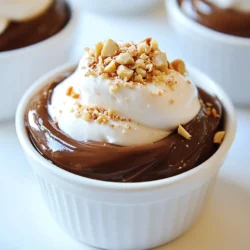 - 200g dark chocolate (70% cocoa), chopped - 2 tablespoons unsweetened cocoa powder - 3 large eggs, separated - 1/4 cup granulated sugar - 1 tablespoon vanilla extract - 1 cup heavy whipping cream - 1/2 cup hazelnut spread (like Nutella) - 1/4 cup crushed hazelnuts, for garnish - A pinch of salt I like to use precise measurements for best results. Here’s a quick guide: - 200g is about 7 ounces of chocolate. - 1/4 cup of sugar equals about 50 grams. - 1 cup of heavy cream is about 240 milliliters. These measurements help ensure your mousse turns out perfect. You can easily swap some ingredients for others. Here are a few ideas: - For eggs, you can use 1/4 cup of applesauce per egg. This works well for a vegan option. - If you want a dairy-free mousse, use coconut cream instead of heavy cream. - You can replace hazelnut spread with almond or peanut butter for a different taste. These substitutions keep your dessert tasty and fun! {{ingredient_image_1}} Start by gathering all your ingredients. You will need: - 200g dark chocolate (70% cocoa), chopped - 2 tablespoons unsweetened cocoa powder - 3 large eggs, separated - 1/4 cup granulated sugar - 1 tablespoon vanilla extract - 1 cup heavy whipping cream - 1/2 cup hazelnut spread (like Nutella) - 1/4 cup crushed hazelnuts, for garnish - A pinch of salt Make sure your eggs are at room temperature. This helps them whip better. Measure out your chocolate and cocoa powder carefully. Having everything ready makes the process smooth. Next, we will melt the chocolate. Place the chopped dark chocolate in a heatproof bowl. Set this bowl over a pot of simmering water. This is called a double boiler. Stir the chocolate gently until it melts completely. It should be smooth and shiny. Once melted, remove the bowl from the heat. Let the chocolate cool for a few minutes. This step is key. Hot chocolate can cook the eggs later, which we do not want. Now, let’s combine our mixtures. In a mixing bowl, whisk the egg yolks with the granulated sugar and vanilla extract. Whisk until the mixture becomes pale and thick. This will take a few minutes but is worth it for the texture. Next, pour the melted chocolate into the egg yolk mixture. Stir until fully combined. This creates a rich base for your mousse. In another bowl, beat the heavy whipping cream until stiff peaks form. You want it to hold its shape. Gently fold the whipped cream into the chocolate mixture in three parts. This keeps the mousse light and airy. In a clean bowl, beat the egg whites with a pinch of salt until soft peaks form. Carefully fold this into the chocolate mixture as well. Keep folding until you see no white streaks. Finally, add the hazelnut spread. Mix gently until it is well blended. Now, spoon or pipe this mousse into individual dessert cups. Fill each cup to the top. This dessert looks lovely and inviting! Refrigerate the mousse cups for at least 2 hours. This helps them set properly. Before serving, sprinkle crushed hazelnuts on top for that perfect crunch. Enjoy your delightful treat! To make perfect whipped cream, start with cold cream. Place your mixing bowl in the fridge for a few minutes before you whip. Use heavy whipping cream for the best results. Beat the cream on medium speed until you see stiff peaks. This means it will hold its shape well when mixed into the mousse. Be careful not to over-whip. If you do, it can turn into butter. Folding is key to keeping your mousse light. Use a rubber spatula to gently fold the whipped cream into the chocolate mixture. Start by adding a small amount of whipped cream first. This helps to lighten the heavy chocolate mix. Then, add the rest in two or three parts. Use a gentle motion, turning the bowl as you fold. This keeps air in the mousse, giving it that fluffy texture. After you prepare your mousse, it needs time to set. Spoon or pipe the mousse into cups, filling them to the top. Cover them with plastic wrap to avoid any odors from your fridge. Chill the mousse for at least 2 hours. This helps it firm up nicely. For the best taste, serve it cold. Before serving, add crushed hazelnuts on top for extra crunch. Enjoy each bite! Pro Tips Use high-quality chocolate: The flavor of your mousse largely depends on the chocolate you choose. Opt for a good quality dark chocolate with at least 70% cocoa for the best results. Room temperature ingredients: Ensure that your eggs and heavy cream are at room temperature before starting. This helps with better emulsification and a smoother texture in the mousse. Whip cream carefully: When whipping the cream, stop as soon as stiff peaks form. Over-whipping can lead to a grainy texture, which you want to avoid for a silky mousse. Chill the mousse properly: Allow the mousse to chill in the refrigerator for at least 2 hours. This is crucial for the mousse to set correctly and develop its full flavor. {{image_2}} You can add more flavors to the mousse. For a coffee kick, stir in a shot of espresso. This adds richness and depth. If you love citrus, try orange zest. It brightens the dessert and pairs well with chocolate. Just add a teaspoon of zest when mixing in the hazelnut spread. Serving styles can change how fun your mousse feels. Layer the mousse in glasses with crushed cookies or fruit. This adds texture and makes it more appealing. You can also serve it in mini cups for parties. They look cute and are easy to grab. If you need gluten-free options, this recipe is already safe. Just use gluten-free cookies for layers. For vegan mousse, swap eggs with aquafaba. This is the liquid from canned chickpeas. It whips up nicely and gives volume. Use coconut cream instead of heavy cream for a dairy-free twist. To keep your chocolate hazelnut mousse cups fresh, store them in the fridge. Use an airtight container to prevent any odors from other foods. If you made multiple cups, use plastic wrap to cover each one. This keeps the mousse creamy and tasty. Avoid storing them at room temperature. Heat can make the mousse melt and lose its texture. These mousse cups last about 3 to 5 days in the fridge. After that, they may lose their flavor and texture. If you want to freeze them, do so without toppings. Place the mousse cups in the freezer for up to 1 month. When ready to eat, thaw them in the fridge overnight before serving. You do not need to reheat mousse cups. They are best served chilled. After taking them out of the fridge, add any fresh toppings just before serving. This keeps the texture nice and crunchy. Enjoy your delicious treat with family or friends! You can make these mousse cups a day ahead. Follow all the steps in the recipe. After you fill the cups, cover them with plastic wrap. Place them in the fridge to chill. They will taste even better after a night in the fridge. Just remember to add the crushed hazelnuts right before serving for a fresh crunch. If you want a substitute for hazelnut spread, try almond butter. It gives a similar nutty flavor. You can also use peanut butter if you like that taste. Just make sure to use a smooth spread. This will help keep the mousse creamy. Yes, you can use milk chocolate. It will give the mousse a sweeter taste. However, the mousse may also be less rich. If you prefer a deeper flavor, stick with dark chocolate. You can adjust the sugar amount if needed. Too much sweetness can overpower the other flavors. In this post, we explored how to make delicious Chocolate Hazelnut Mousse Cups. We covered the right ingredients, precise measurements, and tasty substitutions. I shared step-by-step instructions to ensure your mousse turns out great. You learned tips for perfect whipped cream and light textures. We also discussed fun variations and smart storage tips. Cooking is all about experimenting. Use this guide to create your own special dessert. Enjoy your mousse cups and impress your friends!