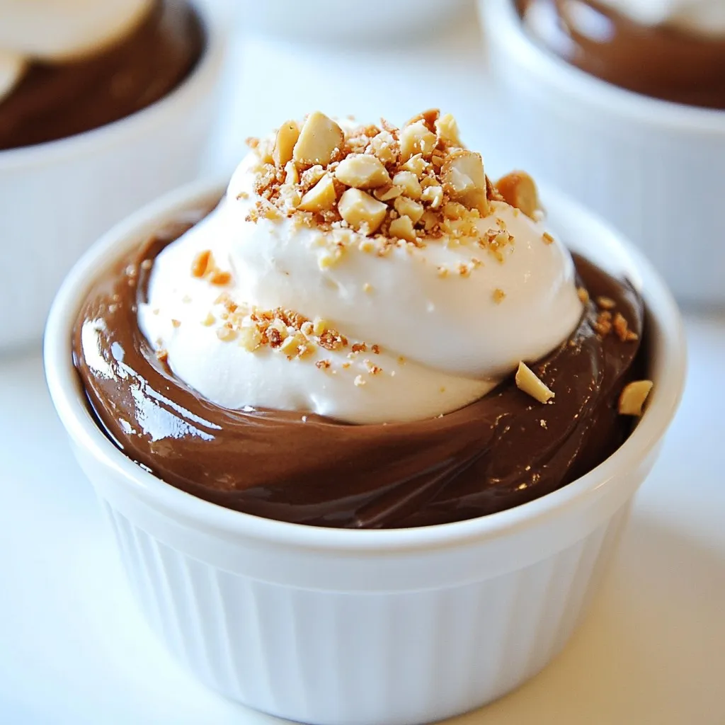 - 200g dark chocolate (70% cocoa), chopped - 2 tablespoons unsweetened cocoa powder - 3 large eggs, separated - 1/4 cup granulated sugar - 1 tablespoon vanilla extract - 1 cup heavy whipping cream - 1/2 cup hazelnut spread (like Nutella) - 1/4 cup crushed hazelnuts, for garnish - A pinch of salt I like to use precise measurements for best results. Here’s a quick guide: - 200g is about 7 ounces of chocolate. - 1/4 cup of sugar equals about 50 grams. - 1 cup of heavy cream is about 240 milliliters. These measurements help ensure your mousse turns out perfect. You can easily swap some ingredients for others. Here are a few ideas: - For eggs, you can use 1/4 cup of applesauce per egg. This works well for a vegan option. - If you want a dairy-free mousse, use coconut cream instead of heavy cream. - You can replace hazelnut spread with almond or peanut butter for a different taste. These substitutions keep your dessert tasty and fun! {{ingredient_image_1}} Start by gathering all your ingredients. You will need: - 200g dark chocolate (70% cocoa), chopped - 2 tablespoons unsweetened cocoa powder - 3 large eggs, separated - 1/4 cup granulated sugar - 1 tablespoon vanilla extract - 1 cup heavy whipping cream - 1/2 cup hazelnut spread (like Nutella) - 1/4 cup crushed hazelnuts, for garnish - A pinch of salt Make sure your eggs are at room temperature. This helps them whip better. Measure out your chocolate and cocoa powder carefully. Having everything ready makes the process smooth. Next, we will melt the chocolate. Place the chopped dark chocolate in a heatproof bowl. Set this bowl over a pot of simmering water. This is called a double boiler. Stir the chocolate gently until it melts completely. It should be smooth and shiny. Once melted, remove the bowl from the heat. Let the chocolate cool for a few minutes. This step is key. Hot chocolate can cook the eggs later, which we do not want. Now, let’s combine our mixtures. In a mixing bowl, whisk the egg yolks with the granulated sugar and vanilla extract. Whisk until the mixture becomes pale and thick. This will take a few minutes but is worth it for the texture. Next, pour the melted chocolate into the egg yolk mixture. Stir until fully combined. This creates a rich base for your mousse. In another bowl, beat the heavy whipping cream until stiff peaks form. You want it to hold its shape. Gently fold the whipped cream into the chocolate mixture in three parts. This keeps the mousse light and airy. In a clean bowl, beat the egg whites with a pinch of salt until soft peaks form. Carefully fold this into the chocolate mixture as well. Keep folding until you see no white streaks. Finally, add the hazelnut spread. Mix gently until it is well blended. Now, spoon or pipe this mousse into individual dessert cups. Fill each cup to the top. This dessert looks lovely and inviting! Refrigerate the mousse cups for at least 2 hours. This helps them set properly. Before serving, sprinkle crushed hazelnuts on top for that perfect crunch. Enjoy your delightful treat! To make perfect whipped cream, start with cold cream. Place your mixing bowl in the fridge for a few minutes before you whip. Use heavy whipping cream for the best results. Beat the cream on medium speed until you see stiff peaks. This means it will hold its shape well when mixed into the mousse. Be careful not to over-whip. If you do, it can turn into butter. Folding is key to keeping your mousse light. Use a rubber spatula to gently fold the whipped cream into the chocolate mixture. Start by adding a small amount of whipped cream first. This helps to lighten the heavy chocolate mix. Then, add the rest in two or three parts. Use a gentle motion, turning the bowl as you fold. This keeps air in the mousse, giving it that fluffy texture. After you prepare your mousse, it needs time to set. Spoon or pipe the mousse into cups, filling them to the top. Cover them with plastic wrap to avoid any odors from your fridge. Chill the mousse for at least 2 hours. This helps it firm up nicely. For the best taste, serve it cold. Before serving, add crushed hazelnuts on top for extra crunch. Enjoy each bite! Pro Tips Use high-quality chocolate: The flavor of your mousse largely depends on the chocolate you choose. Opt for a good quality dark chocolate with at least 70% cocoa for the best results. Room temperature ingredients: Ensure that your eggs and heavy cream are at room temperature before starting. This helps with better emulsification and a smoother texture in the mousse. Whip cream carefully: When whipping the cream, stop as soon as stiff peaks form. Over-whipping can lead to a grainy texture, which you want to avoid for a silky mousse. Chill the mousse properly: Allow the mousse to chill in the refrigerator for at least 2 hours. This is crucial for the mousse to set correctly and develop its full flavor. {{image_2}} You can add more flavors to the mousse. For a coffee kick, stir in a shot of espresso. This adds richness and depth. If you love citrus, try orange zest. It brightens the dessert and pairs well with chocolate. Just add a teaspoon of zest when mixing in the hazelnut spread. Serving styles can change how fun your mousse feels. Layer the mousse in glasses with crushed cookies or fruit. This adds texture and makes it more appealing. You can also serve it in mini cups for parties. They look cute and are easy to grab. If you need gluten-free options, this recipe is already safe. Just use gluten-free cookies for layers. For vegan mousse, swap eggs with aquafaba. This is the liquid from canned chickpeas. It whips up nicely and gives volume. Use coconut cream instead of heavy cream for a dairy-free twist. To keep your chocolate hazelnut mousse cups fresh, store them in the fridge. Use an airtight container to prevent any odors from other foods. If you made multiple cups, use plastic wrap to cover each one. This keeps the mousse creamy and tasty. Avoid storing them at room temperature. Heat can make the mousse melt and lose its texture. These mousse cups last about 3 to 5 days in the fridge. After that, they may lose their flavor and texture. If you want to freeze them, do so without toppings. Place the mousse cups in the freezer for up to 1 month. When ready to eat, thaw them in the fridge overnight before serving. You do not need to reheat mousse cups. They are best served chilled. After taking them out of the fridge, add any fresh toppings just before serving. This keeps the texture nice and crunchy. Enjoy your delicious treat with family or friends! You can make these mousse cups a day ahead. Follow all the steps in the recipe. After you fill the cups, cover them with plastic wrap. Place them in the fridge to chill. They will taste even better after a night in the fridge. Just remember to add the crushed hazelnuts right before serving for a fresh crunch. If you want a substitute for hazelnut spread, try almond butter. It gives a similar nutty flavor. You can also use peanut butter if you like that taste. Just make sure to use a smooth spread. This will help keep the mousse creamy. Yes, you can use milk chocolate. It will give the mousse a sweeter taste. However, the mousse may also be less rich. If you prefer a deeper flavor, stick with dark chocolate. You can adjust the sugar amount if needed. Too much sweetness can overpower the other flavors. In this post, we explored how to make delicious Chocolate Hazelnut Mousse Cups. We covered the right ingredients, precise measurements, and tasty substitutions. I shared step-by-step instructions to ensure your mousse turns out great. You learned tips for perfect whipped cream and light textures. We also discussed fun variations and smart storage tips. Cooking is all about experimenting. Use this guide to create your own special dessert. Enjoy your mousse cups and impress your friends!