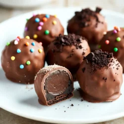 To make these tasty Chocolate Covered Oreo Truffles, you will need the following ingredients: - 1 package (14.3 oz) Oreo cookies - 8 oz cream cheese, softened - 12 oz dark chocolate chips - 1 tablespoon coconut oil (optional for smoothness) - Sprinkles or crushed Oreos for decorating These ingredients are easy to find at any grocery store. The Oreos bring a rich flavor, while the cream cheese adds creaminess. Dark chocolate gives a nice contrast to the sweet truffles. If you want the chocolate smoother, add a bit of coconut oil. Finally, make them fun with sprinkles or crushed Oreos on top! {{ingredient_image_1}} To start, you need to crush the Oreo cookies. You can use a food processor or a zip-top bag. A food processor works fast. Just pulse until the cookies are fine crumbs. If you use a zip-top bag, place the cookies inside and crush them with a rolling pin. This method takes longer but works well too. Aim for a fine consistency that resembles sand. This helps the truffles hold together later. Next, you mix the crushed Oreos with cream cheese. Make sure the cream cheese is softened. Cold cream cheese won't blend well. Use a spatula or your hands to mix until it forms a dough. The mixture should stick together but not be overly wet. This step is key for getting the right texture in your truffles. Now, scoop about one tablespoon of the mixture. Roll it into a ball in your hands. Try to make them all the same size for even cooking. Use a lined baking sheet to place the balls. Once you finish, put the tray in the fridge. Chill them for about 30 minutes. This helps them firm up and makes them easier to coat later. While the balls chill, it’s time to melt the chocolate. I recommend using dark chocolate chips for a rich flavor. You can melt chocolate in the microwave or on the stovetop. If using the microwave, heat in 30-second bursts. Stir between each burst. This helps avoid burning. For a smoother texture, add a tablespoon of coconut oil while melting. Now comes the fun part! Dip each chilled ball into the melted chocolate. Use a fork or toothpick to help with dipping. Make sure each ball is fully covered. After dipping, let the excess chocolate drip off. This keeps the coating nice and even. Right after coating, add your toppings. You can sprinkle crushed Oreos or colorful sprinkles on top while the chocolate is still wet. This adds a nice touch. Place the truffles back on the lined baking sheet. They need to chill again for 15-20 minutes to fully set. To get a smooth chocolate coating, avoid common issues like clumping or thick layers. Here are a few tips: - Melt Carefully: Always melt chocolate in short bursts. This helps prevent burning. Stir often to ensure an even melt. - Use Coconut Oil: Adding a tablespoon of coconut oil can make the chocolate smoother. This is optional but highly recommended. For dipping, I suggest using a fork or a toothpick. The fork helps drain excess chocolate. A toothpick is great for easier handling. Store your truffles in an airtight container. Keep them in the fridge to maintain freshness. Here are some tips: - Best Storage: Place parchment paper between layers of truffles. This keeps them from sticking together. - Serving Temperature: Let the truffles sit out for a few minutes before serving. This enhances the flavor and texture. Presentation matters! Here are some creative ways to display your truffles: - Plates and Platters: Arrange truffles on a pretty plate. This makes them look fancy. - Gift Packaging: For gifts, use candy boxes or small jars. You can add a ribbon for a special touch. For an extra flair, drizzle some melted white chocolate on top of the truffles for a beautiful finish. Pro Tips Use a Food Processor: Crushing the Oreos in a food processor ensures an even consistency, making it easier to mix with the cream cheese. Chill Before Dipping: Chilling the truffle balls helps them maintain their shape when dipped in warm chocolate, preventing any melting or deformation. Quality Chocolate Matters: Using high-quality dark chocolate not only enhances the flavor but also improves the overall texture of the coating. Experiment with Toppings: Get creative with your toppings! Use different types of sprinkles, crushed nuts, or even drizzle with white chocolate for a fun twist. {{image_2}} You can change the flavor of your truffles. Try using different Oreo flavors. Vanilla and mint Oreos work well. Each flavor adds a fun twist! You can also switch the chocolate. Milk chocolate gives a sweet taste. White chocolate adds a creamy touch. Each option brings a new layer of flavor to your truffles. If you want gluten-free truffles, use gluten-free Oreos. They taste just as good! For vegan truffles, swap cream cheese with a vegan cream cheese alternative. This keeps the truffles rich and creamy without dairy. Enjoy these treats without worry! Get creative with your toppings! Crushed nuts add crunch and flavor. You can also drizzle extra chocolate on top. For holidays, use themed decorations. Red and green sprinkles for Christmas or pastel colors for Easter make your truffles festive. These little touches make your treats even more special! Store your truffles in an airtight container. This keeps them fresh and tasty. Use a container that is not too big, as it helps reduce air exposure. You can place parchment paper between layers to prevent sticking. Keep them in the fridge. The cooler air keeps the chocolate firm. Avoid placing them near strong-smelling foods, as they can absorb odors. You can store your truffles in the fridge for up to two weeks. If you want them to last longer, consider freezing them. Signs of spoilage include a change in color or a dry texture. If they smell off, it’s best to toss them. Always check before serving. To freeze, place your truffles in a single layer on a baking sheet. Once frozen, transfer them to an airtight container. Make sure to layer parchment paper between them. This keeps them from sticking together. When you want to eat them, thaw them in the fridge overnight. This helps maintain their smooth texture. Enjoy them cold or let them sit at room temperature for a short while before serving. Yes, you can use white chocolate. It will make the truffles sweeter. The flavor will change, so be ready for a milder taste. If you prefer a deeper flavor, stick with dark chocolate. The truffles look firm and shiny. You can gently touch them; they should feel solid. If they still feel soft, give them more time in the fridge. Absolutely! You can make the truffles a day or two before serving. Just store them in the fridge. Keep them in an airtight container to keep them fresh. Yes, chilling is key. It helps the truffle balls hold their shape when you dip them in chocolate. Chilling also enhances the texture, making each bite smooth and rich. You can find pre-made truffles at local bakeries or candy shops. Some grocery stores also sell them. Online, websites like Amazon or specialty candy shops have them too. You now have everything you need to make delicious chocolate-covered Oreo truffles. From the list of ingredients to step-by-step instructions, each part is designed for success. Don’t forget the tips for smooth coatings and fun variations. These truffles are perfect for gifts or celebrations. With a little time and creativity, you’ll impress everyone. Enjoy the process of making and sharing them! Happy truffle making!