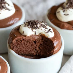 To make a classic chocolate mousse, gather these items: - 200g dark chocolate (70% cocoa), chopped - 3 large eggs, separated - 1/4 cup granulated sugar - 1/2 teaspoon vanilla extract - 1/2 cup heavy cream - A pinch of salt - Optional: Whipped cream and chocolate shavings for garnish You can swap some ingredients if needed: - Use semi-sweet chocolate if you prefer a sweeter mousse. - Substitute egg whites with aquafaba for a vegan version. - Replace heavy cream with coconut cream for a dairy-free treat. - Use maple syrup instead of granulated sugar for a natural sweetener. Choosing the right chocolate is key for the best mousse: - Look for chocolate with at least 70% cocoa for deep flavor. - Check the ingredients; it should have cocoa mass, cocoa butter, and sugar. - Avoid chocolate with artificial additives or flavors. - Buy from a brand you trust for consistent quality. Using quality ingredients makes a big difference in taste and texture. Enjoy crafting your mousse! {{ingredient_image_1}} Start by melting the dark chocolate. Use a heatproof bowl. Place it over a pot of simmering water. This method is called a double boiler. Stir the chocolate occasionally until it melts. It should be smooth. Remove the bowl from the heat and let it cool slightly. In another bowl, add the egg whites. Toss in a pinch of salt. Whisk the egg whites until soft peaks form. Gradually add the granulated sugar. Keep whisking until stiff peaks form. The mixture should look glossy. Take a separate bowl and add the heavy cream. Whip the cream until it forms soft peaks. This step adds lightness to the mousse. Now, return to the bowl with melted chocolate. Add the egg yolks and vanilla extract to the chocolate. Mix until everything is well combined. Next, gently fold in the whipped cream. Do this until no streaks remain. Carefully fold the meringue into the chocolate mixture. Do this in three additions. Be gentle to keep the airy texture. Once the mixtures are combined, spoon the mousse into individual cups. Chill the cups in the refrigerator for at least two hours. This helps the mousse set. For a nice touch, add whipped cream and chocolate shavings before serving. Enjoy your delightful chocolate mousse! To get that perfect texture in your chocolate mousse, you must fold ingredients gently. When you fold in the whipped cream and meringue, do it slowly. This keeps the air bubbles intact. Air bubbles help make the mousse light and fluffy. If you mix too hard, you lose that airy feel. Use a spatula, and lift the mixture from the bottom up. It really makes a difference! One common mistake is not letting the chocolate cool enough. If it is too hot, it can cook the egg yolks. This can ruin the texture. Also, make sure to beat the egg whites until they form stiff peaks. If they are too soft, your mousse will not hold its shape. Another mistake is over-mixing. Mixing too much can lead to a dense mousse. Keep it light and fluffy! You can make your chocolate mousse even better with simple add-ins. A splash of coffee enhances the chocolate flavor. You can also add a bit of orange zest for a fresh twist. If you like nuts, try adding finely chopped hazelnuts. For a sweet touch, sprinkle some sea salt on top. This contrast boosts the flavor and makes each bite delightful! Pro Tips Quality Chocolate Matters: Choose a high-quality dark chocolate with at least 70% cocoa for the richest flavor and smoothest texture. Room Temperature Ingredients: Ensure that your eggs are at room temperature for better volume when whisking the whites and yolks. Gentle Folding Technique: When folding in the whipped cream and meringue, use a gentle motion to keep the mixture light and airy. Chill for Best Results: Allow the mousse to chill for at least 2 hours to ensure it sets properly and enhances the flavors. {{image_2}} You can enhance your chocolate mousse by adding flavors. A touch of coffee gives a rich depth. Just mix in 1 tablespoon of strong brewed coffee when you add the egg yolks. For a fruity twist, add a teaspoon of orange zest. The zest brightens the flavor and adds a fresh taste. You might also try a splash of liqueur, like rum or mint, for a fun kick. Each option adds a new layer of delight. If you want a vegan option, swap the eggs and cream. Use silken tofu instead of eggs. Blend it until smooth. For the cream, use coconut cream for a rich texture. You can also use dairy-free chocolate. This way, you keep the mousse creamy without the animal products. It’s just as tasty! When serving your mousse, think about garnishes. Fresh berries, like raspberries or strawberries, pair well. They add a nice tartness to the rich mousse. You can also drizzle some chocolate sauce on top for extra sweetness. For a crunchy element, sprinkle some toasted nuts or cookie crumbs. These small touches make each bite special. Enjoy your dessert with friends or family for a perfect end to any meal! To keep your chocolate mousse fresh, follow these tips: - Store it in airtight containers. - Cover each serving with plastic wrap. - Keep it in the fridge to maintain its texture. - Avoid placing it near strong-smelling foods. These steps help preserve its rich flavor and creamy texture. Chocolate mousse lasts about 3 to 4 days in the fridge. After that, it may lose its quality. Always check for any off smells or changes in texture before enjoying it. If you notice any signs of spoilage, it’s best to discard it. Freezing chocolate mousse is not ideal. It may change the texture, making it grainy or watery when thawed. If you must freeze it, do so only for a short time. Place it in an airtight container and label it. When you thaw it, stir it gently to help restore some creaminess, but it may not taste the same. Enjoy it fresh for the best experience! Classic chocolate mousse is made with just a few key ingredients. You need dark chocolate, eggs, sugar, heavy cream, and vanilla extract. The dark chocolate gives the mousse its rich flavor. The eggs add lightness and a fluffy texture. Sugar sweetens the mix. Heavy cream makes it smooth and creamy. Yes, you can make chocolate mousse ahead of time. In fact, it tastes better after chilling. You can prepare it up to two days in advance. Just store it in the fridge until you are ready to serve. This helps the flavors blend and the texture to set. If your chocolate mousse is runny, don’t worry. You can fix it by chilling it longer. Place it in the fridge for an extra hour. If it still seems too soft, try folding in more whipped cream or egg whites. This will add more volume and help thicken it. Yes, chocolate mousse is gluten-free. The main ingredients do not contain gluten. Just ensure that the chocolate you use is labeled gluten-free. Most dark chocolates are safe, but it’s good to check the packaging. You can use milk chocolate instead of dark chocolate, but the mousse will taste different. Milk chocolate is sweeter and less rich. If you choose milk chocolate, consider reducing the sugar a bit. This will help balance the flavors and keep it from being too sweet. In this post, we covered how to make chocolate mousse, from choosing the best ingredients to preparing the dish. You learned about ingredient substitutions, tips for selecting chocolate, and step-by-step instructions for the perfect texture. We explored variations, storage tips, and answered common questions. Making chocolate mousse is fun and rewarding. With these steps, you can impress anyone with your dessert skills. Enjoy creating your own version!