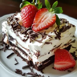 To make a Chocolate Strawberry Icebox Cake, you will need: - 1 package (14-16 oz) chocolate wafer cookies - 2 cups heavy whipping cream - 1/2 cup powdered sugar - 1 teaspoon vanilla extract - 2 cups fresh strawberries, hulled and sliced - 1/4 cup dark chocolate shavings (optional for garnish) Make sure to measure your ingredients accurately for best results. If you cannot find chocolate wafer cookies, you can use chocolate graham crackers instead. For a lighter cake, consider using light whipping cream instead of heavy cream. You can also swap powdered sugar with granulated sugar, but it may change the texture a bit. Garnishes can enhance the look and taste of your cake. I love using dark chocolate shavings for a rich touch. You can also add extra strawberry slices on top for a pop of color. Fresh mint leaves are another great option for a fresh look. These garnishes make your cake even more appealing when serving. {{ingredient_image_1}} To start, take a large mixing bowl. Pour in 2 cups of heavy whipping cream. Use an electric mixer on medium speed. Whip the cream until it thickens. This should take a few minutes. Next, slowly add in 1/2 cup of powdered sugar. Then, pour in 1 teaspoon of vanilla extract. Continue to whip until you see soft peaks form. Be careful! If you whip too much, it can turn to butter. Grab a rectangular dish or a 9x13 inch baking pan. Spread a thin layer of whipped cream at the bottom. This will be your base. Now, take your chocolate wafer cookies. Place a layer of cookies over the whipped cream. Cover the bottom completely. Then, spread another layer of whipped cream on top of the cookies. After that, add a generous layer of sliced strawberries. Repeat this layering process until you run out of ingredients. End with a layer of whipped cream on top. Cover the cake with plastic wrap. Place it in the refrigerator for at least 4 hours. It’s best to let it chill overnight. This helps the cookies soften and the flavors mix well. When you are ready to serve, take it out. For a special touch, top with dark chocolate shavings. You can also add extra sliced strawberries on top for a pretty finish. Enjoy your delightful creation! Start with cold heavy cream. Cold cream whips better and faster. Use a clean bowl and beaters. This helps the cream to whip up nicely. Whip at medium speed until soft peaks form. Be careful not to over-whip. Over-whipped cream becomes grainy. The right texture is smooth and fluffy. Layering is key to a great cake. Start with a thin layer of whipped cream. This helps the cookies stick to the pan. Place the chocolate wafer cookies flat on the cream. Make sure they are close together. Spread whipped cream over the cookies, then add sliced strawberries. Repeat this process until you run out of ingredients. Finish with a layer of whipped cream on top. This gives the cake a nice look. When it’s time to serve, make it pretty! Use a sharp knife to cut clean slices. Garnish with dark chocolate shavings for a fancy touch. Add extra strawberry slices on top. This makes the cake look fresh and inviting. You can also serve it in individual cups for a fun twist. Pro Tips Use Cold Cream: Ensure your heavy whipping cream is chilled for optimal volume and stability when whipping. Layering Technique: For a neater presentation, let each layer set slightly before adding the next to prevent them from mixing. Cookie Soaking Time: The longer you refrigerate the cake, the softer the cookies will become, enhancing the overall texture. Fresh Strawberries: Use ripe, in-season strawberries for the best flavor and sweetness in your icebox cake. {{image_2}} You can switch up the flavor of your Chocolate Strawberry Icebox Cake easily. For a vanilla twist, replace the chocolate wafers with vanilla wafers. This change will brighten the taste and pair well with strawberries. You can also try mint. Simply add a few drops of mint extract to the whipped cream. This gives a fresh touch to each bite. Strawberries are great, but many other fruits work well too. Ripe bananas add a sweet, creamy layer. Just slice them thin and layer them like strawberries. Blueberries or raspberries can also add a fun pop of color and flavor. Mix and match your favorite fruits for a unique taste. Don’t be afraid to be creative! If you need a gluten-free option, look for gluten-free chocolate wafers. They taste just as good! For a dairy-free version, you can use coconut cream in place of heavy whipping cream. Chill the coconut cream first for best results. This will still give you a rich and creamy texture. Enjoy making this dessert fit your needs! To store any leftovers, cover the cake tightly with plastic wrap. Place it in the fridge. This will help keep the flavors fresh. Make sure to consume it within three days for the best taste. You can freeze the icebox cake if you have extra. First, let it chill in the fridge for at least four hours. Once chilled, wrap it in plastic wrap and then foil. This will help keep it fresh. You can freeze it for up to a month. When you are ready to eat it, thaw it in the fridge overnight. To keep your cake fresh, avoid cutting it until you are ready to serve. Each slice will expose more surface area. This can dry out the cake. Always use a sharp knife for clean cuts. For extra freshness, add more whipped cream or strawberries on top just before serving. You can refrigerate your Chocolate Strawberry Icebox Cake for up to four days. For the best flavor, I suggest letting it chill overnight. This time allows the cookies to soften. It also helps the flavors mix well. Just keep it covered with plastic wrap to keep it fresh. Yes, you can use other types of cookies! If you want a twist, try using graham crackers. They add a different taste and texture. You can also use chocolate chip cookies or vanilla cookies. Just make sure they are sturdy enough to hold the layers. If you need a substitute for heavy whipping cream, try coconut cream. It whips up nicely and adds a rich flavor. You can also use a vegan whipping cream found in stores. Another option is to blend silken tofu until smooth for a dairy-free choice. This blog covered all you need to make a delicious Chocolate Strawberry Icebox Cake. You learned about the key ingredients and their measurements, plus nice garnishes. I shared step-by-step tips for whipped cream and cake assembly. You also got great advice on storage and variations to try. Remember, small tweaks can make a big difference. Enjoy making this tasty treat, and don’t hesitate to get creative!