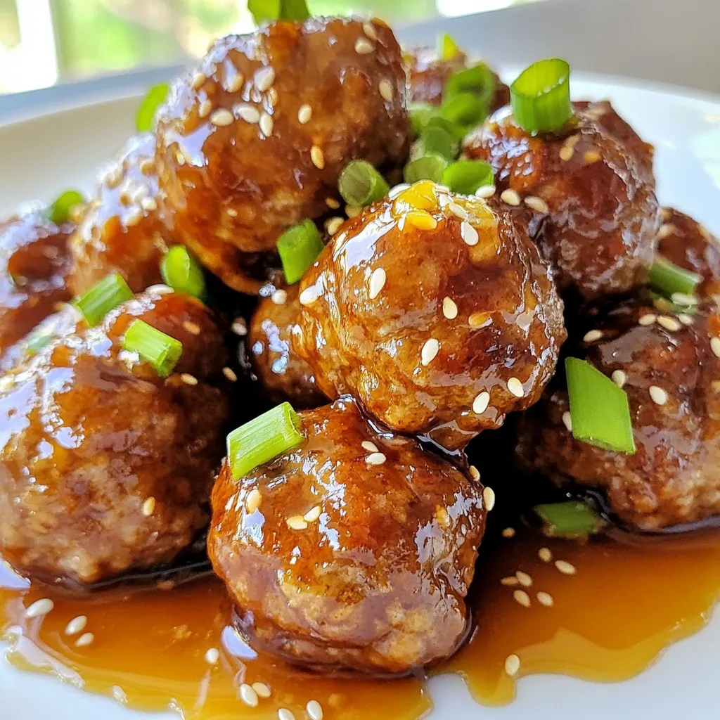 - 1 lb ground beef or turkey - 1/2 cup breadcrumbs - 1/4 cup grated Parmesan cheese - 1/4 cup fresh parsley, chopped - 1 egg, beaten - 2 cloves garlic, minced - 1 tsp onion powder - Salt and pepper to taste To make these honey garlic glazed meatballs, you start with the meat. Ground beef gives a rich flavor, while turkey offers a lighter choice. Breadcrumbs add texture and help bind the mixture. Parmesan cheese brings a salty note that complements the meat. Fresh parsley adds color and a hint of freshness. Minced garlic gives a strong flavor that shines through. Lastly, the egg helps hold everything together while adding moisture. - 1/2 cup honey - 1/4 cup soy sauce (low-sodium preferred) - 1 tbsp apple cider vinegar - 1 tsp sesame oil - 1 tbsp cornstarch mixed with 2 tbsp water The sauce is where the magic happens. Honey provides sweetness, while soy sauce adds umami. Apple cider vinegar gives a tangy kick that balances the sweetness. Sesame oil adds depth with its nutty flavor. The cornstarch mix thickens the sauce, making it sticky and perfect for coating the meatballs. - Sesame seeds - Chopped green onions When serving, you can make your dish pop by adding garnishes. Sesame seeds give a nice crunch and look appealing. Chopped green onions add freshness and color. These simple touches elevate the dish and make it more inviting. {{ingredient_image_1}} First, preheat your oven to 400°F (200°C). This step is key for cooking the meatballs evenly. Line a baking sheet with parchment paper. This will help to prevent sticking and make cleanup easy. Next, grab a large bowl. In this bowl, mix the ground beef or turkey with breadcrumbs and Parmesan cheese. Add in the chopped parsley and minced garlic. Crack the egg into the bowl and sprinkle in onion powder, salt, and pepper. Use your hands to mix until everything is well combined. This ensures all flavors blend nicely. Now it's time to roll the mixture into meatballs. Take about a tablespoon of the mixture and roll it into a ball. Place each meatball on the prepared baking sheet. Bake them in the oven for 20 to 25 minutes. Look for a nice brown color on the outside and ensure they are cooked through. While the meatballs bake, make the glaze. In a small saucepan, mix honey, soy sauce, apple cider vinegar, and sesame oil. Heat this mixture over medium heat until it starts to simmer. Then, stir in the cornstarch mixed with water. Keep stirring until the sauce thickens, which should take about 2 to 3 minutes. Once thickened, remove it from heat. When the meatballs are done baking, move them to a large mixing bowl. Pour the honey garlic glaze over the hot meatballs. Gently toss them to coat each meatball evenly in the sweet glaze. Transfer the glazed meatballs to a serving platter. To make them look great, sprinkle sesame seeds on top and add some chopped green onions. This adds color and a nice crunch. Enjoy your delicious honey garlic glazed meatballs! To make the best meatballs, you need the right mix. Use ground beef or turkey. For texture, add breadcrumbs and grated Parmesan cheese. This blend keeps them moist and tasty. Mix well, but don’t overwork the meat. Overmixing can lead to tough meatballs. Form them gently into tablespoon-sized balls. This size cooks evenly and stays juicy. Want a sweeter glaze? Add more honey. For a spicy kick, throw in some red pepper flakes or sriracha. Mix these into the sauce while it simmers. Taste as you go. This will help you find the perfect balance for your palate. You can also play with the soy sauce. Low-sodium soy sauce keeps it salty without being too much. Baking is easy, but you can try frying meatballs too. Heat some oil in a pan and brown them on all sides. This gives them a nice crust. If you want to grill, shape the meatballs a bit larger. Grill them on medium heat for a smoky flavor. Each method gives a unique taste, so pick what you like best! Pro Tips Use Fresh Ingredients: Fresh garlic and parsley will enhance the flavor of your meatballs significantly compared to dried alternatives. Don't Overmix: When combining the meatball ingredients, mix just until combined to ensure tender meatballs instead of tough ones. Adjust Sweetness: Feel free to adjust the amount of honey in the glaze to suit your taste; you can add more for a sweeter finish or less for a savory balance. Serve with Sides: These honey garlic glazed meatballs pair wonderfully with steamed rice or a fresh salad for a complete meal. {{image_2}} You can easily switch up the meat in this recipe. Ground turkey works great if you want a lighter meal. You can also use ground chicken or pork for a different taste. For those who need gluten-free options, use gluten-free breadcrumbs. They will still hold the meatballs together and keep them tasty. Want to add extra zing? Try adding spices. A pinch of red pepper flakes gives a nice heat. For a fresh twist, mix in chopped basil or thyme. These herbs can change the flavor and keep it exciting. You can also swap honey for maple syrup if you like a different sweetness. Pair your meatballs with some steamed veggies for a balanced meal. Broccoli or green beans add color and nutrition. You can also serve them over rice or noodles. This makes a filling dish that everyone will love. Don’t forget to add a side salad for some crunch and freshness. After enjoying your honey garlic glazed meatballs, store leftovers in the fridge. Place them in an airtight container. This keeps them fresh for up to three days. Make sure to let them cool first before sealing. Label your container with the date. This way, you won't forget when you made them. Freezing meatballs is a great way to save them for later. To freeze, let the meatballs cool completely. Then, place them in a single layer on a baking sheet. Freeze them for about an hour until firm. Once frozen, transfer them to a freezer-safe bag. Remove as much air as possible to prevent freezer burn. They can last up to three months in the freezer. When it's time to enjoy your meatballs again, reheating is simple. You have a few options. For the oven, preheat it to 350°F (175°C). Place the meatballs on a baking dish and cover with foil. Heat for about 15-20 minutes until warm. If you prefer the microwave, place them in a microwave-safe dish. Heat for 1-2 minutes, checking to avoid overcooking. Enjoy your tasty meatballs just like they were fresh! Bake honey garlic glazed meatballs for 20-25 minutes. They should reach an internal temperature of 165°F. To check doneness, cut one open. The meat should no longer be pink. If you want a nice brown color, leave them in a bit longer. Just watch them closely to avoid drying out. Yes, you can prep honey garlic glazed meatballs in advance. Mix the meatball ingredients and form the meatballs. Place them on a baking sheet and cover with plastic wrap. You can store them in the fridge for up to 24 hours. Just bake them when you're ready to serve. These meatballs pair well with many sides. Try serving them over rice or noodles. You can also add steamed broccoli or a fresh salad. For a finger-food option, serve them with toothpicks as an appetizer. They’re great for parties! To make a vegetarian version, use plant-based meat like lentils or chickpeas. You can also use mushrooms or tofu as a base. Add breadcrumbs and spices to mimic the texture. For the glaze, the original sauce works well with these alternatives. Enjoy a tasty twist on this dish! You now know how to make tasty honey garlic glazed meatballs. We covered the key ingredients, from ground beef to sauces. I shared step-by-step instructions for mixing, baking, and glazing them. You learned tips to perfect your meatballs and explored fun variations and storage tips. Remember, cooking should be fun. Get creative with flavors and enjoy sharing your dish. Happy cooking!