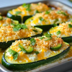 - 4 medium zucchinis - 1 cup cream cheese, softened - 1 cup shredded cheddar cheese - 1/2 cup grated Parmesan cheese - 2 jalapeños, finely chopped - 1/2 teaspoon garlic powder - 1/2 teaspoon onion powder - Salt and pepper to taste - 1/4 cup breadcrumbs (for topping) - 2 tablespoons fresh cilantro (for garnish) To create Cheesy Jalapeño Stuffed Zucchini, gather these simple ingredients. Start with fresh zucchinis. They should be firm and bright green. This dish shines with cream cheese, cheddar, and Parmesan, giving it a rich texture. Next, you’ll need jalapeños. They add a nice kick! If you want less heat, remove the seeds. Garlic and onion powder boost the flavor, while salt and pepper balance it all. Consider adding breadcrumbs on top for crunch. Fresh cilantro can brighten the dish with color and taste. Each ingredient plays a role in making this dish mouthwatering and fun to prepare. {{ingredient_image_1}} - Preheat the oven to 375°F (190°C). - Slice the zucchinis in half lengthwise. Scoop out the centers with a small spoon to make boats. Keep the scooped flesh for later. - In a bowl, mix cream cheese, cheddar, Parmesan, and chopped jalapeños. - Add garlic powder, onion powder, salt, and pepper. Stir until smooth and creamy. - Spoon the cheese mixture into each zucchini boat. Fill them well. - If you want, sprinkle breadcrumbs on top for extra crunch. - Place the stuffed zucchinis on a baking sheet lined with parchment paper. - Bake for 25-30 minutes until the zucchinis are tender and the cheese is bubbly. - Remove from the oven and let them cool a bit. Garnish with fresh cilantro before serving. To make sure your zucchinis are tender, choose medium-sized ones. Cut them in half and scoop out the insides. This lets them cook evenly. Bake them at 375°F for 25-30 minutes. This will help soften them while keeping the filling creamy. For golden-brown cheese, mix your cheeses well. Spread the cheese mixture high in the zucchini boats. If you like a crispy top, sprinkle breadcrumbs on before baking. This gives a nice crunch. Cheesy jalapeño stuffed zucchini works great as an appetizer. They are fun finger foods. You can also serve them as a side dish. They pair well with grilled meats or spicy tacos. For drinks, try a cold beer or a fruity soda. A fresh salad on the side can balance the heat and richness. If you want to change the cheese, try goat cheese or cream cheese alternatives. You can also use mozzarella for a milder taste. To adjust the spice level, remove all the seeds from the jalapeños. You can also use less jalapeño for a milder flavor. Want more heat? Add extra jalapeños or even some red pepper flakes! Pro Tips Use Fresh Jalapeños: Fresh jalapeños will give your stuffed zucchinis a vibrant flavor. If you prefer a milder taste, you can remove the seeds and membranes before chopping. Experiment with Cheese: Feel free to mix different types of cheese for unique flavor combinations. Pepper Jack or Gouda can add a nice twist to the classic cheddar and Parmesan mix. Make Ahead: You can prepare the stuffed zucchinis in advance and store them in the refrigerator. Just bake them when you're ready to serve for a quick and easy dish. Add Extra Toppings: For added crunch and flavor, consider topping your stuffed zucchinis with crushed tortilla chips or diced tomatoes before baking. {{image_2}} You can change up the cheese for your stuffed zucchini. Try using feta or mozzarella for a new taste. Feta adds a tangy flavor, while mozzarella gives a lovely gooeyness. If you prefer vegan options, look for plant-based cheeses. They melt well and taste great, ensuring everyone can enjoy this dish. Want to make your dish more filling? Add ground turkey or beef to the cheese mix. Cook the meat first, then stir it into your cheese blend. For a vegetarian option, use quinoa. Cooked quinoa adds texture and protein without meat. It blends well with the other flavors. Herbs can boost the taste of your stuffed zucchinis. Add fresh basil or thyme for a fresh twist. These herbs complement the cheese and jalapeños. If you like it hot, add more jalapeños or some red pepper flakes. This makes the dish even spicier and more exciting. To store your Cheesy Jalapeño Stuffed Zucchini, let them cool first. Place leftovers in an airtight container. This keeps them fresh and tasty. Use glass or plastic containers with tight lids. These types work best for keeping moisture in and air out. If you want to freeze stuffed zucchinis, wrap each one in plastic wrap. Then, place them in a freezer-safe bag. Be sure to remove as much air as possible to avoid freezer burn. To reheat, thaw in the fridge overnight. Bake them at 350°F (175°C) for about 20 minutes. This helps keep the texture nice and creamy. In the fridge, your stuffed zucchinis last about 3 to 5 days. In the freezer, they stay good for up to 3 months. Always check for signs of spoilage before eating. Look for a change in color or an off smell. If you see either, it’s best to toss them. When picking zucchinis, look for ones that are firm and smooth. They should feel heavy for their size. Choose zucchinis that are bright green in color. Avoid any that have soft spots or blemishes. Smaller zucchinis are often more tender and flavorful. The ideal size is about 6 to 7 inches long. Yes, you can prepare the zucchinis in advance. Slice and scoop them out a few hours before baking. You can also mix the cheesy filling earlier. Store both the boats and filling in the fridge. Just fill the zucchinis and bake when ready. This way, you save time on busy days. These stuffed zucchinis pair well with many sides. Consider serving them with a fresh salad. A simple green salad with lemon dressing works great. You can also serve them with grilled chicken or fish. For drinks, a chilled white wine or sparkling water is refreshing. In this blog post, we explored a tasty recipe for Cheesy Jalapeño Stuffed Zucchini. We covered the main ingredients, important steps, and tips for perfecting your dish. You learned how to mix the filling, bake the zucchini, and make smart substitutions. Adding proteins or trying different cheeses can enhance flavors too. Finally, storing leftovers properly helps maintain freshness. Enjoy making this dish as an appetizer or side, and impress your guests!