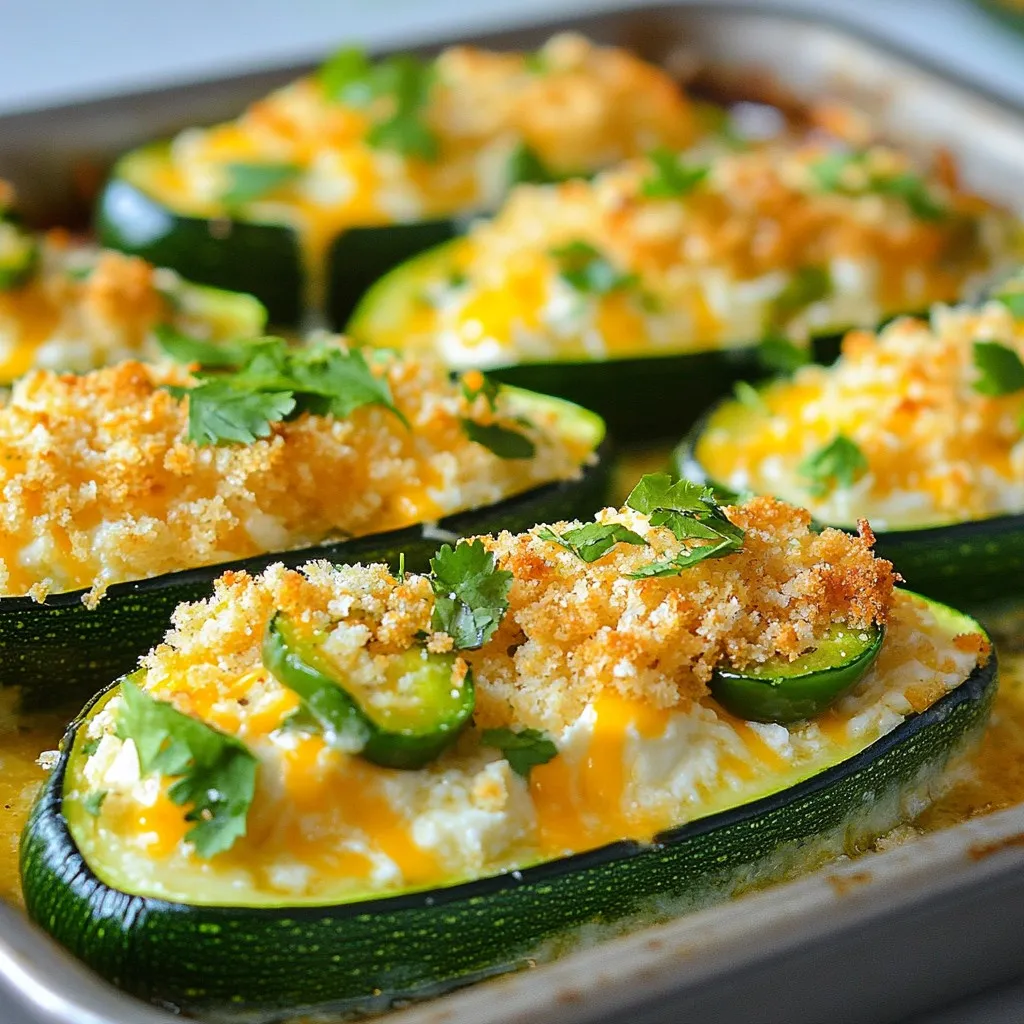 - 4 medium zucchinis - 1 cup cream cheese, softened - 1 cup shredded cheddar cheese - 1/2 cup grated Parmesan cheese - 2 jalapeños, finely chopped - 1/2 teaspoon garlic powder - 1/2 teaspoon onion powder - Salt and pepper to taste - 1/4 cup breadcrumbs (for topping) - 2 tablespoons fresh cilantro (for garnish) To create Cheesy Jalapeño Stuffed Zucchini, gather these simple ingredients. Start with fresh zucchinis. They should be firm and bright green. This dish shines with cream cheese, cheddar, and Parmesan, giving it a rich texture. Next, you’ll need jalapeños. They add a nice kick! If you want less heat, remove the seeds. Garlic and onion powder boost the flavor, while salt and pepper balance it all. Consider adding breadcrumbs on top for crunch. Fresh cilantro can brighten the dish with color and taste. Each ingredient plays a role in making this dish mouthwatering and fun to prepare. {{ingredient_image_1}} - Preheat the oven to 375°F (190°C). - Slice the zucchinis in half lengthwise. Scoop out the centers with a small spoon to make boats. Keep the scooped flesh for later. - In a bowl, mix cream cheese, cheddar, Parmesan, and chopped jalapeños. - Add garlic powder, onion powder, salt, and pepper. Stir until smooth and creamy. - Spoon the cheese mixture into each zucchini boat. Fill them well. - If you want, sprinkle breadcrumbs on top for extra crunch. - Place the stuffed zucchinis on a baking sheet lined with parchment paper. - Bake for 25-30 minutes until the zucchinis are tender and the cheese is bubbly. - Remove from the oven and let them cool a bit. Garnish with fresh cilantro before serving. To make sure your zucchinis are tender, choose medium-sized ones. Cut them in half and scoop out the insides. This lets them cook evenly. Bake them at 375°F for 25-30 minutes. This will help soften them while keeping the filling creamy. For golden-brown cheese, mix your cheeses well. Spread the cheese mixture high in the zucchini boats. If you like a crispy top, sprinkle breadcrumbs on before baking. This gives a nice crunch. Cheesy jalapeño stuffed zucchini works great as an appetizer. They are fun finger foods. You can also serve them as a side dish. They pair well with grilled meats or spicy tacos. For drinks, try a cold beer or a fruity soda. A fresh salad on the side can balance the heat and richness. If you want to change the cheese, try goat cheese or cream cheese alternatives. You can also use mozzarella for a milder taste. To adjust the spice level, remove all the seeds from the jalapeños. You can also use less jalapeño for a milder flavor. Want more heat? Add extra jalapeños or even some red pepper flakes! Pro Tips Use Fresh Jalapeños: Fresh jalapeños will give your stuffed zucchinis a vibrant flavor. If you prefer a milder taste, you can remove the seeds and membranes before chopping. Experiment with Cheese: Feel free to mix different types of cheese for unique flavor combinations. Pepper Jack or Gouda can add a nice twist to the classic cheddar and Parmesan mix. Make Ahead: You can prepare the stuffed zucchinis in advance and store them in the refrigerator. Just bake them when you're ready to serve for a quick and easy dish. Add Extra Toppings: For added crunch and flavor, consider topping your stuffed zucchinis with crushed tortilla chips or diced tomatoes before baking. {{image_2}} You can change up the cheese for your stuffed zucchini. Try using feta or mozzarella for a new taste. Feta adds a tangy flavor, while mozzarella gives a lovely gooeyness. If you prefer vegan options, look for plant-based cheeses. They melt well and taste great, ensuring everyone can enjoy this dish. Want to make your dish more filling? Add ground turkey or beef to the cheese mix. Cook the meat first, then stir it into your cheese blend. For a vegetarian option, use quinoa. Cooked quinoa adds texture and protein without meat. It blends well with the other flavors. Herbs can boost the taste of your stuffed zucchinis. Add fresh basil or thyme for a fresh twist. These herbs complement the cheese and jalapeños. If you like it hot, add more jalapeños or some red pepper flakes. This makes the dish even spicier and more exciting. To store your Cheesy Jalapeño Stuffed Zucchini, let them cool first. Place leftovers in an airtight container. This keeps them fresh and tasty. Use glass or plastic containers with tight lids. These types work best for keeping moisture in and air out. If you want to freeze stuffed zucchinis, wrap each one in plastic wrap. Then, place them in a freezer-safe bag. Be sure to remove as much air as possible to avoid freezer burn. To reheat, thaw in the fridge overnight. Bake them at 350°F (175°C) for about 20 minutes. This helps keep the texture nice and creamy. In the fridge, your stuffed zucchinis last about 3 to 5 days. In the freezer, they stay good for up to 3 months. Always check for signs of spoilage before eating. Look for a change in color or an off smell. If you see either, it’s best to toss them. When picking zucchinis, look for ones that are firm and smooth. They should feel heavy for their size. Choose zucchinis that are bright green in color. Avoid any that have soft spots or blemishes. Smaller zucchinis are often more tender and flavorful. The ideal size is about 6 to 7 inches long. Yes, you can prepare the zucchinis in advance. Slice and scoop them out a few hours before baking. You can also mix the cheesy filling earlier. Store both the boats and filling in the fridge. Just fill the zucchinis and bake when ready. This way, you save time on busy days. These stuffed zucchinis pair well with many sides. Consider serving them with a fresh salad. A simple green salad with lemon dressing works great. You can also serve them with grilled chicken or fish. For drinks, a chilled white wine or sparkling water is refreshing. In this blog post, we explored a tasty recipe for Cheesy Jalapeño Stuffed Zucchini. We covered the main ingredients, important steps, and tips for perfecting your dish. You learned how to mix the filling, bake the zucchini, and make smart substitutions. Adding proteins or trying different cheeses can enhance flavors too. Finally, storing leftovers properly helps maintain freshness. Enjoy making this dish as an appetizer or side, and impress your guests!