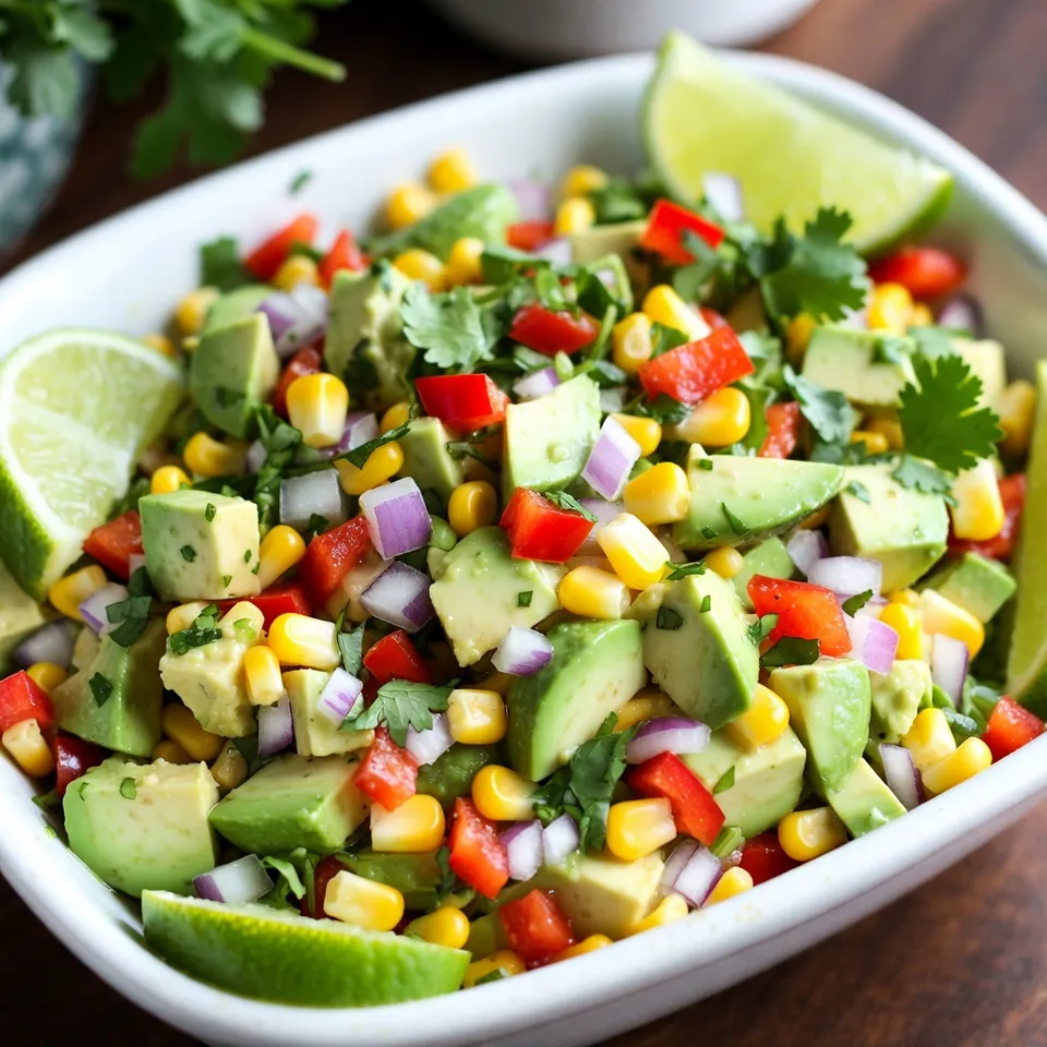 - 2 ripe avocados, diced - 1 cup fresh corn kernels (or canned, drained) - 1 red bell pepper, diced - 1/2 red onion, finely chopped - 1/4 cup fresh cilantro, chopped - 2 tablespoons olive oil - 1 tablespoon lime juice - 1 teaspoon chili powder - Salt and black pepper to taste You need two ripe avocados for creaminess. Use one cup of corn for sweetness. One red bell pepper adds crunch. Half a red onion gives a nice bite. A quarter cup of cilantro adds freshness. Two tablespoons of olive oil keep it smooth. One tablespoon of lime juice adds zing. Use one teaspoon of chili powder for warmth. Finish with salt and black pepper to taste. If you can't find ripe avocados, use guacamole. Canned corn works well if fresh corn is out of season. For the red bell pepper, yellow or orange peppers can work too. You can swap red onion for green onion or shallots. If you dislike cilantro, parsley is a good choice. Use lemon juice instead of lime juice for a different flavor. If you want less spice, skip the chili powder. {{ingredient_image_1}} To start, gather all your salad ingredients. Dice the two ripe avocados and place them in a large bowl. Next, you need one cup of fresh corn kernels. If you don't have fresh corn, you can use canned corn, just drain it first. Then, chop one red bell pepper and finely chop half a red onion. Add these to the bowl. Finally, chop a quarter cup of fresh cilantro and toss it in. Mix these ingredients gently. You want to keep the avocados intact for a nice look and texture. Now, let’s make the dressing. In a small bowl, measure two tablespoons of olive oil and one tablespoon of lime juice. Add one teaspoon of chili powder, along with salt and black pepper to taste. Whisk these together until they blend well. The dressing should have a zesty kick to complement the salad. Next, pour the dressing over the salad ingredients. Use a large spoon to gently toss everything together. Be careful not to mash the avocados; you want them to stay chunky. Once mixed, taste your salad. Adjust the seasoning if needed. You might want more lime juice or a pinch of salt. Let the salad sit for about ten minutes. This wait helps the flavors blend nicely. Serve it in a big, shallow dish and enjoy the burst of fresh flavors! When you pick avocados, look for ones that feel slightly soft. Gently press them in your palm; they should yield just a bit. Avoid ones that feel mushy or have dark spots. These signs mean the fruit may be overripe. If you find hard avocados, let them ripen at room temperature for several days. Once ripe, store them in the fridge to slow down the process. To make the salad pop, try adding more herbs. Fresh parsley or basil can bring a new twist. These herbs add a fresh taste and complement the avocado and corn well. You can also add a pinch of fresh mint for a cooling effect. Experiment to find the right balance of flavors that you love. For a great look, serve the salad in a wide, shallow dish. This style allows the colors to shine. Garnish the top with extra cilantro leaves for a fresh touch. Add lime wedges on the side to invite guests to squeeze more lime juice. This small detail makes the dish more interactive and fun. Pro Tips Choose Ripe Avocados: Ensure your avocados are perfectly ripe for the best flavor and creaminess. They should yield slightly to gentle pressure when squeezed. Fresh Corn is Best: Whenever possible, use fresh corn on the cob for a sweet crunch. If using frozen corn, blanch it briefly before adding to the salad to enhance its flavor. Customize Your Spice Level: Adjust the chili powder according to your taste. You can also add diced jalapeños for an extra kick! Chill Before Serving: For a refreshing taste, let the salad chill in the refrigerator for about 30 minutes before serving. This allows the flavors to meld beautifully. {{image_2}} Adding protein boosts the salad's flavor and nutrition. You can mix in cooked chicken, shrimp, or even beans. Grilled chicken adds a smoky taste. Shrimp gives a nice bite. For a fun twist, try shredded rotisserie chicken. Each option makes the salad heartier and more filling. If you want a vegan option, skip the meat. You can add chickpeas or black beans instead. These beans add protein without animal products. You might also try tempeh for a unique texture. These options keep the salad tasty and satisfying for everyone. To give the salad a regional flair, try adding feta cheese for a tangy taste. Feta pairs well with the creamy avocado and sweet corn. If you like heat, diced jalapeños add a spicy kick. This twist gives the salad a fun twist and makes it a standout dish. To store leftovers, place the salad in an airtight container. This helps keep the flavors fresh. Avocado can brown quickly, so you want to seal it well. If you know you won't eat it all, save the dressing separately. This way, the salad stays crisp and tasty. When you buy avocados, choose ones that are firm but slightly soft when pressed. Store them at room temperature until ripe. For corn, fresh is best, but canned works too. If you use fresh corn, store it in the fridge and use it within a few days. Chopped veggies like red onion and bell pepper should also go in the fridge. Keep them in a sealed bag to prevent drying. This salad is best served cold, but you can use it in other meals. Try adding it to tacos or on top of grilled chicken. If you need to reheat any leftover corn, do so gently in a pan. Avoid microwaving the salad, as it can make the avocados mushy. Enjoy this dish in new ways! Yes, you can make this salad ahead of time. I recommend preparing the salad without the avocado. Store it in the fridge for up to 24 hours. Add the diced avocado just before serving. This keeps the avocado fresh and green. If you don’t have lime juice, you can use lemon juice. It gives a nice tang too. You can also try vinegar, like apple cider or white vinegar. Just use a little less since vinegar is stronger. This salad stays fresh for about two days in the fridge. After that, the avocado may brown. To slow this, store it in an airtight container. You can also add a little extra lime juice on top to help. Yes, frozen corn works well in this salad. Just thaw and drain it first. You can also lightly cook it if you prefer. Fresh corn gives a nice crunch, but frozen corn is a great time saver. This blog post shared how to create a fresh, tasty salad with simple steps. You learned about the key ingredients and how to measure them. I included tips for storing leftovers and serving ideas to impress. In your kitchen, feel free to add different proteins or swap ingredients. This salad is easy to customize and taste great. You can make this dish your own and enjoy it any time. Happy salad-making!