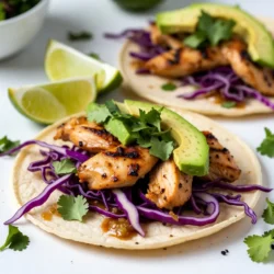 For these tasty tacos, you need a few key items: - 2 boneless, skinless chicken breasts - 8 small corn tortillas - 1 avocado, sliced - 1 cup purple cabbage, shredded - Fresh cilantro, chopped (for garnish) - Lime wedges (for serving) These ingredients bring flavor and freshness to your tacos. The chicken is the star. It absorbs all the yummy tastes from the marinade. The marinade is simple but full of flavor. Here’s what you need: - 1/4 cup honey - 1/4 cup freshly squeezed lime juice - 2 cloves garlic, minced - 1 teaspoon chili powder - 1/2 teaspoon cumin - Salt and pepper to taste Mix these items in a bowl. The honey adds sweetness, while the lime gives a bright kick. Garlic adds depth, and the spices create warmth. This blend will make your chicken juicy and tasty. Toppings make the tacos even better. Here are some great choices: - Sliced avocado adds creaminess. - Shredded cabbage brings crunch. - Chopped cilantro adds freshness. - Lime wedges provide a zesty finish. Feel free to mix and match! You can add your favorite toppings to make these tacos your own. Enjoy the flavors and textures in each bite. {{ingredient_image_1}} To start, gather your ingredients. You need honey, lime juice, minced garlic, chili powder, cumin, salt, and pepper. In a small bowl, whisk together 1/4 cup of honey and 1/4 cup of lime juice. Add 2 cloves of minced garlic, 1 teaspoon of chili powder, and 1/2 teaspoon of cumin. Finally, add salt and pepper to taste. This marinade gives the chicken a sweet and tangy flavor. Take your 2 boneless, skinless chicken breasts and place them in a resealable bag or shallow dish. Pour the marinade over the chicken, making sure it is well-coated. Seal the bag or cover the dish and refrigerate it for at least 30 minutes to 1 hour. This step helps the chicken absorb all the tasty flavors. Preheat your grill or grill pan over medium-high heat. Remove the chicken from the marinade and discard the leftover liquid. Grill the chicken for about 6-7 minutes on each side. You want to cook it until the internal temperature reaches 165°F (75°C). After grilling, let the chicken rest for a few minutes. This helps keep it juicy and tender. While the chicken rests, warm your 8 small corn tortillas on the grill or in a skillet. Heat them for about 30 seconds on each side, just until they are pliable. Slice the grilled chicken into strips. Distribute the chicken evenly among the warm tortillas. Top each taco with sliced avocado, shredded purple cabbage, and a sprinkle of fresh cilantro. Serve with lime wedges on the side for extra flavor. Enjoy your delicious Honey Lime Chicken Tacos! For great flavor, marinate your chicken for at least 30 minutes. I often let it sit for one hour. This gives the honey and lime time to soak in. Use a resealable bag to coat the chicken well. This helps to cover all sides evenly. Make sure to press out the air before sealing the bag. This creates a nice seal and keeps the marinade close. The best cooking temperature for chicken is 165°F (75°C). This ensures the chicken is safe to eat. Use a meat thermometer to check the temperature. I grill the chicken for about 6-7 minutes on each side. Keep an eye on it so it does not overcook. Let the chicken rest for a few minutes after grilling. This helps keep it juicy. To serve your tacos, warm the corn tortillas first. I heat them for about 30 seconds on each side. This makes them soft and easy to fold. Once the tortillas are ready, add sliced avocado and shredded cabbage. These toppings add great color and crunch. Don't forget fresh cilantro for extra flavor. Serve lime wedges on the side for a fresh squeeze. This adds a nice tang to each bite. Enjoy your delicious Honey Lime Chicken Tacos! Pro Tips Marinate Longer for Flavor: For an even deeper flavor, consider marinating the chicken for up to 4 hours or overnight. This allows the honey and lime to penetrate the meat, making it even juicier and more flavorful. Grill Marks and Flavor: To get beautiful grill marks and enhance the flavor, make sure your grill is properly preheated before adding the chicken. This also helps to prevent sticking. Fresh Ingredients Matter: Use fresh limes for juicing rather than bottled lime juice. The fresh zest and acidity will elevate the taste of your tacos significantly. Customize Your Toppings: Feel free to add additional toppings such as diced tomatoes, jalapeños, or a drizzle of sour cream for extra flavor and texture. Tailor your tacos to your liking! {{image_2}} You can swap chicken for other proteins. Try shrimp for a lighter taste. Just cook the shrimp until pink and firm. You can also use pork. Marinate pork tenderloin in the same honey lime mix. Grill it for about 6-8 minutes on each side. Each protein gives a unique twist to your tacos. If you prefer a meatless meal, use portobello mushrooms. These mushrooms have a nice, meaty texture. Marinate them just like the chicken. Grill them until they are soft and juicy. You can also use tofu. Press and cube the tofu, then marinate it. Grill until golden brown for a tasty alternative. Feel free to change the flavors in your tacos. Add some diced jalapeños for a spicy kick. You can also mix in fresh herbs like basil or mint for a fresh taste. If you want a smoky flavor, try adding smoked paprika. Experimenting with these flavors can create a taco that fits your taste perfectly. To store leftover chicken tacos, keep them in an airtight container. Place the chicken, tortillas, and toppings separately. This way, the tortillas stay soft and the toppings remain fresh. Store everything in the fridge for up to three days. If you mix them, the tacos may get soggy. When you’re ready to eat your tacos, reheat the chicken first. You can use a microwave, skillet, or oven. If using the microwave, heat in short bursts to avoid drying out the chicken. In a skillet, warm over medium heat for a few minutes. If you want to use the oven, preheat to 350°F (175°C) and heat for about 10 minutes. Warm the tortillas briefly on a skillet or grill before serving. You can freeze the chicken for later use, but not the assembled tacos. Place the cooked chicken in a freezer-safe bag. Remove as much air as possible and seal it well. It can last up to three months in the freezer. When ready to use, thaw it in the fridge overnight. Reheat as mentioned before. Always ensure food is heated to at least 165°F (75°C) for safe eating. Yes, you can make the marinade in advance. Just mix the honey, lime juice, garlic, chili powder, cumin, salt, and pepper in a bowl. Store it in the fridge for up to 3 days. This will enhance the flavors when you marinate the chicken. If you need a substitute for honey, use maple syrup or agave nectar. Both will create a similar sweetness. You can also use brown sugar in a pinch. Just mix it with a bit of water to dissolve. To check if the chicken is done, use a meat thermometer. Make sure it reaches 165°F (75°C). You can also cut into the chicken. The inside should be white, not pink. If you see any pink, cook it a bit longer. This blog post covered how to make tasty Honey Lime Chicken Tacos. We explored key ingredients, like the marinade and toppings that boost flavor. I shared step-by-step instructions to prepare, marinate, and grill the chicken perfectly. We also discussed helpful tips and fun variations, including vegetarian options and different proteins. Remember to store leftovers properly for later enjoyment. Using these ideas, you can create a delicious meal that your friends and family will love. Enjoy your cooking and happy eating!