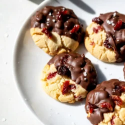 - 1 cup unsalted butter, softened - 1 cup granulated sugar - 1 cup brown sugar, packed - 2 large eggs - 2 teaspoons vanilla extract - 3 cups all-purpose flour - 1 teaspoon baking soda - 1/2 teaspoon salt - 1 cup dried cherries, chopped - 1 cup semi-sweet chocolate chips - 1 tablespoon coconut oil (for melting chocolate) - Sea salt flakes for topping (optional) Use unsalted butter for better control of salt levels. Make sure the butter is soft to blend well with the sugars. It helps create a light and fluffy texture. You can chop the dried cherries into smaller pieces for even distribution in the dough. This ensures you get a cherry bite in every cookie. If you need a dairy-free option, use vegan butter instead of unsalted butter. You can swap granulated sugar with coconut sugar for a different flavor. For a gluten-free treat, use a gluten-free all-purpose flour blend. If you don't have dried cherries, try dried cranberries or raisins. For a dairy-free chocolate option, use dark chocolate chips made without dairy. {{ingredient_image_1}} Start by turning your oven to 350°F (175°C). This is the perfect heat for baking. Line a baking sheet with parchment paper. This helps cookies not stick and makes clean-up easy. In a large bowl, add 1 cup of softened unsalted butter. Then, mix in 1 cup of granulated sugar and 1 cup of packed brown sugar. Use a hand mixer or a sturdy spoon to blend until it is light and fluffy. Next, add 2 large eggs, one at a time. Pour in 2 teaspoons of vanilla extract. Mix until everything is smooth. In another bowl, whisk together 3 cups of all-purpose flour, 1 teaspoon of baking soda, and 1/2 teaspoon of salt. This mixture gives the cookies their structure. Make sure to mix well to avoid clumps. Slowly add the dry mixture to the wet mixture. Stir gently until just combined. Be careful not to over-mix. Now, take 1 cup of chopped dried cherries and fold them into the dough. This adds a sweet and tart burst to each bite. Using a cookie scoop or a tablespoon, drop mounds of dough onto your baking sheet. Leave space between each mound. Bake in the preheated oven for 10-12 minutes. Look for lightly golden edges. Let the cookies cool on the sheet for 5 minutes. Then, transfer them to wire racks to cool completely. While your cookies cool, it’s time to melt the chocolate. Take 1 cup of semi-sweet chocolate chips and 1 tablespoon of coconut oil. Place them in a microwave-safe bowl. Heat in 30-second intervals, stirring in between, until smooth. Once the cookies are cool, dip half of each cookie into the melted chocolate. Allow any excess chocolate to drip off. Place them on a parchment-lined tray. If you like, sprinkle a few sea salt flakes on top while the chocolate is still soft. After dipping all cookies, refrigerate them for 30 minutes to set the chocolate. Enjoy your delicious treats! To get the best cookie texture, start with softened butter. Cream it well with both sugars. This step adds air to your dough, making it light. Mix just until combined after adding the dry ingredients. Over-mixing can make cookies tough. Chilling the dough before baking can help too. Try chilling for about 30 minutes. This helps the cookies hold their shape while baking. Melting chocolate can be tricky. Use a microwave-safe bowl and add chocolate chips with coconut oil. Heat in short bursts of 30 seconds. Stir between each burst to avoid burning. The coconut oil helps the chocolate stay shiny and smooth. If you see lumps, stir until they melt completely. You want a silky texture for dipping. Store your cookies in an airtight container. This keeps them fresh longer. If you have chocolate-covered cookies, wait for the chocolate to set first. Place parchment paper between layers in the container to prevent sticking. For longer storage, freeze them. Wrap each cookie in plastic wrap, then place them in a freezer bag. They can last up to three months in the freezer. Pro Tips Use Room Temperature Butter: Ensure your butter is at room temperature for easier creaming with sugars, resulting in a lighter, fluffier cookie. Chop Cherries Finely: Finely chopping the dried cherries helps distribute their flavor evenly throughout the cookie dough. Monitor Baking Time: Keep an eye on your cookies during the last few minutes of baking to avoid overbaking; they should be lightly golden around the edges. Cool Completely Before Dipping: Allow cookies to cool completely before dipping in chocolate to prevent melting and ensure a clean finish. {{image_2}} You can change the flavor by swapping some ingredients. For a fruity twist, use dried cranberries instead of cherries. You can also try using orange zest for a bright, fresh taste. Substitute half the semi-sweet chocolate with white chocolate for a creamy contrast. Adding nuts can bring a nice crunch. Chopped walnuts or pecans work well. If you want more fruitiness, mix in chopped apricots or raisins. Just make sure to keep the total amount of mix-ins similar to the original recipe. This keeps the cookies balanced and tasty. The chocolate dip can change too! Use dark chocolate for a richer flavor or milk chocolate for something sweeter. You can even add a splash of peppermint extract for a holiday feel. For a unique touch, sprinkle crushed candy canes on top while the chocolate is still warm. Each dip creates a new cookie experience! To store your leftover cookies, keep them in an airtight container. This helps keep them fresh and soft. Place parchment paper between layers to avoid sticking. Store them at room temperature for easy access. If you live in a humid area, this method works well for a few days. If you want to save some cookies for later, you can freeze them. First, let the cookies cool completely. Then, place them in a single layer on a baking sheet. Freeze for about an hour until they are firm. After that, transfer them to a zip-top freezer bag. Remove as much air as possible before sealing. These cookies can last up to three months in the freezer. When stored properly, chocolate covered cherry cookies last about one week at room temperature. If frozen, they can last up to three months. To enjoy them at their best, try to eat them within a week after baking. The flavors stay fresh and the texture remains soft. Yes, you can use fresh cherries. However, they will add more moisture. This change may affect the cookie's texture. If you choose fresh cherries, chop them small. You might need to reduce other wet ingredients slightly. To make gluten-free Chocolate Covered Cherry Cookies, swap out regular flour for gluten-free flour. Look for a blend that works well for baking. Check the packaging for the best use. This swap keeps your cookies tasty and soft. You can use butter or vegetable oil instead of coconut oil. Both will work well for melting chocolate. If you want a neutral taste, vegetable oil is a great choice. Butter will add a rich flavor to your cookies. To keep chocolate smooth, melt it gently. Use short bursts in the microwave or a double boiler. Stir often to avoid overheating. If chocolate starts to harden, add a bit of coconut oil or butter. This adds shine and keeps it soft. In this blog post, we explored the key ingredients for making delicious cookies. You learned about preparation notes and smart substitutions. Step-by-step, I guided you through mixing, baking, and garnishing. I also shared tips for perfect texture and smooth chocolate melting. Remember, baking is a fun way to experiment. Feel free to try different flavors and add-ins. Store leftovers properly to keep them fresh. Enjoy the process and the sweet rewards!