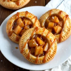 - 2 cups all-purpose flour - 1/2 cup unsalted butter, chilled and diced - 3 medium apples, peeled, cored, and diced The base of our hand pies starts with all-purpose flour. It gives the crust a nice, flaky texture. Next, we need unsalted butter. This butter adds richness and helps create a tender crust. For the filling, I love using three medium apples, preferably Granny Smith. They are tart and provide a great contrast to the sweet caramel. - 1/2 cup brown sugar - 1 teaspoon cinnamon - 1/4 teaspoon nutmeg For sweetness, brown sugar does the trick. It brings a deep flavor to the filling. I also add cinnamon and nutmeg to give it that warm, cozy fall vibe. These spices enhance the apple flavor and make the pies smell amazing while baking. - 1/2 cup store-bought salted caramel sauce - 1 egg (for egg wash) No hand pie is complete without salted caramel sauce. This ingredient adds a rich, sweet touch that pairs perfectly with the apples. Finally, we use one egg for an egg wash. This gives the crust a lovely golden color when baked. {{ingredient_image_1}} To begin, mix the dry ingredients. In a large bowl, combine 2 cups of all-purpose flour, 1/2 teaspoon of salt, and 1 tablespoon of sugar. This simple blend creates a base for a flaky crust. Now, incorporate the butter. Add 1/2 cup of chilled, diced unsalted butter to the dry mix. Use a pastry cutter or your fingers to blend until it looks like coarse crumbs. This is key for a tender crust. Next, form the dough and chill it. Slowly pour in 6 tablespoons of ice water, one tablespoon at a time. Mix until the dough starts to hold together. Shape it into a disc, wrap it tightly in plastic wrap, and chill it in the fridge for at least 30 minutes. Chilling helps the dough relax and stay tender. While the dough chills, it's time to make the apple filling. In a large bowl, combine 3 medium apples, peeled, cored, and diced. Add 1/2 cup of brown sugar, 1 teaspoon of cinnamon, 1/4 teaspoon of nutmeg, and 1 tablespoon of lemon juice. Mix well until the apples are coated. This step lets the flavors blend nicely. Set the bowl aside to allow the apples to absorb the flavors. Now, let’s assemble the hand pies. Roll out the chilled dough on a floured surface to about 1/8-inch thick. Use a 4-inch cookie cutter or a bowl to cut circles from the dough. For each pie, place about 2 tablespoons of the apple mixture in the center of half the dough circles. Drizzle 1 teaspoon of salted caramel sauce on top of the filling. This adds a rich, sweet touch. Moisten the edges of the circles with water. Place a second circle over the filling and carefully press the edges to seal. Use a fork to crimp the edges for a fun, decorative finish. Next, preheat your oven to 400°F (200°C). Line a baking sheet with parchment paper to prevent sticking. Before baking, apply the egg wash. In a small bowl, beat 1 egg and brush it over the top of each pie. This gives them a nice golden color. Don’t forget to sprinkle coarse sea salt on top for that perfect salted caramel flavor. Finally, bake the pies for 20 to 25 minutes or until they turn golden brown. Enjoy the delightful aroma filling your kitchen as they bake. Let them cool slightly before serving. Chilling the dough is key. It keeps the butter cold and helps the dough hold its shape. If the dough is warm, it can shrink when baking. After mixing, wrap it tightly and chill for at least 30 minutes. To avoid shrinkage, roll the dough gently. Use a light touch to keep it from stretching too much. When you cut it, use a sharp knife or a round cutter. This helps keep the edges clean and neat. Choosing the right apples makes a big difference. I always go for Granny Smith apples. They are tart and hold their shape well when cooked. You can mix them with sweeter apples, like Fuji, for a nice balance. Balancing sweetness and tartness is important. Use brown sugar for a deep flavor. Add a touch of lemon juice to brighten the apples. A sprinkle of cinnamon and nutmeg adds warmth and depth to your filling. To achieve a golden crust, preheat your oven to 400°F (200°C). Brush the tops of the pies with egg wash; this gives them a nice shiny finish. Sprinkle coarse sea salt on top for a savory touch. Baking time may vary by oven. Start with 20 minutes, but keep an eye on them. The pies should be golden brown and bubbly. If your oven runs hot, check them a few minutes earlier. Adjust as needed for best results. Pro Tips Chill Your Dough: Ensure your dough is well-chilled before rolling it out. This helps maintain the flakiness of the crust and makes it easier to handle. Use Tart Apples: Opt for tart apples like Granny Smith for a balanced flavor against the sweetness of the caramel. Seal It Well: Make sure to crimp the edges securely to prevent the filling from leaking out during baking. Extra Caramel Drizzle: For a decadent touch, drizzle additional salted caramel over the baked hand pies just before serving. {{image_2}} You can easily adapt this recipe to fit your diet. - Gluten-free flour alternatives: Use a gluten-free flour blend. Brands like Bob's Red Mill work well. This keeps the taste rich while making it safe for gluten-free diets. - Vegan modifications: Replace the butter with coconut oil or vegan butter. Use a flax egg instead of a regular egg for the wash. This way, you can enjoy hand pies without animal products. Adding new flavors can make your hand pies even more exciting. - Adding nuts or dried fruits: Chopped walnuts or pecans add crunch. Dried cranberries or raisins can bring in a sweet twist. Just mix them into the apple filling for extra texture. - Different spices for unique flavor profiles: Try cardamom or ginger for a different taste. These spices can give your hand pies a fun and warm flavor, perfect for fall. How you serve these hand pies can enhance the experience. - Pairing with ice cream: Serve warm hand pies with a scoop of vanilla ice cream. The cool ice cream melts into the warm pie, creating a tasty mix. - Drizzling with extra caramel or chocolate sauce: A drizzle of more salted caramel or rich chocolate sauce makes them even sweeter. This small touch adds a pop of flavor and looks great on a plate! How long do the hand pies last in the fridge? The hand pies stay fresh in the fridge for about 3 days. You can enjoy them warm or cold. Best way to store leftovers Store the hand pies in an airtight container. This keeps them from drying out. You can also wrap each pie in plastic wrap for extra freshness. Instructions for freezing before or after baking You can freeze the hand pies before baking. Just place them on a baking sheet and freeze until solid. Then, wrap them in plastic wrap and foil. If you freeze them after baking, let them cool first. Then, store them in an airtight container. How to reheat frozen hand pies To reheat, bake the frozen hand pies at 375°F (190°C) for 20-25 minutes. This will make them crispy again. You can also microwave them for a quick snack, but they won’t be as crisp. Yes, you can make the dough ahead. Just follow these steps: - Mix the dry ingredients: Combine the flour, salt, and sugar in a bowl. - Cut in the butter: Add the chilled, diced butter. Mix until it looks like coarse crumbs. - Add ice water: Gradually mix in ice water, one tablespoon at a time, until the dough forms. - Chill the dough: Shape it into a disc, wrap it in plastic, and refrigerate for at least 30 minutes. You can keep the dough in the fridge for up to two days. Just make sure to let it sit at room temperature for a few minutes before rolling it out. I recommend using Granny Smith apples for hand pies. They are tart, which balances the sweet caramel. Other good options include: - Honeycrisp: They add sweetness and crunch. - Fuji: These are sweet and juicy. - Jonagold: A mix of sweet and tart flavors. Each type brings its unique taste and texture, so feel free to mix them! To prevent leaks, follow these tips: - Seal the edges well: After filling, moisten the edges and press them tightly. - Use a fork: Crimp the edges with a fork for a strong seal. - Avoid overfilling: Use about 2 tablespoons of filling per pie. Too much can cause leaks. - Cut vents: Make small cuts on top of each pie to allow steam to escape. These steps help keep your filling inside, ensuring a perfect pie every time! You learned about making delicious hand pies from scratch. We covered key ingredients like apples, butter, and spices. I shared step-by-step instructions to guide you from dough to bake. Tips on perfecting your pastry were also included. Explore variations to suit your taste or dietary needs. With smart storage techniques, your hand pies can last longer. Enjoy baking and savoring every bite. These delightful treats are sure to impress anyone you share them with. Get ready to enjoy your homemade goodness!