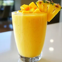 - 1 ripe mango, peeled and diced - 1 cup fresh pineapple, diced - 1 banana, sliced You need fresh fruits for the best flavor. Choose a ripe mango. A ripe mango has a sweet smell and gives slightly when you press it. The pineapple should be juicy and fragrant. A ripe banana adds creaminess and natural sweetness. - 1 cup coconut milk - 1 cup almond milk (for a lighter option) Coconut milk makes the smoothie creamy and rich. It gives a tropical vibe. Almond milk is lighter and still tasty. You can choose based on your preference. - 1 tablespoon honey or agave syrup - 1 teaspoon chia seeds Honey or agave syrup adds sweetness. You can adjust the amount based on your taste. Chia seeds pack a nutritional punch. They add fiber and omega-3s. These add-ins are optional but highly recommended for extra flavor and nutrition. {{ingredient_image_1}} - Gather and chop all ingredients. - Combine fruits in the blender. First, you need to get everything ready. Chop the ripe mango, fresh pineapple, and banana. Make sure they are all diced into small pieces. This will help them blend better. Next, toss all the chopped fruits into your blender. Make sure they are mixed well. - Add liquid to the fruits. - Optional sweeteners and ice cubes. Now, pour in the coconut milk. This gives the smoothie a creamy texture. If you want it sweeter, you can add honey or agave syrup. If you like your smoothies cold, toss in the ice cubes. The ice adds a nice chill and makes it refreshing. - Blend until smooth. - Adjust sweetness to taste. Blend everything on high speed. Keep blending until smooth. There should be no chunks left. After blending, taste your smoothie. If it needs more sweetness, add a bit more honey or agave. Blend again briefly to mix it in. Now your smoothie is ready to enjoy! - How to select ripe mangoes: Look for mangoes that feel soft but not mushy. The skin should have a slight give when you press it. A sweet aroma means it’s ripe. - Selecting fresh pineapples: Choose pineapples that are firm and heavy for their size. The leaves should be green and fresh, not brown or wilted. A sweet smell at the base signals ripeness. - Tips for a creamier smoothie: Use coconut milk for a rich texture. You can also add a banana for extra creaminess. - Adjusting thickness with ice or milk: If your smoothie is too thick, add more coconut milk or a touch of water. For a thicker drink, increase the ice. - Nutritional benefits of chia seeds: Chia seeds are great for fiber and protein. They also add omega-3 fatty acids, which are good for heart health. - Other superfood options that pair well: You can add spinach for iron, or flaxseeds for more fiber. Both mix well without changing the flavor much. Pro Tips Choose Ripe Fruits: Make sure your mango and pineapple are ripe for the best flavor. A ripe mango should yield slightly to pressure and have a sweet aroma. Ice Alternatives: If you prefer a creamier texture, freeze the banana beforehand instead of adding ice cubes. This will keep your smoothie cold without diluting it. Nut Milk Options: For a lighter version, almond milk is a great alternative to coconut milk. It will still provide a delicious base while reducing calories. Chia Seeds Boost: Soak chia seeds in water for 10 minutes before adding them to the smoothie. This enhances their texture and nutritional benefits, making your smoothie even healthier. {{image_2}} You can add spinach to your mango pineapple smoothie for a green twist. Spinach blends well and adds nutrients without changing the taste. You can also mix in other tropical fruits. Try adding kiwi, papaya, or even berries for new flavors. If you want a vegan option, replace honey with maple syrup. Maple syrup gives a nice sweetness while keeping it plant-based. For low-calorie alternatives, skip the sweeteners and use unsweetened almond milk. This way, you can enjoy a tasty treat without the extra calories. You can use fresh fruit when it’s in season for the best taste. Frozen fruits are great too, especially if fresh isn’t available. For summer, fresh mangoes and pineapples are perfect. In winter, frozen fruits still give you that tropical vibe. To store your leftover smoothie in the fridge, pour it into a clean glass jar. Seal it tightly with a lid. It will stay fresh for up to two days. Shake the jar before drinking to mix any ingredients that may have settled. If you want to freeze smoothies for later use, pour your smoothie into ice cube trays or freezer bags. This way, you can save time for busy days. When ready to drink, just blend the frozen cubes with a little milk until smooth. To defrost frozen smoothies, place the bag or tray in the fridge overnight. You can also use the microwave on low power for a few seconds. Make sure to stir the smoothie well after defrosting. After refrigeration, refreshing smoothies is simple. Just add a bit of ice and blend again for a cold, tasty drink. You can also add a splash of coconut milk or almond milk to bring back the creaminess. Smoothies can be kept in the fridge for about two days. If stored properly in the freezer, they last for about one month. Watch for signs of spoilage. If your smoothie smells sour or has a strange color, it's best to throw it away. A change in texture can also mean it’s no longer good. Always trust your senses! Yes, you can make a mango pineapple smoothie without a blender. You can use a fork or potato masher to mash the fruits. Start by finely chopping the mango, pineapple, and banana. Then mix them with coconut milk in a bowl. Stir well until creamy. It may take more time, but it works! Mango and pineapple smoothies offer many health benefits. Mangoes are rich in vitamins A and C. They help boost your immune system and improve skin health. Pineapples contain bromelain, which aids digestion. They also have anti-inflammatory properties. Together, they create a tasty drink full of nutrients, helping keep you healthy. To make your smoothie thicker, you can add more fruit. Frozen fruits work great, especially bananas. You can also use less liquid, like coconut milk. Adding chia seeds can help too. They expand and add texture. Blend well to combine everything, and enjoy your creamy smoothie! This blog post guides you through making a tasty mango pineapple smoothie. You learned about selecting ripe fruits, choosing the right liquids, and adding beneficial extras. I shared tips for achieving the best texture and suggested fun variations. Remember to store leftovers properly to enjoy later. Smoothies are a quick, healthy treat. With these steps, you can whip up delicious smoothies every time. Enjoy creating your unique blend that fits your taste!
