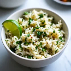To make the perfect lime cilantro rice, you need these simple ingredients: - 1 cup long-grain rice (jasmine or basmati) - 2 cups vegetable broth or water - Zest of 1 lime - 2 tablespoons lime juice - 1/4 cup fresh cilantro, finely chopped - 2 tablespoons olive oil - 1 teaspoon garlic powder - 1/2 teaspoon onion powder - Salt, to taste - Optional: 1/4 teaspoon red pepper flakes You can swap some ingredients if you need to. Use chicken broth instead of vegetable broth for more flavor. If you don’t have fresh cilantro, try parsley for a different taste. You can also use lime zest from a bottle if fresh limes aren’t available. For a vegan option, ensure the broth is plant-based. When buying cilantro, look for bright green leaves. They should be crisp, not wilted or brown. Smell the cilantro; it should smell fresh and slightly citrusy. Avoid bunches that have yellowing leaves. If you can, buy it from a local farmer’s market for the best flavor. Store cilantro upright in a jar with water, like flowers, to keep it fresh longer. {{ingredient_image_1}} Start by rinsing the rice. Use cold water in a fine mesh strainer. Rinse until the water runs clear. This step removes excess starch and helps make fluffy rice. For Lime Cilantro Rice, I prefer long-grain rice like jasmine or basmati. This type of rice cooks well and has great flavor. Next, grab a medium saucepan. Combine the rinsed rice with vegetable broth or water. Add garlic powder, onion powder, and a pinch of salt. Bring this mixture to a boil over medium-high heat. Once it boils, reduce the heat to low. Cover the saucepan and let it simmer for 15-20 minutes. The rice should be tender and the liquid fully absorbed. After cooking, remove the pot from the heat. Let it sit covered for five more minutes. This resting time helps the rice fluff up nicely. Now comes the fun part! In a small bowl, mix the lime juice, lime zest, and olive oil. You can add more salt if needed. Pour this zesty mixture over the fluffy rice. Then, add the freshly chopped cilantro. If you like some heat, stir in red pepper flakes. Gently mix everything together. Make sure the rice is evenly coated with the lime and cilantro. This step brings all the flavors together and makes the rice pop! To boost the taste of your lime cilantro rice, consider these ideas: - Fresh Ingredients: Always use fresh lime and cilantro. They add bright flavors. - Add Heat: If you like spice, mix in red pepper flakes. Just a little gives a nice kick. - Herbs and Spices: Try adding cumin or paprika for depth. These spices complement lime well. - Broth Swap: Use chicken broth instead of water for richer flavor. Avoid these common issues for the best rice: - Skipping the Rinse: Do not skip rinsing the rice. It removes extra starch and keeps the rice fluffy. - Overcooking: Keep an eye on the cooking time. Overcooked rice turns mushy. - Too Much Water: Use the right water-to-rice ratio. Too much water makes it soggy. - Not Fluffing: After cooking, fluff the rice. This keeps it from clumping together. Follow these tips for perfectly cooked rice every time: - Measure Carefully: Use a measuring cup for rice and liquid. Precision matters. - Simmer Gently: Once boiling, lower the heat to a gentle simmer. This helps the rice cook evenly. - Let it Rest: After cooking, let the rice sit, covered, for five minutes. This allows it to steam and finish cooking. - Use a Fork: When fluffing, use a fork instead of a spoon. This keeps the grains intact. With these tips, you'll make a flavorful lime cilantro rice that shines at any meal. Pro Tips Rinse Your Rice: Rinsing the rice helps remove excess starch and results in fluffier, less sticky grains. Broth for Flavor: Using vegetable broth instead of water enhances the overall flavor of the rice, making it more delicious. Let It Rest: Allowing the rice to sit covered after cooking helps to steam it further, ensuring a perfect texture. Fresh Cilantro: Always use fresh cilantro for the best flavor; dried herbs won’t provide the same vibrant taste. {{image_2}} You can easily make this lime cilantro rice heartier. Add vegetables or proteins for extra flavor and nutrition. Try mixing in black beans, corn, or bell peppers. These add color and taste to the dish. If you prefer protein, grilled chicken or shrimp works well. Just stir them in after the rice is cooked and mixed with lime and cilantro. This makes a full meal in one bowl. If you like some heat, you can spice up your lime cilantro rice. Add red pepper flakes, just a pinch, when mixing in the lime juice. For more heat, try diced jalapeños or chopped serrano peppers. This adds a nice kick that complements the lime well. Adjust the spice to fit your taste. You want to enjoy the flavors without it overpowering the dish. While jasmine or basmati rice is great, you can use other types too. Brown rice gives a nuttier flavor and is more filling. Quinoa is a fun option for a protein boost and a different texture. Just remember to adjust the cooking time based on the rice type you choose. The key is to keep the same lime and cilantro mix for that zesty flavor. You can experiment and find the rice that you love best. Store leftover Lime Cilantro Rice in an airtight container. Make sure it cools to room temperature first. This helps keep it fresh. Place the container in the fridge. It will last about 3 to 4 days. If you want to keep it longer, try freezing it. To reheat the rice, add a splash of water to it. This adds moisture back. Place it in the microwave on medium heat. Heat for about 1 to 2 minutes. Stir halfway through to ensure even heating. You can also reheat it on the stove. Use a non-stick pan and low heat. Stir gently until warmed through. You can freeze Lime Cilantro Rice for later use. Allow it to cool completely. Then, portion it into freezer bags. Remove as much air as possible before sealing. Label the bags with the date. It can last up to 3 months in the freezer. When ready to eat, thaw it in the fridge overnight. Reheat as mentioned above for the best taste. I recommend using long-grain rice like jasmine or basmati. These types give a light, fluffy texture. Jasmine rice has a lovely floral scent. Basmati rice adds a nutty flavor. Both work well with lime and cilantro. Yes, you can make Lime Cilantro Rice in advance. Cook it, then let it cool. Store it in a container in the fridge. It stays fresh for about three days. Just reheat it on the stove or in the microwave before serving. You can change the lime juice and zest to taste. If you want more zing, add extra lime. For a bit of heat, stir in red pepper flakes. You can also mix in more cilantro for a stronger flavor. Taste as you go for the best results. This blog post covered how to make Lime Cilantro Rice easily. We discussed the key ingredients, including ways to swap them. You learned how to prepare and cook the rice perfectly while mixing in that zesty lime. I shared tips to boost flavor and avoid mistakes. You also saw tasty variations and how to store it. Remember, cooking is fun. Experiment with flavors and make this dish yours. Enjoy your cooking!