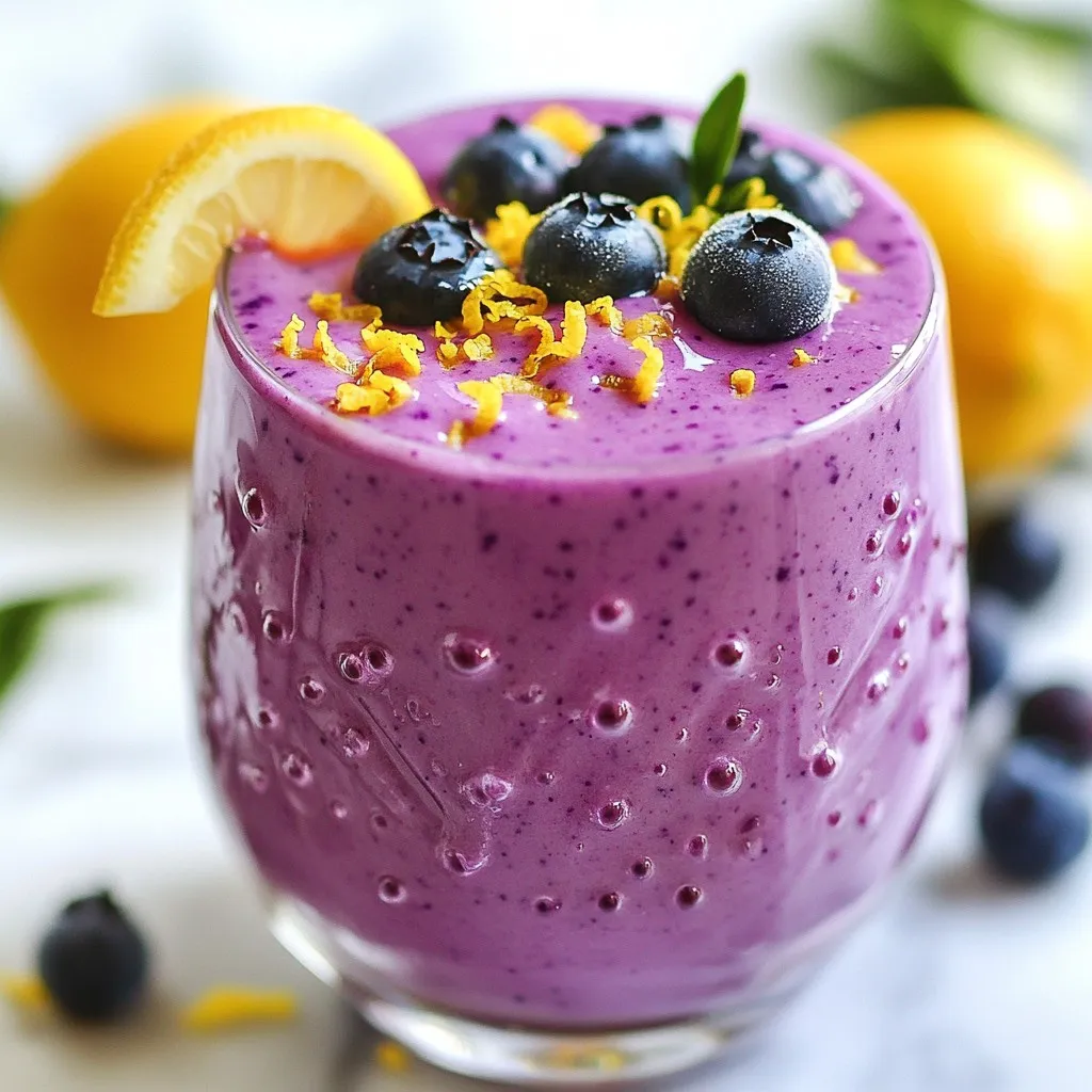 To make a Blueberry Lemon Cheesecake Smoothie, gather these simple ingredients: - 1 cup fresh or frozen blueberries - 1 ripe banana - 1/2 cup plain Greek yogurt - 1/4 cup cream cheese, softened - 1 tablespoon honey or maple syrup - 1 tablespoon lemon juice - 1 teaspoon lemon zest - 1/2 cup almond milk - 1/4 teaspoon vanilla extract - A pinch of salt - Optional: A handful of ice Each ingredient plays a key role. The blueberries give a sweet and tangy flavor. A ripe banana adds natural sweetness and creaminess. Greek yogurt and cream cheese create a rich texture, making it feel like dessert. Honey or maple syrup allows you to control the sweetness. Lemon juice and zest brighten the smoothie with citrus notes. Almond milk gives it a smooth finish, while vanilla and salt enhance the overall taste. If you want your smoothie thicker, toss in some ice. This blend of flavors and textures makes this smoothie a delightful treat for any time of the day. {{ingredient_image_1}} - In a blender, combine the following ingredients: - 1 cup fresh or frozen blueberries - 1 ripe banana - 1/2 cup plain Greek yogurt - 1/4 cup cream cheese, softened - 1 tablespoon honey or maple syrup - 1 tablespoon lemon juice - 1 teaspoon lemon zest This mix gives the smoothie a rich and creamy texture. - Next, pour in 1/2 cup of almond milk and add: - 1/4 teaspoon vanilla extract - A pinch of salt These ingredients enhance the flavor and balance the sweetness. - If you want a thicker smoothie, add a handful of ice cubes. - Blend everything on high speed until smooth and creamy. Scrape down the sides if needed to mix well. - Taste the smoothie. If you want it sweeter, add more honey or maple syrup to your liking. Now, pour the smoothie into glasses. You can garnish it with whole blueberries and a sprinkle of lemon zest on top for a nice touch. Enjoy your delicious Blueberry Lemon Cheesecake Smoothie! To get the perfect thickness for your smoothie, start with the ice. Add a handful of ice cubes if you want it thicker. Blend until smooth. You can also adjust the amount of almond milk. Less milk makes it thicker, while more milk adds a creamier feel. To adjust sweetness effectively, taste your smoothie after blending. You can add more honey or maple syrup as needed. Remember, ripe bananas add natural sweetness too. Freezing blueberries can enhance the flavor. Use fresh blueberries or freeze them for a chillier, tastier treat. Frozen blueberries also make your smoothie cold without needing too much ice. If you want a dairy-free option, use coconut yogurt instead of Greek yogurt. Almond milk is a good choice, but you can use oat or soy milk as well. There are many sweetener options. You can try agave syrup or stevia if you prefer. Each sweetener has a different taste, so choose what you like best. For flavor enhancements, consider adding a pinch of cinnamon or nutmeg. You might also try a splash of orange juice for a citrus twist. These simple changes can make your smoothie unique and fun! Pro Tips Use Frozen Blueberries: If you want a colder and thicker smoothie, opt for frozen blueberries instead of fresh ones. Adjust Sweetness: Taste the smoothie before serving and adjust the sweetness with more honey or maple syrup as needed. Enhance the Creaminess: For an even creamier texture, add an extra tablespoon of cream cheese or replace Greek yogurt with a full-fat version. Garnish Wisely: Garnish with fresh blueberries and a sprinkle of lemon zest for a pop of color and extra flavor. {{image_2}} You can switch up the fruit for fun flavors. Try adding strawberries or raspberries. These berries add a sweet and tangy touch. They also blend well with the cheesecake flavor. If you want to sneak in more greens, add a handful of spinach. It won’t change the taste much, but it boosts the nutrients. Another great option is mixing in some protein powder. This will make your smoothie more filling and great for post-workout. Feel free to get creative with flavors! Other citrus fruits can jazz up your smoothie. Think about using lime or orange juice instead of lemon. Each will give it a unique twist. You can also add spices like cinnamon. Just a pinch can enhance the flavor and add warmth. It’s all about exploring what you enjoy and making this smoothie your own! To keep your smoothie fresh and tasty, store it properly. - Refrigerating leftover smoothie: If you have smoothie left, pour it into a sealed container. It stays good in the fridge for up to 24 hours. Shake or stir before drinking. Sometimes, it may separate; that’s normal! - Freezing portions for future use: For longer storage, freeze your smoothie. Pour it into ice cube trays or small jars. It can last up to three months in the freezer. When you want some, just thaw it overnight in the fridge. To enjoy the best taste, drink your smoothie soon after making it. If stored well, the smoothie stays fresh for: - In the fridge: 1 day - In the freezer: 3 months Always check for any off-smells or changes in color before enjoying. Can I make this smoothie ahead of time? Yes, you can make this smoothie ahead of time. Just blend the ingredients and store it in the fridge. It tastes best when fresh. What’s the best way to make a thicker smoothie? To make a thicker smoothie, add a handful of ice. You can also use less almond milk. Try using frozen blueberries instead of fresh ones. How do I adjust the sweetness for dietary needs? You can adjust the sweetness easily. If you need it sweeter, add more honey or maple syrup. Alternatively, you can skip the sweeteners for a lower-sugar option. Can I use different types of milk? Absolutely! You can use any milk you like. Almond milk works well, but cow’s milk, oat milk, or coconut milk are great too. Is this smoothie suitable for meal prep? Yes, this smoothie is good for meal prep. Just blend and store in airtight containers. It will stay fresh in the fridge for 1-2 days. This blog post showed you how to make a delicious blueberry smoothie. We covered key ingredients, gave step-by-step instructions, and shared tips for the best results. You learned about variations and how to store leftovers. My final thought? This smoothie is not only tasty but also healthy. Enjoy experimenting with flavors and make it your own. You now have the tools to create a drink that suits your taste!