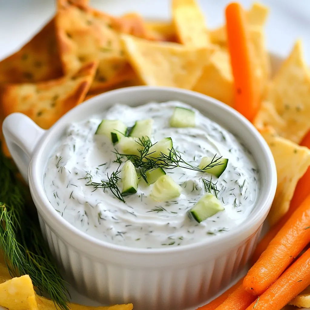 - 1 cup Greek yogurt - 1 medium cucumber, finely grated and excess water squeezed out - 2 tablespoons fresh dill, finely chopped - 1 clove garlic, minced - 1 tablespoon lemon juice - 1 tablespoon olive oil - Salt and pepper to taste The ingredients for this dip are simple yet full of flavor. Greek yogurt forms the base, giving the dip a rich and creamy texture. The cucumber adds freshness and crunch. Fresh dill brings a bright herbal note, while garlic gives it a nice kick. Lemon juice adds a tangy twist, and olive oil adds a smooth finish. Salt and pepper enhance all the flavors. If you want to change things up, you can use sour cream or a dairy-free yogurt instead of Greek yogurt. This dip can still taste great with these options. You can also use dried dill if you don’t have fresh. Just remember, dried herbs are stronger, so use less. About one tablespoon of dried dill should work well. For seasoning, you can choose low-sodium salt or no salt if you prefer. This way, you can control the salt content and keep it healthier. {{ingredient_image_1}} 1. Mixing the base with Greek yogurt Start by adding 1 cup of Greek yogurt into a mixing bowl. This will be the creamy base for our dip. 2. Incorporating cucumber and avoiding excess water Take 1 medium cucumber and finely grate it. Remember to squeeze out any excess water. This keeps the dip thick and tasty. 3. Adding dill and garlic for flavor enhancement Next, add 2 tablespoons of fresh dill, finely chopped, and 1 clove of minced garlic. Mix these into the yogurt and cucumber. This adds great flavor. 1. Drizzling with lemon juice and olive oil Now, drizzle in 1 tablespoon of lemon juice and 1 tablespoon of olive oil. These ingredients brighten the dip and add richness. 2. Adjusting seasoning to taste Season your dip with salt and pepper to suit your taste. Start with a little, then add more if you like. 3. Options for texture (chunky vs. blended) If you want a creamier dip, blend it briefly. For a chunkier texture, just mix it well. Both styles are delicious! To make the best Cucumber Dill Greek Yogurt Dip, you need to manage cucumber water. Cucumbers hold a lot of water. Grate the cucumber and squeeze out the excess water. This step keeps your dip from becoming too watery. For a creamier dip, blend the mixture for a short time. This mixes everything well and adds a smooth texture. If you prefer a chunkier style, just mix it gently. Refrigeration is key. Let your dip chill for at least 30 minutes. This time allows the flavors to blend and develop. A well-chilled dip tastes fresher and more vibrant. You can adjust the garlic amount to suit your taste. If you love garlic, add more. For a milder flavor, use less. Adding spices can give your dip an extra kick. Try a pinch of cayenne pepper or paprika for warmth. This small change can bring a lot of flavor. Customizing with additional herbs can elevate your dip. Fresh mint or parsley can add a new twist. Experiment and find your favorite mix! Pro Tips Choose the Right Yogurt: Use full-fat Greek yogurt for a creamier and richer dip. Fresh Herbs Matter: Fresh dill enhances the flavor significantly compared to dried herbs. Adjust Consistency: If you prefer a thinner dip, add a splash of water or more olive oil to reach your desired texture. Flavor Boost: Add a pinch of smoked paprika or red pepper flakes for an extra kick of flavor. {{image_2}} You can change up the Cucumber Dill Greek Yogurt Dip in fun ways. Adding avocado gives it a rich, creamy texture. Simply mash a ripe avocado and mix it in. This makes the dip extra smooth and adds a nice green color. If you like a kick, try a spicy version. Add chopped jalapeños for heat. Start with a small amount, then taste and adjust. This gives the dip a zesty twist that will wake up your taste buds. For a Greek-inspired twist, toss in some chopped olives. They add a briny flavor that pairs well with the yogurt and cucumber. Use Kalamata or green olives for different tastes. This variation is perfect if you want a Mediterranean flair. This dip is great with fresh veggies. Carrot sticks, bell pepper slices, and cucumber rounds work well. You can also serve it with pita chips for a crunchy bite. The contrast of textures makes every dip delightful. It's also a hit at parties or gatherings. Set out a bowl of this dip with a platter of veggies and chips. Your guests will enjoy dipping and chatting around the table. It’s easy to share and perfect for any occasion. Another fun way to use this dip is as a spread. It works well on sandwiches or wraps. Spread a layer on your favorite bread before adding meats and veggies. It adds flavor and keeps everything moist, making your lunch even better. To keep your Cucumber Dill Greek Yogurt Dip fresh, use a tight container. I recommend glass or plastic containers with lids. These containers help prevent air from getting in. This keeps the dip from spoiling. Before sealing, make sure the dip is cool. This helps avoid condensation inside the container. Store the dip in the refrigerator. It is best to keep it at a temperature below 40°F (4°C). Place it on a shelf rather than in the door. The door can be warmer from opening and closing. This dip lasts about three to four days in the fridge. After that, the taste and texture may change. Always check for any off smells or colors before eating. If you want to keep it longer, freezing is an option. For freezing, scoop the dip into a freezer-safe container. Leave some space at the top for expansion. This dip can last up to three months in the freezer. When you are ready to use it, thaw it in the fridge overnight. Stir well before serving again to get the right texture. This dip pairs wonderfully with fresh veggies. Carrot sticks, bell pepper slices, and cucumber rounds are great choices. You can also enjoy it with pita chips for a nice crunch. For a heartier option, serve it with grilled chicken or fish. The flavors of the dip balance well with many meats. It truly shines at gatherings as a fun appetizer! Yes, you can prepare this dip a day in advance. Making it ahead allows the flavors to meld together. Just store it in an airtight container in the refrigerator. Before serving, stir it gently to refresh its texture. The dip will taste even better after sitting for a while. It’s a great time-saver for busy days or parties! If you want a thinner dip, add a splash of water or extra lemon juice. Mixing in a bit of olive oil can also help. You can use lighter yogurt for a less creamy texture. For a different twist, blend in some buttermilk. This will give your dip a delicious, tangy flavor while making it easier to dip. You now have a complete guide to make a delicious Cucumber Dill Greek Yogurt Dip. With simple steps and variations, you can easily customize it to fit your taste. Remember to manage the cucumber water for the best texture and use fresh herbs for great flavor. Store it wisely to keep it fresh for your next gathering. Use this dip with veggies, pita chips, or your favorite meals. Enjoy creating and sharing this tasty dish!
