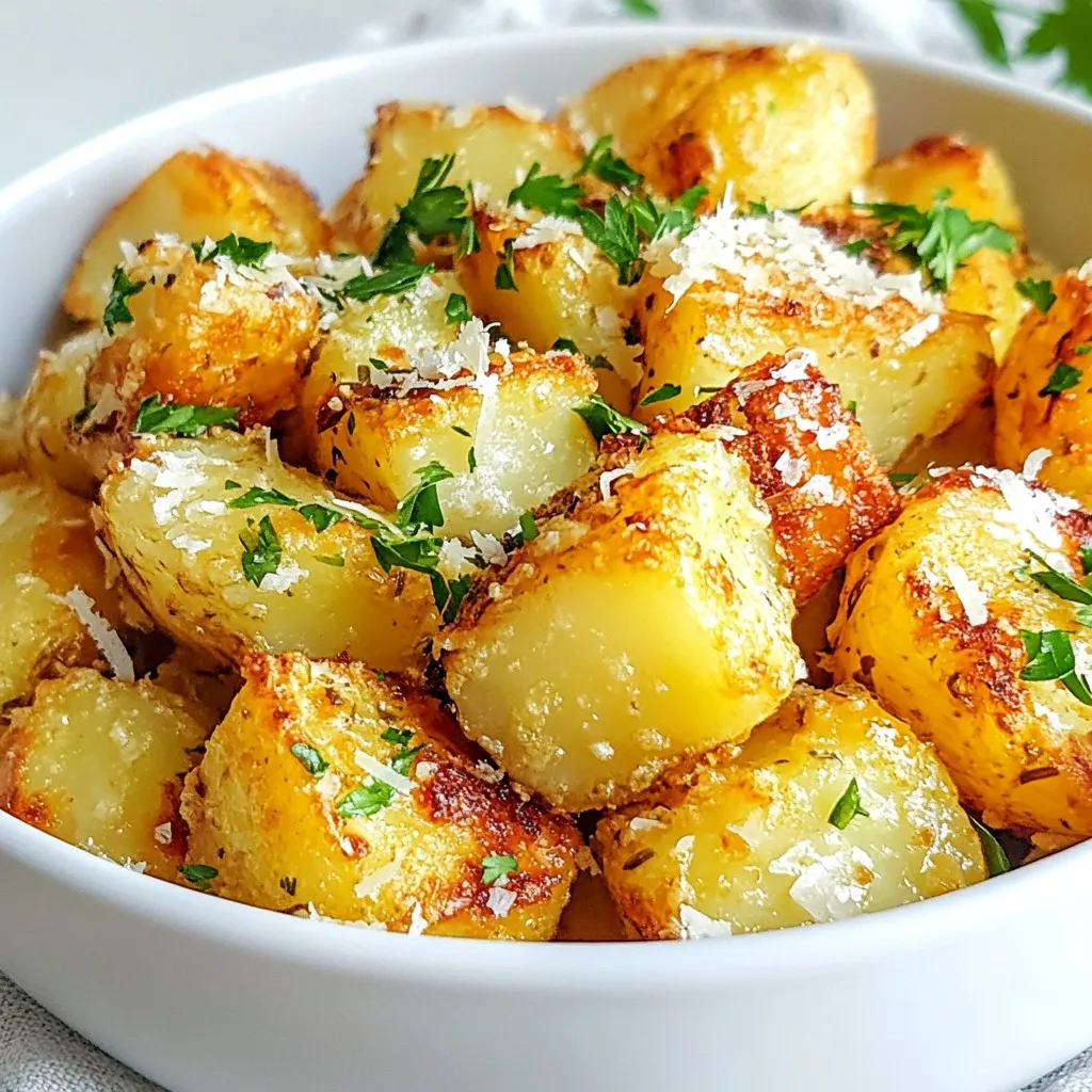 Here’s what you need for Garlic Parmesan Air Fryer Potatoes. This list is simple, and each ingredient adds great flavor. - 1.5 pounds baby potatoes, halved - 4 cloves garlic, minced - 1/4 cup grated Parmesan cheese - 2 tablespoons olive oil - 1 teaspoon Italian seasoning - 1/2 teaspoon red pepper flakes (optional) - Salt and pepper, to taste - Fresh parsley for garnish Each ingredient plays a key role. The baby potatoes are small and tender, perfect for cooking quickly. Garlic gives a savory taste. Parmesan cheese adds a rich, nutty flavor. Olive oil helps everything crisp up in the air fryer. Italian seasoning gives a nice mix of herbs. Red pepper flakes can add a little kick if you like heat. Finally, salt and pepper round out the flavors. Don’t forget the parsley! It adds a fresh touch to your dish. {{ingredient_image_1}} First, wash the baby potatoes well under cold water. This removes dirt and makes them clean. If any potatoes are larger, cut them in half. Next, pat them dry with a kitchen towel. Drying helps the potatoes crisp up in the air fryer. In a large bowl, combine 4 cloves of minced garlic, 2 tablespoons of olive oil, 1 teaspoon of Italian seasoning, and 1/2 teaspoon of red pepper flakes if you want some heat. Add salt and pepper to taste. Mixing well is key. This ensures every potato gets a great flavor. Add the halved potatoes to your bowl. Toss them in the garlic mixture until they are evenly coated. Then, sprinkle 1/4 cup of grated Parmesan cheese over the potatoes. Toss again gently so the cheese sticks well to all the potatoes. Preheat your air fryer to 400°F (200°C). Place the seasoned potatoes in the air fryer basket. Make sure to do this in a single layer for even cooking. Cook for about 15-20 minutes, shaking the basket halfway through. This helps all sides get crispy. Check for doneness. If they are not golden brown yet, cook for another 2-3 minutes. To get that perfect crunch, cook the potatoes for 15-20 minutes at 400°F (200°C). Check them halfway through and shake the basket. This helps them cook evenly. If they aren’t crispy yet, add 2-3 more minutes. To boost flavor, think about adding spices like paprika or cumin. Fresh herbs like rosemary or thyme can also add a nice touch. For cheese lovers, try using cheddar or feta for a fun twist. These Garlic Parmesan Potatoes go great with grilled chicken or fish. Serve them with a fresh salad for a full meal. For a pretty presentation, place them on a large platter and sprinkle with fresh parsley. Pro Tips Use Uniform Potato Sizes: Cutting the potatoes into similar sizes ensures even cooking and prevents some pieces from being undercooked while others are overcooked. Don’t Skip the Soaking: Soaking the potatoes in cold water for 30 minutes before cooking helps remove excess starch, resulting in crispier potatoes. Experiment with Seasonings: Feel free to customize the seasoning mix by adding your favorite herbs or spices, such as rosemary or smoked paprika, for a unique flavor twist. Check the Crispiness: If the potatoes aren't as crispy as you'd like, continue cooking in small increments of 2-3 minutes until they reach the desired texture. {{image_2}} You can make these potatoes dairy-free. Just swap the Parmesan cheese for nutritional yeast. This gives a cheesy flavor without dairy. You can also use vegan cheese. It melts well and adds a nice taste. If you love heat, try adding more red pepper flakes. This will kick up the spice. You can also add sliced jalapeños for extra flavor. They add a nice crunch and a burst of heat. Fresh herbs can change the flavor of these potatoes. Try adding rosemary or thyme for a new twist. You can also change the Italian seasoning for other blends. Herbs like oregano or basil work great too. To keep your Garlic Parmesan Air Fryer Potatoes fresh, place them in an airtight container. Let them cool down first. Once cooled, store them in the fridge. They will stay good for about three to four days. When reheating, use the air fryer to keep them crispy. Set the air fryer to 350°F (175°C) and heat for about five to seven minutes. Yes, you can freeze Garlic Parmesan Potatoes! To do this, let them cool completely after cooking. Then, place them in a freezer-safe bag or container. They can last for up to three months in the freezer. When you're ready to eat, thaw them in the fridge overnight. Reheat in the air fryer at 350°F (175°C) for about eight to ten minutes. This way, they'll regain their crispiness. Garlic Parmesan Potatoes need about 15 to 20 minutes to cook in an air fryer at 400°F (200°C). Cooking time can change based on potato size and air fryer model. Always shake the basket halfway through to ensure even cooking. If they aren’t crispy enough, add another 2 to 3 minutes. Yes, you can prepare Garlic Parmesan Potatoes ahead of time. Wash and halve the potatoes, then mix them with the garlic and seasoning. Store them in the fridge for up to 24 hours. When ready to cook, just toss them with the Parmesan and air fry. They stay tasty and fresh. For air frying, I recommend using baby or Yukon gold potatoes. These varieties cook evenly and get nice and crispy. Their natural sweetness enhances the garlic and cheese flavors. Avoid starchy potatoes like russets, as they may not crisp up as well in the air fryer. In this blog post, you learned how to make Garlic Parmesan Potatoes in an air fryer. We went through the key ingredients, step-by-step cooking instructions, and tips for crispiness. By trying different flavors and storage options, you can enjoy this dish any time. Remember, experimenting with herbs and spices can make your meal unique. I hope you find joy in cooking and sharing these crispy, cheesy potatoes with others. Enjoy your delicious creation!