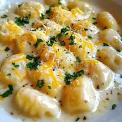 For the Creamy Garlic Parmesan Gnocchi, you will need the following: - 1 pound gnocchi (store-bought or homemade) - 2 tablespoons unsalted butter - 4 cloves garlic, minced - 1 cup heavy cream - 1 cup grated Parmesan cheese - Salt and pepper, to taste - 1 teaspoon Italian seasoning These ingredients create a rich and creamy dish that is both simple and delicious. To finish your dish, consider these tasty garnishes: - Fresh parsley, chopped - Extra grated Parmesan cheese These garnishes add color and flavor, making your meal even better. If you have dietary needs, here are some easy swaps: - Use gluten-free gnocchi for a gluten-free option. - Replace heavy cream with coconut milk for a dairy-free dish. - For a vegan version, use plant-based butter and nutritional yeast instead of cheese. These substitutions help everyone enjoy this creamy dish without worry. {{ingredient_image_1}} To cook the gnocchi, start by boiling water in a large pot. Add a good amount of salt to the water. Once it boils, add the gnocchi. You can use store-bought or homemade gnocchi. You will need to cook them until they float on the surface. This usually takes about 2 to 3 minutes. When they float, they are ready. Carefully drain the gnocchi and set them aside. Next, you will prepare the garlic sauce. Take a large skillet and heat it over medium heat. Add the unsalted butter and let it melt. Once melted, add the minced garlic. Cook the garlic for about 1 minute. You want it fragrant but not brown. Then, slowly pour in the heavy cream. Stir continuously and bring it to a gentle simmer. This will make the sauce creamy. Now, it’s time to combine the gnocchi and the sauce. Add the grated Parmesan cheese to the skillet. Include the Italian seasoning, salt, and pepper. Keep stirring until the cheese melts and the sauce is smooth. Once the sauce is ready, gently fold in the cooked gnocchi. Make sure each piece is well-coated. Cook for another minute to heat everything through. Enjoy your creamy garlic Parmesan gnocchi! To get a smooth and rich sauce, follow these steps: - Use heavy cream. It makes the sauce thick and velvety. - Melt the butter over medium heat. This keeps the garlic from burning. - Add the cream slowly. Stir while you pour for even mixing. - Stir in the cheese gradually. This helps it melt nicely. These steps ensure the sauce clings perfectly to your gnocchi. If you have any gnocchi left, store it carefully. Place it in an airtight container. Keep it in the fridge for up to three days. When you want to reheat, do it gently. Warm it on low heat in a skillet. Add a splash of cream if the sauce looks thick. This keeps it creamy and tasty. For a complete meal, pair the gnocchi with fresh sides. A simple green salad works great. Roasted vegetables add color and nutrients. Garlic bread is a delicious option too. You can also serve it with a sprinkle of extra Parmesan on top for added flavor. Pro Tips Perfectly Cooked Gnocchi: Make sure to cook the gnocchi just until they float to the surface. Overcooking can make them mushy. Fresh Garlic is Key: Use fresh garlic for the best flavor. Avoid pre-minced garlic as it can taste bitter. Cheese Choices: For a richer flavor, consider using a mix of Parmesan and Pecorino Romano cheeses. Herb Variations: Experiment with herbs like thyme or basil in place of Italian seasoning for a unique twist. {{image_2}} You can add many flavors to make this dish your own. Here are some fun options: - Spinach: Add fresh or frozen spinach to the sauce. It adds color and nutrients. - Sun-dried Tomatoes: Chopped sun-dried tomatoes bring a sweet, tangy flavor. They pair well with the cheese. - Protein: Add cooked chicken or shrimp for more protein. This makes the meal heartier. Each of these options enhances the dish. They give you a chance to mix and match flavors. While the creamy garlic sauce is delicious, you can try different sauces. Here are a few ideas: - Pesto: Swap the cream sauce for basil pesto. This adds a fresh, herby taste. - Marinara: Use a simple marinara sauce for a lighter option. It’s tasty and easy to make. - Alfredo: For a rich twist, use Alfredo sauce. It pairs perfectly with the gnocchi. These sauces can change the entire dish. Experiment and find your favorite! Gnocchi can be homemade or store-bought. Each type has its perks: - Homemade Gnocchi: Making gnocchi from scratch is fun. It allows you to control the texture and flavor. Plus, the taste is often fresher. - Store-Bought Gnocchi: This option saves time. It cooks quickly and is usually very soft. However, the flavor may not match homemade. Choosing between homemade and store-bought gnocchi can affect your dish. Try both and see which you prefer! To store Creamy Garlic Parmesan Gnocchi, let it cool first. Place it in an airtight container. This keeps the gnocchi fresh. Store it in the fridge for up to three days. When you're ready to eat, simply reheat it on the stove or in the microwave. Stir it gently to avoid breaking the gnocchi. If you want to freeze gnocchi, portion it first. Use freezer-safe containers or bags. Leave some space for air. This helps prevent freezer burn. To defrost, place the container in the fridge overnight. You can also reheat it straight from the freezer. Just add a few minutes to the cooking time in the pan. Creamy Garlic Parmesan Gnocchi lasts about three days in the fridge. If frozen, it can stay good for up to three months. However, for the best taste and texture, eat it within a month. Always check for signs of spoilage before consuming. Enjoy your creamy dish at its best! Yes, you can prepare this dish ahead. Cook the gnocchi and sauce separately. Store them in airtight containers in the fridge. When you're ready to eat, just reheat the sauce in a pan. Add the gnocchi, stir, and heat until warm. This keeps the dish fresh and tasty. You can use either store-bought or homemade gnocchi. - Store-bought gnocchi: - Quick and easy option. - Comes in various types. - Can save time on busy days. - Homemade gnocchi: - Offers a fresh taste. - Allows for customization. - Takes more time and effort. Choose based on your schedule and taste preference. Yes, this recipe is great for meal prep. - Cooked gnocchi and sauce can be stored in the fridge. - Keep them in separate containers to avoid sogginess. - Use within three to four days for the best taste. This way, you can enjoy quick meals all week long! You now have a complete guide to making Creamy Garlic Parmesan Gnocchi. We covered the main ingredients and optional garnishes. I walked you through cooking the gnocchi and making the rich sauce. You learned tips for perfect creaminess, storing leftovers, and serving options. Plus, I shared variations and storage info for your convenience. Now, it’s your turn to create a delicious meal. Enjoy experimenting with different flavors and making this dish your own!