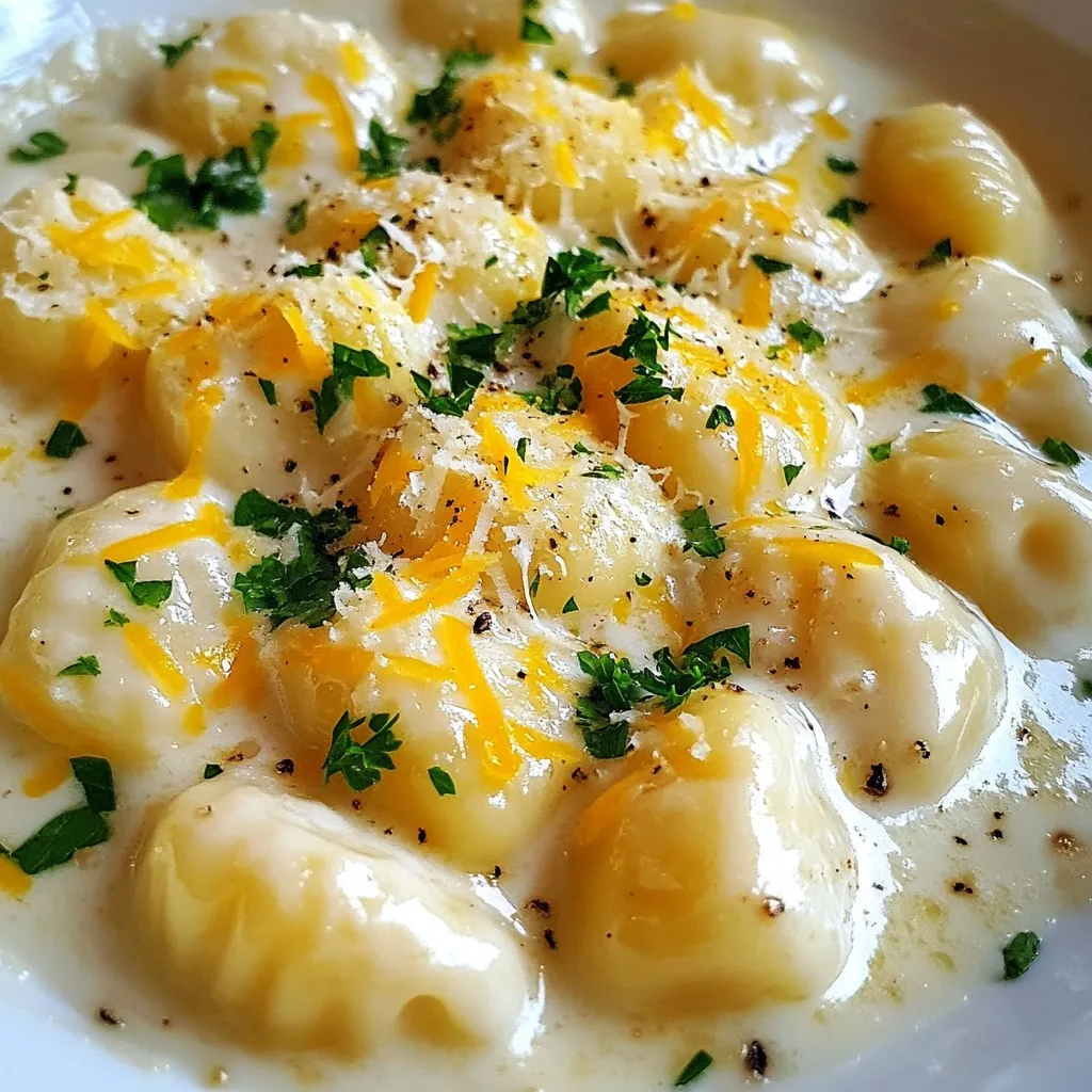 For the Creamy Garlic Parmesan Gnocchi, you will need the following: - 1 pound gnocchi (store-bought or homemade) - 2 tablespoons unsalted butter - 4 cloves garlic, minced - 1 cup heavy cream - 1 cup grated Parmesan cheese - Salt and pepper, to taste - 1 teaspoon Italian seasoning These ingredients create a rich and creamy dish that is both simple and delicious. To finish your dish, consider these tasty garnishes: - Fresh parsley, chopped - Extra grated Parmesan cheese These garnishes add color and flavor, making your meal even better. If you have dietary needs, here are some easy swaps: - Use gluten-free gnocchi for a gluten-free option. - Replace heavy cream with coconut milk for a dairy-free dish. - For a vegan version, use plant-based butter and nutritional yeast instead of cheese. These substitutions help everyone enjoy this creamy dish without worry. {{ingredient_image_1}} To cook the gnocchi, start by boiling water in a large pot. Add a good amount of salt to the water. Once it boils, add the gnocchi. You can use store-bought or homemade gnocchi. You will need to cook them until they float on the surface. This usually takes about 2 to 3 minutes. When they float, they are ready. Carefully drain the gnocchi and set them aside. Next, you will prepare the garlic sauce. Take a large skillet and heat it over medium heat. Add the unsalted butter and let it melt. Once melted, add the minced garlic. Cook the garlic for about 1 minute. You want it fragrant but not brown. Then, slowly pour in the heavy cream. Stir continuously and bring it to a gentle simmer. This will make the sauce creamy. Now, it’s time to combine the gnocchi and the sauce. Add the grated Parmesan cheese to the skillet. Include the Italian seasoning, salt, and pepper. Keep stirring until the cheese melts and the sauce is smooth. Once the sauce is ready, gently fold in the cooked gnocchi. Make sure each piece is well-coated. Cook for another minute to heat everything through. Enjoy your creamy garlic Parmesan gnocchi! To get a smooth and rich sauce, follow these steps: - Use heavy cream. It makes the sauce thick and velvety. - Melt the butter over medium heat. This keeps the garlic from burning. - Add the cream slowly. Stir while you pour for even mixing. - Stir in the cheese gradually. This helps it melt nicely. These steps ensure the sauce clings perfectly to your gnocchi. If you have any gnocchi left, store it carefully. Place it in an airtight container. Keep it in the fridge for up to three days. When you want to reheat, do it gently. Warm it on low heat in a skillet. Add a splash of cream if the sauce looks thick. This keeps it creamy and tasty. For a complete meal, pair the gnocchi with fresh sides. A simple green salad works great. Roasted vegetables add color and nutrients. Garlic bread is a delicious option too. You can also serve it with a sprinkle of extra Parmesan on top for added flavor. Pro Tips Perfectly Cooked Gnocchi: Make sure to cook the gnocchi just until they float to the surface. Overcooking can make them mushy. Fresh Garlic is Key: Use fresh garlic for the best flavor. Avoid pre-minced garlic as it can taste bitter. Cheese Choices: For a richer flavor, consider using a mix of Parmesan and Pecorino Romano cheeses. Herb Variations: Experiment with herbs like thyme or basil in place of Italian seasoning for a unique twist. {{image_2}} You can add many flavors to make this dish your own. Here are some fun options: - Spinach: Add fresh or frozen spinach to the sauce. It adds color and nutrients. - Sun-dried Tomatoes: Chopped sun-dried tomatoes bring a sweet, tangy flavor. They pair well with the cheese. - Protein: Add cooked chicken or shrimp for more protein. This makes the meal heartier. Each of these options enhances the dish. They give you a chance to mix and match flavors. While the creamy garlic sauce is delicious, you can try different sauces. Here are a few ideas: - Pesto: Swap the cream sauce for basil pesto. This adds a fresh, herby taste. - Marinara: Use a simple marinara sauce for a lighter option. It’s tasty and easy to make. - Alfredo: For a rich twist, use Alfredo sauce. It pairs perfectly with the gnocchi. These sauces can change the entire dish. Experiment and find your favorite! Gnocchi can be homemade or store-bought. Each type has its perks: - Homemade Gnocchi: Making gnocchi from scratch is fun. It allows you to control the texture and flavor. Plus, the taste is often fresher. - Store-Bought Gnocchi: This option saves time. It cooks quickly and is usually very soft. However, the flavor may not match homemade. Choosing between homemade and store-bought gnocchi can affect your dish. Try both and see which you prefer! To store Creamy Garlic Parmesan Gnocchi, let it cool first. Place it in an airtight container. This keeps the gnocchi fresh. Store it in the fridge for up to three days. When you're ready to eat, simply reheat it on the stove or in the microwave. Stir it gently to avoid breaking the gnocchi. If you want to freeze gnocchi, portion it first. Use freezer-safe containers or bags. Leave some space for air. This helps prevent freezer burn. To defrost, place the container in the fridge overnight. You can also reheat it straight from the freezer. Just add a few minutes to the cooking time in the pan. Creamy Garlic Parmesan Gnocchi lasts about three days in the fridge. If frozen, it can stay good for up to three months. However, for the best taste and texture, eat it within a month. Always check for signs of spoilage before consuming. Enjoy your creamy dish at its best! Yes, you can prepare this dish ahead. Cook the gnocchi and sauce separately. Store them in airtight containers in the fridge. When you're ready to eat, just reheat the sauce in a pan. Add the gnocchi, stir, and heat until warm. This keeps the dish fresh and tasty. You can use either store-bought or homemade gnocchi. - Store-bought gnocchi: - Quick and easy option. - Comes in various types. - Can save time on busy days. - Homemade gnocchi: - Offers a fresh taste. - Allows for customization. - Takes more time and effort. Choose based on your schedule and taste preference. Yes, this recipe is great for meal prep. - Cooked gnocchi and sauce can be stored in the fridge. - Keep them in separate containers to avoid sogginess. - Use within three to four days for the best taste. This way, you can enjoy quick meals all week long! You now have a complete guide to making Creamy Garlic Parmesan Gnocchi. We covered the main ingredients and optional garnishes. I walked you through cooking the gnocchi and making the rich sauce. You learned tips for perfect creaminess, storing leftovers, and serving options. Plus, I shared variations and storage info for your convenience. Now, it’s your turn to create a delicious meal. Enjoy experimenting with different flavors and making this dish your own!