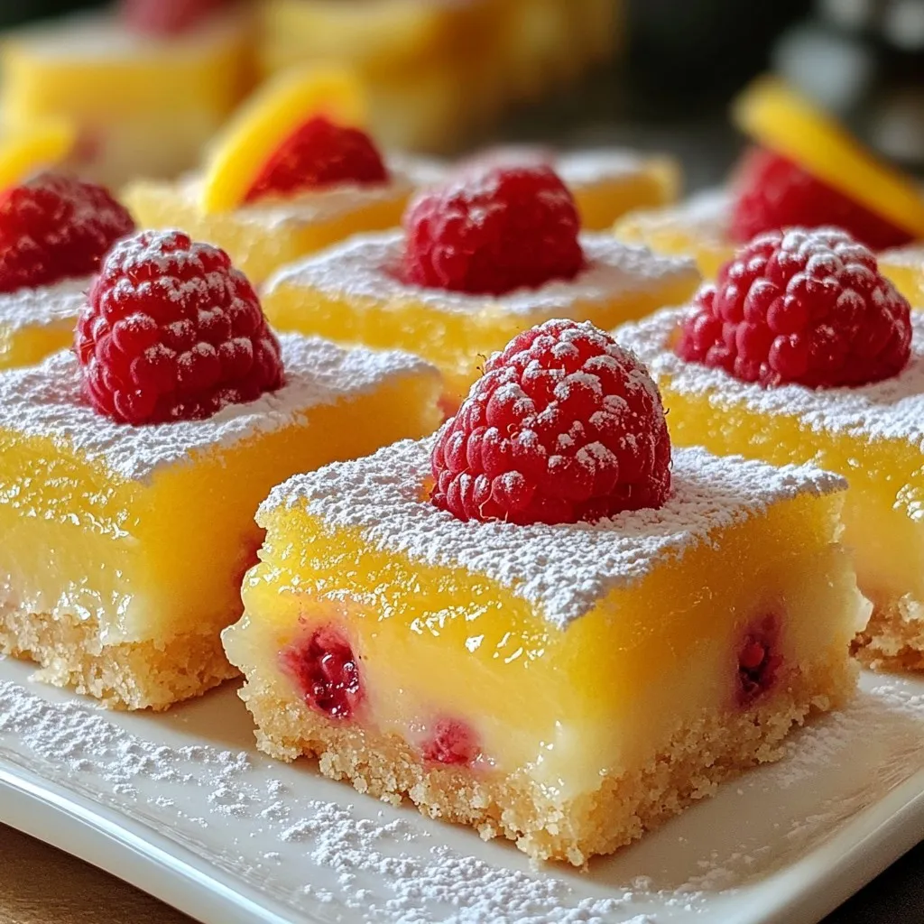 - 1 cup unsalted butter - ½ cup powdered sugar - 2 cups all-purpose flour - ¼ teaspoon salt - Zest of 1 lemon - ½ cup fresh lemon juice - 1 cup granulated sugar - 2 large eggs - 1 cup fresh raspberries - 1 tablespoon cornstarch To make Raspberry Lemon Shortbread Bars, gather these key ingredients. Each plays a role in creating a tasty treat. The unsalted butter gives the bars a rich, creamy base. Powdered sugar adds sweetness and helps create a light texture. All-purpose flour forms the structure, while salt balances the flavors. Lemon zest and juice provide that zesty punch we all love. Granulated sugar sweetens the lemon filling, while eggs help set it. Fresh raspberries add a burst of flavor and color. Lastly, cornstarch thickens the filling, ensuring it holds together beautifully. Precision matters in baking. If you measure wrong, your bars could turn out too dry or too wet. Use dry measuring cups for flour and sugar. Scoop the flour with a spoon, then level it off with a knife. This method prevents packing too much flour. For liquids like lemon juice, use a liquid measuring cup. Pour until it reaches the desired mark. Always check your measurements before you start mixing. This way, you ensure your shortbread bars come out perfect. You can make this recipe dairy-free. Replace the unsalted butter with a dairy-free alternative, like coconut oil or vegan butter. For gluten-free options, swap all-purpose flour with a gluten-free blend. Just make sure it includes xanthan gum for structure. These simple swaps keep the bars delicious for everyone! {{ingredient_image_1}} Start by preheating your oven to 350°F (175°C). This step is key for even baking. While the oven heats, grab a 9x9 inch baking pan. Line it with parchment paper. Make sure to leave some paper hanging over the edges. This helps you lift the bars out later. In a large bowl, cream together 1 cup of softened unsalted butter and ½ cup of powdered sugar. Mix until it looks light and fluffy. Next, slowly add 2 cups of all-purpose flour and ¼ teaspoon of salt. Stir until the dough is crumbly but combined. This dough will be your base. Press it evenly into the pan. Use your hands or a spatula for an even layer. In another bowl, whisk together the zest of 1 lemon, ½ cup of fresh lemon juice, 1 cup of granulated sugar, and 2 large eggs. Mix well until it’s smooth. Now, take 1 cup of fresh raspberries. Toss them gently with 1 tablespoon of cornstarch in a small bowl. This helps the raspberries stay in place when baking. Fold the raspberries into the lemon mixture carefully. Pour the raspberry lemon filling over the shortbread base. Spread it out evenly. Place the pan back in the oven and bake for 20-25 minutes. Look for the filling to be set and firm. It should not jiggle when you move the pan. Let the bars cool completely at room temperature. After that, chill them in the fridge for at least one hour. This step makes slicing easier and helps the flavors meld together nicely. - Overmixing the dough: This can lead to tough shortbread. Mix until just combined. - Not cooling properly before slicing: Allow the bars to cool completely. This ensures clean cuts. - Best baking pan to use: A 9x9 inch pan works best. It gives even baking and easy removal. - Recommended mixers and utensils: A hand mixer is perfect for creaming butter and sugar. Use a spatula for even spreading. - Presentation tips with powdered sugar and garnishes: Dust with powdered sugar just before serving. Add fresh raspberries and lemon slices for a pop of color. - Pairing ideas with beverages: These bars go great with tea or lemonade. A light wine also complements their tangy flavor. Pro Tips Chill the Dough: For a firmer shortbread base, chill the dough in the refrigerator for 30 minutes before pressing it into the pan. Fresh Raspberries: Use fresh raspberries for the best flavor; frozen raspberries may release too much moisture and affect the texture. Set Time: Allow the bars to cool completely before refrigerating; this helps the filling set properly and improves the texture. Serving Suggestions: Serve with a dollop of whipped cream or a scoop of vanilla ice cream for an extra indulgent treat! {{image_2}} You can mix things up with different fruits! Try adding blueberries or strawberries for a new taste. Both fruits complement the lemon well. You can also add fresh herbs like mint for a unique twist. Mint adds a cool flavor that pairs nicely with the tangy lemon. If you want a vegan version, swap the eggs with flaxseed meal. Use 1 tablespoon of flaxseed mixed with 2.5 tablespoons of water for each egg. This keeps the bars moist and tasty. For a low-sugar option, use a sugar substitute. Look for ones that measure like sugar for best results. To celebrate holidays, try adding spices like cinnamon or nutmeg. These spices will give your bars a warm flavor. In summer, add more fresh fruit like peaches or cherries. This will make your bars even more refreshing and bright. To keep your Raspberry Lemon Shortbread Bars fresh, store them in an airtight container. This helps prevent them from drying out. If you want to keep them longer, you can freeze them. Wrap the bars tightly in plastic wrap before placing them in a freezer-safe bag. This keeps them safe from freezer burn. These bars last about one week in the fridge. Make sure to check for any signs of spoilage before enjoying them. If you freeze the bars, they can last for up to three months. To thaw frozen bars, take them out and let them sit in the fridge overnight. This keeps the texture nice and soft. To bring back the fresh taste, let the bars come to room temperature before serving. You can warm them up in the oven for a few minutes if you prefer them slightly heated. For the best presentation, dust the tops with powdered sugar and serve with fresh raspberries or lemon slices. This adds a lovely touch and brightens up the dessert! Look for a light golden color on the edges. The filling should not jiggle when you gently shake the pan. A toothpick inserted in the center should come out clean. If you see these signs, your bars are ready! Yes, you can use frozen raspberries. However, they may release more juice. This can make the filling a bit runnier. To fix this, add a little more cornstarch to help absorb excess moisture. These bars pair well with many dishes. You can serve them with whipped cream or vanilla ice cream. A cup of tea or lemonade also complements their tangy flavor. For extra flair, add fresh raspberries or lemon slices as a garnish. Absolutely! If you double the recipe, use a larger pan, like 9x13 inches. Keep an eye on baking times, as they may vary. Check for doneness a few minutes earlier and adjust as needed. This blog post covered everything you need to create delicious Raspberry Lemon Shortbread Bars. We discussed essential ingredients, how to measure accurately, and offered milk and gluten-free options. The step-by-step guide ensured you can prep, bake, and serve with ease. Avoid common mistakes and explore flavor variations to keep things fresh. Remember to store your bars properly for the best taste. With these tips in mind, you can bake confidently and impress family and friends with your tasty treats. Enjoy your baking journey!