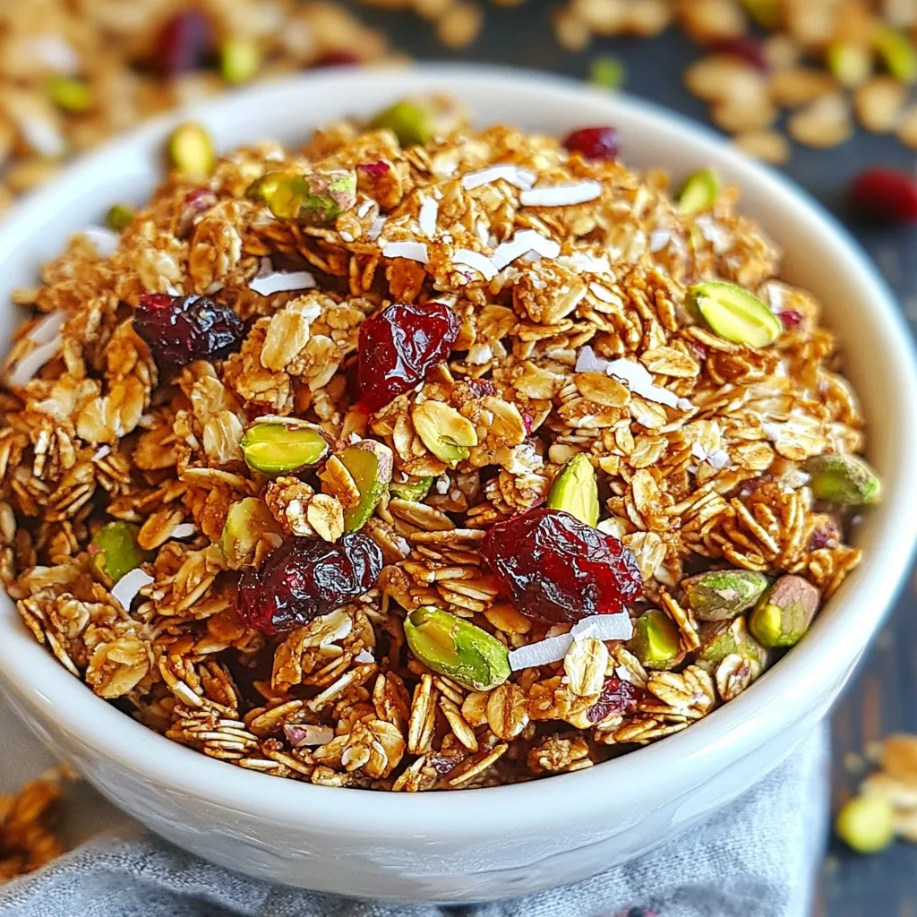 To make the perfect cranberry pistachio granola, you need simple, healthy ingredients. Here’s what you will need: - 2 cups rolled oats - 1 cup unsalted pistachios, roughly chopped - 1 cup dried cranberries - 1/2 cup honey or maple syrup - 1/4 cup coconut oil, melted - 1/2 teaspoon ground cinnamon - 1/4 teaspoon salt - Optional Ingredients: shredded coconut, chia seeds Each ingredient plays a key role in flavor and texture. The rolled oats form the base and give you that hearty crunch. The pistachios add a nice nutty taste, while the dried cranberries offer sweetness and a chewy bite. Honey or maple syrup acts as a natural sweetener, enhancing the flavors without being overpowering. Coconut oil not only helps bind the mix but also adds a hint of tropical flavor. Cinnamon brings warmth and depth, making each bite comforting. A touch of salt balances the sweetness, making it all come together. If you want to get creative, consider adding shredded coconut for extra chewiness or chia seeds for a nutrient boost. These optional ingredients can enhance your granola while keeping it fun and interesting. {{ingredient_image_1}} First, preheat your oven to 350°F (175°C). This helps the granola cook evenly. Line a large baking sheet with parchment paper. This makes cleanup easy and prevents sticking. In a big bowl, mix the rolled oats, chopped pistachios, and dried cranberries. If you like, add shredded coconut and chia seeds too. Sprinkle in the ground cinnamon and salt. Stir everything well to blend all the flavors. In another bowl, whisk together the melted coconut oil and honey or maple syrup. You want this mix to be smooth and well combined. This adds sweetness and binds the granola. Pour the wet mixture over the dry ingredients. Stir until everything is evenly coated. Spread this mixture on the baking sheet, pressing it down firmly. Bake for 20 to 25 minutes. Stir it halfway through to ensure even browning. The granola is done when it turns golden brown. Once baked, let the granola cool completely on the baking sheet. It will get crunchier as it cools. Break it into clusters and add any more cranberries or nuts if you want. Store your granola in an airtight container at room temperature. It stays fresh for up to two weeks. To get the best crunch in your granola, keep these tips in mind: - Use rolled oats, not quick oats. They hold texture better. - Press the mixture down firmly on the baking sheet. This helps it clump. - Stir halfway through baking, but not too much. You want clusters! - Let it cool completely before breaking into pieces. It will harden more as it cools. Want to take your granola up a notch? Try these ideas: - Add a dash of vanilla extract for a warm flavor. - Mix in nuts like almonds or walnuts for a different crunch. - Toss in seeds like pumpkin or sunflower for extra nutrition. - Use dried fruits like apricots or raisins for new tastes. Cranberry pistachio granola is super versatile. Here are some fun ways to enjoy it: - Serve it over yogurt for a tasty breakfast. - Sprinkle it on smoothie bowls for crunch. - Pack it as a snack for hikes or road trips. - Gift it in a mason jar with a cute label. It’s perfect for friends! Pro Tips Storage Tip: Keep your granola in an airtight container to maintain its crunchiness and freshness for longer. Ingredient Swap: Feel free to substitute the pistachios with your favorite nuts or seeds, like almonds or sunflower seeds, for a different flavor profile. Sweetness Level: Adjust the amount of honey or maple syrup according to your taste preference. For a less sweet version, reduce the quantity slightly. Clumping Tip: Press the granola mixture down firmly on the baking sheet before baking to help create larger clusters. {{image_2}} If you want a nut-free granola, just skip the pistachios. You can use sunflower seeds or pumpkin seeds instead. They add crunch and taste great. Try using 1 cup of seeds in place of the nuts. This keeps your granola tasty and fun. You can change the sweetener to fit your taste. Instead of honey, use maple syrup or agave nectar. If you want a lower sugar option, try mashed bananas or applesauce. About 1/2 cup of either works great. These choices add a natural sweetness to your granola. Granola is perfect for seasonal changes. In fall, try adding chopped apples or pumpkin spice. In summer, use fresh berries or peaches. Change dried cranberries for dried cherries or apricots for a twist. These swaps keep your granola fresh and exciting all year long. To keep your cranberry pistachio granola fresh, store it in an airtight container. This helps maintain its crunch and flavor. I recommend using glass jars or plastic containers with tight seals. Keep it at room temperature, away from heat and light. Avoid storing it in the fridge, as it can become soggy. Your granola can last up to two weeks when stored properly. If you want it to stay fresh longer, consider freezing it. Granola can stay good in the freezer for about three months. Just make sure to seal it well in a freezer-safe bag or container. Check for any off smells or changes in texture. If your granola smells stale or has an unusual scent, it's time to toss it. Also, look for any signs of mold or moisture. If you find any clumps or soft spots, it’s best to dispose of it. Always trust your senses when it comes to food safety! Yes, you can use quick oats. Quick oats cook faster and may make the granola a bit softer. If you prefer a chewier texture, rolled oats work best. They hold their shape and give a nice crunch. To make this granola gluten-free, choose gluten-free rolled oats. Many brands offer certified gluten-free oats. Check the label to ensure there is no cross-contamination with gluten products. Cranberries are rich in antioxidants. They support heart health and boost immunity. Pistachios are high in protein and healthy fats. They also help with digestion and are good for skin health. Together, these ingredients create a tasty and nourishing snack. You can find cranberry pistachio granola at health food stores, supermarkets, or online. Many brands offer their own versions. If you want a homemade touch, try making it yourself using the recipe provided. Yes, you can freeze granola. Store it in an airtight container or a freezer bag. Granola can last up to three months in the freezer. Just thaw it at room temperature when you're ready to enjoy it again. You learned how to make tasty cranberry pistachio granola from scratch. We covered the needed ingredients, step-by-step baking, and helpful tips for great results. Feel free to try variations to match your taste or dietary needs. Remember to store it well for freshness. Granola is easy to make and fun to customize. Enjoy your healthy snack!