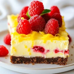 - 1 cup graham cracker crumbs - 1/4 cup unsweetened cocoa powder - 1/3 cup granulated sugar - 1/2 cup unsalted butter, melted For the crust, I use graham cracker crumbs. They give a nice crunch. The cocoa powder adds a rich flavor that pairs well with lemon. You mix these dry ingredients with melted butter to form a crumbly base. - 16 oz cream cheese, softened - 1 cup granulated sugar (for filling) - 2 large eggs - Zest of 2 lemons - 1/4 cup fresh lemon juice - 1 cup fresh raspberries (plus extra for garnish) - 1 teaspoon vanilla extract - Pinch of salt Next, for the filling, cream cheese is key. It gives the bars that creamy texture. Sugar sweetens the mix, while eggs help it set. I love adding lemon zest and juice for that burst of freshness. Fresh raspberries fold in nicely, creating pockets of flavor. - Extra fresh raspberries For garnish, I like to use fresh raspberries. They add color and taste. Placing them on top makes the bars look pretty. Plus, they enhance the raspberry flavor, making each bite even better. {{ingredient_image_1}} Start by preheating your oven to 350°F (175°C). Grab an 8x8 inch baking pan. Line it with parchment paper. Make sure to leave some paper hanging over the edges. This overhang helps you lift the bars out later. In a medium bowl, mix the graham cracker crumbs, cocoa powder, and 1/3 cup of sugar. Pour in the melted butter and stir until it looks like wet sand. Press this mixture firmly into the bottom of the pan. Bake it for 8 to 10 minutes until it sets and turns slightly golden. Let it cool before adding the filling. In a large mixing bowl, beat the softened cream cheese with 1 cup of sugar. Use an electric mixer for a smooth and creamy texture. Add the eggs, one at a time, mixing well after each. Stir in the lemon zest, lemon juice, and vanilla extract until everything is well combined. Gently fold in the fresh raspberries, but be careful not to smash them. Pour the cream cheese mixture over the cooled crust. Spread it evenly with a spatula. Place the pan in the oven and bake for 25 to 30 minutes. The center should set but still jiggle a little when done. Remove it from the oven and let it cool at room temperature for an hour. After cooling, refrigerate the bars for at least 3 hours. This helps them firm up nicely. When ready, lift the dessert from the pan using the parchment overhang. Cut it into squares. Serve chilled, adding extra fresh raspberries on top for a lovely garnish. To get that smooth and creamy texture, start with room temperature cream cheese. Cold cream cheese makes lumps. Beat the cream cheese well with sugar until it’s very smooth. This step is key for a perfect filling. When you add eggs, mix each one in completely before adding the next. This ensures even mixing. Fold in the raspberries gently. You want to keep their shape for a lovely look. One common mistake is overbaking. Bake until the center jiggles slightly. If it sets too firm, it won't be creamy. Another mistake is not cooling the crust before adding the filling. A hot crust can change the filling texture. Lastly, don’t skip chilling the bars after baking. This helps them set properly and makes slicing easier. Always preheat your oven to the right temperature. This helps the bars bake evenly. Use parchment paper for easy removal. Let the bars cool at room temperature before refrigerating. Cover them with plastic wrap only after they cool. For cutting, use a sharp knife and wipe it between cuts for clean edges. This keeps each piece looking great for serving. Pro Tips Chill the Cream Cheese: For a smoother filling, ensure your cream cheese is at room temperature before mixing. This helps to avoid lumps and creates a creamy texture. Use Fresh Raspberries: For the best flavor and texture, opt for fresh raspberries instead of frozen. They will hold their shape better during baking. Test for Doneness: When baking, the cheesecake should still have a slight jiggle in the center. It will continue to set as it cools, preventing a dry texture. Garnish Just Before Serving: Add extra raspberries just before serving to keep them fresh and vibrant on your cheesecake bars. {{image_2}} If you want to switch up the flavors, try other fruits. Strawberries work well, giving a sweet touch. Blueberries add a nice tartness and pair perfectly with lemon. For something tropical, mango chunks can make it unique. Just remember to adjust the sugar based on the fruit's sweetness. Keep it simple, and focus on the fruit's natural taste. To make these bars vegan, use a plant-based cream cheese. Brands like Tofutti or Kite Hill offer good options. Replace eggs with flaxseed meal mixed with water. Use 1 tablespoon of flaxseed meal and 2.5 tablespoons of water for each egg. For the crust, ensure your butter is dairy-free. Coconut oil can also work great here, adding a slight flavor twist. If you’re avoiding gluten, swap graham cracker crumbs for gluten-free options. Ground almonds or gluten-free cookie crumbs can make a tasty base. You can also use oats, blended into a fine powder. Adjust the butter amount if needed since some alternatives absorb more moisture. This way, you keep the delicious taste while catering to your diet. To keep your Raspberry Lemon Cheesecake Bars fresh, place them in an airtight container. You can stack them if you put parchment paper between the layers. Store them in the fridge for up to five days. This helps keep the bars cold and creamy. If you want to save some for later, freezing is a great option. First, cut the bars into squares. Wrap each piece tightly in plastic wrap. Then, place the wrapped bars in a freezer-safe bag or container. They can last up to two months in the freezer. When you're ready to enjoy them, just thaw them in the fridge overnight. These cheesecake bars taste best chilled, so reheating is not usually needed. If you prefer them at room temperature, just let them sit out for about 15-20 minutes before serving. This way, the flavors will shine bright and the texture will be perfect. You can make these bars a day ahead. Follow the recipe up to the baking step. After baking, let the bars cool completely. Then, refrigerate them for at least three hours. This helps the flavors blend well. Before serving, cut them into squares and garnish with fresh raspberries. Yes, you can use other berries. Blueberries, blackberries, or strawberries work well. Just make sure the berries are fresh. If using frozen berries, thaw and drain them first. This keeps the filling from getting too watery. To slice the bars neatly, use a sharp knife. Warm the knife under hot water, then dry it. This helps cut through the creamy layers without pulling. Wipe the knife clean between cuts for neat edges. You can use a different size pan. If you use a larger pan, the bars will be thinner and may bake faster. If you choose a smaller pan, the bars will be thicker and may take longer. Keep an eye on the baking time to adjust as needed. These bars last up to five days in the fridge. Store them in an airtight container to keep them fresh. If you notice any change in texture or smell, it’s best to discard them. Enjoy them chilled for the best taste! We explored all key aspects of making Raspberry Lemon Cheesecake Bars, from ingredients to storage. You learned how to create a tasty crust and filling, plus tips for perfect texture. Variations let you customize the recipe to fit your needs. With proper storage and reheating methods, these bars can last and stay delicious. Enjoy trying this recipe and impressing your friends and family. Happy baking and savoring your sweet treats!