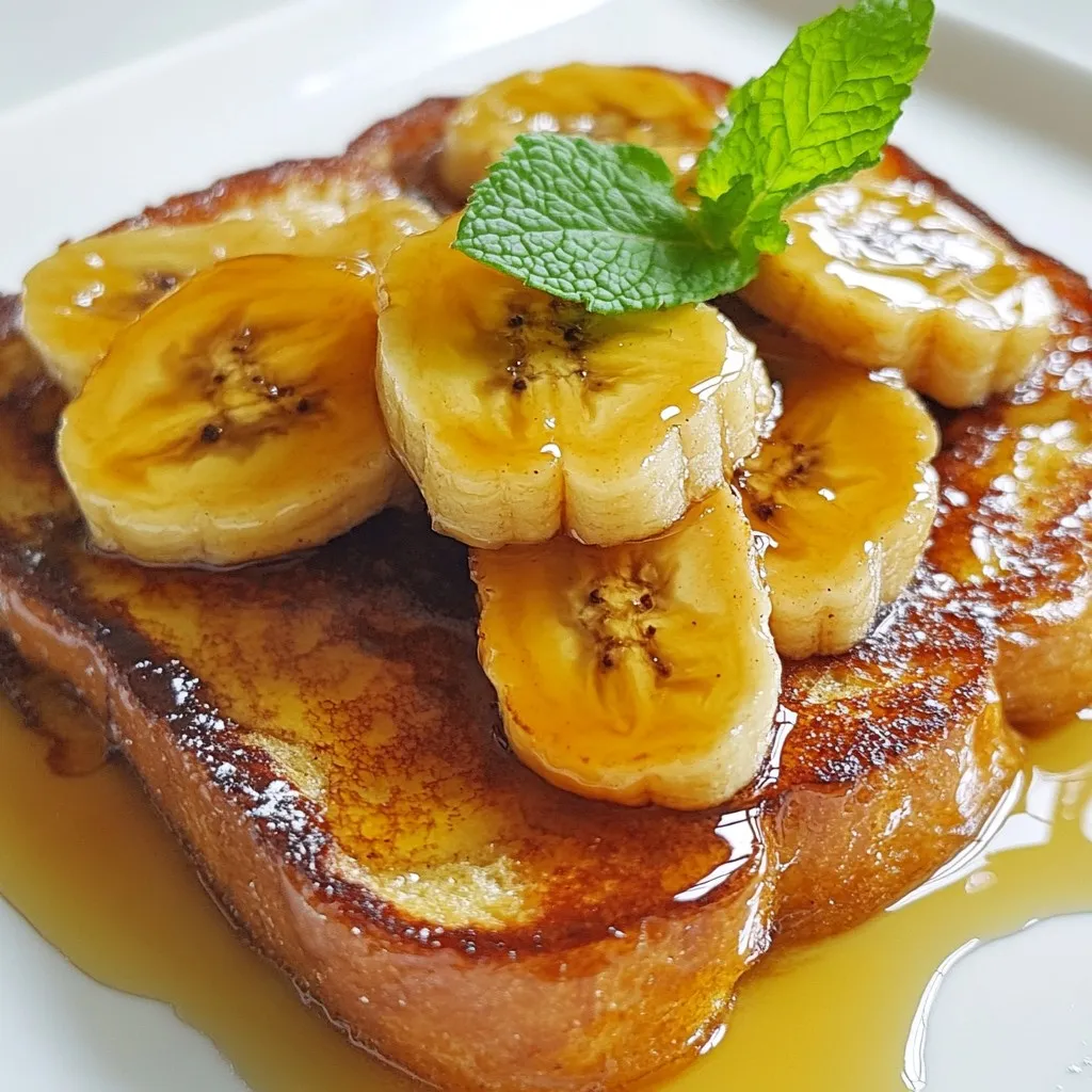 To make this delicious dish, gather these key items: - 4 slices of thick-cut bread (like brioche or challah) - 2 ripe bananas, sliced - 2 tablespoons unsalted butter - 2 tablespoons brown sugar - 3 large eggs - 1/2 cup whole milk - 1 teaspoon vanilla extract - 1/2 teaspoon ground cinnamon - A pinch of salt - Maple syrup for serving These ingredients work together to create a sweet and rich flavor. The thick bread holds the egg mixture well, while the bananas add a lovely caramel taste. For extra flair, consider these garnishes: - Fresh mint leaves - A dusting of powdered sugar - Chopped nuts for crunch These touches can make your dish even more inviting. A drizzle of maple syrup adds sweetness and ties the flavors together. This recipe serves two and is a hearty breakfast choice. Each serving has: - Calories: Approximately 450 - Protein: 12g - Carbohydrates: 65g - Fat: 18g This dish offers a good mix of nutrients. The eggs provide protein, while the bananas add fiber and potassium. Enjoy this treat knowing it has some good elements too! {{ingredient_image_1}} Start by heating a skillet over medium heat. Add 2 tablespoons of unsalted butter. Let the butter melt completely. Once melted, sprinkle in 2 tablespoons of brown sugar. Stir this mixture until the sugar dissolves. You will see it turn into a thick, gooey sauce. Now, slice 2 ripe bananas. Carefully place the banana slices in the skillet. Cook them for about 3 to 4 minutes. You want them to be golden and soft. Once done, take them off the heat and set them aside. Grab a shallow bowl for the egg mixture. Crack 3 large eggs into the bowl. Pour in 1/2 cup of whole milk. Add 1 teaspoon of vanilla extract and 1/2 teaspoon of ground cinnamon. Don’t forget a pinch of salt! Use a whisk to mix everything together. Make sure it’s well combined. This mixture will soak into the bread, giving it great flavor. Heat a non-stick skillet or griddle on medium heat. Dip each slice of thick-cut bread into the egg mixture. Let it soak for just a moment. You don’t want it too soggy. Place the soaked bread onto the hot skillet. Cook for about 2 to 3 minutes on each side. Look for a nice golden brown color. Once cooked, serve the French toast hot. Top it with the caramelized bananas. Drizzle with maple syrup, and if you like, add fresh mint leaves for a pop of color. Enjoy your delicious creation! To make great French toast, pick thick-cut bread. Brioche or challah works best. These breads soak up the egg mixture well. They also give a light, fluffy texture. You can also use sourdough for a tangy twist. Just ensure it’s thick enough to hold its shape. Caramelization adds flavor and sweetness. Start with medium heat. Melt unsalted butter in your skillet. Add brown sugar, stirring until it melts. This creates a gooey base. Then, add your sliced bananas. Cook them for 3-4 minutes. Look for a nice golden color on the edges. This shows they are perfectly caramelized. To avoid soggy French toast, dip the bread quickly. Soak it in the egg mixture for just a moment. You want it to absorb some liquid, but not too much. Cook the bread in a hot, non-stick skillet. This helps form a nice crust. Flip it when golden brown, about 2-3 minutes per side. Pro Tips Choose the Right Bread: Use thick-cut bread like brioche or challah for a rich, fluffy texture that holds up well when soaked in the egg mixture. Perfectly Caramelized Bananas: Make sure to sauté the bananas over medium heat to achieve that beautiful caramelization without burning them. Don't Soak Too Long: When dipping the bread, only soak for a few seconds on each side to prevent sogginess while still ensuring a delicious custard flavor. Garnish for Presentation: Adding fresh mint leaves not only enhances the presentation but also adds a refreshing contrast to the sweetness of the dish. {{image_2}} You can mix things up by adding other fruits. Try using strawberries or blueberries. They add bright colors and fresh flavors. Sauté them just like the bananas. You can also use apples. Slice them thin and caramelize them in the skillet. Each fruit brings its own taste and fun twist to your French toast. You can easily make this dish dairy-free or vegan. Replace the whole milk with almond or oat milk. Use flaxseed meal mixed with water as an egg substitute. Mix one tablespoon of flaxseed meal with three tablespoons of water. Let it sit until it thickens. You can also use dairy-free butter for caramelization. This way, everyone can enjoy the sweet taste! For added flavor, you can spice things up. Try adding a dash of nutmeg to the egg mixture. It gives a warm taste that pairs well with bananas. You can also use different extracts, like almond or coconut. They add a unique touch. For a little crunch, sprinkle some chopped nuts on top before serving. These simple changes can make your French toast even more delightful! After you enjoy your caramelized banana French toast, save any leftovers. Place the slices in an airtight container. Store them in the fridge for up to three days. If you leave them out, they will get stale quickly. To reheat your French toast, use a non-stick skillet. Heat it over medium-low heat. Place the slices in the skillet for about two minutes on each side. This keeps them warm and crispy. You can also use a toaster oven. Just pop them in for a few minutes until heated through. If you want to save your French toast for later, freezing is a great choice. First, let the slices cool completely. Next, place parchment paper between each slice and stack them in a freezer-safe bag. Squeeze out as much air as you can. This way, they won’t stick together. You can freeze them for up to two months. When you're ready to eat, just thaw in the fridge overnight and reheat as mentioned above. Yes, you can use other bread types. Brioche or challah works best. But feel free to try sourdough, whole wheat, or even gluten-free bread. Just make sure the bread is thick-cut. Thin slices may turn soggy. To keep bananas from browning, you have a few options. You can coat the slices in lemon juice. This adds a slight tang and keeps them bright. Another method is to use them right away after slicing. The longer they sit, the browner they get. If you need a brown sugar substitute, you have options. You can mix white sugar with molasses in a 1:1 ratio. For a lighter option, use coconut sugar. Honey or maple syrup can also work, but adjust the amount to avoid extra liquid. To make this recipe ahead, you can prepare the caramelized bananas first. Store them in an airtight container in the fridge. When ready to serve, heat them in a pan. You can also mix the egg mixture and store it in the fridge. Just remember to cook the French toast fresh. This keeps it crispy and warm. This blog post covered how to make caramelized banana French toast, from ingredients to tips. We explored key steps to cook it right and shared ideas for tasty twists. Remember, using the right bread makes a big difference. You can enjoy this dish in many ways, whether you want it vegan or with new toppings. Lastly, proper storage keeps your leftovers fresh. Enjoy this delightful meal with ease and confidence!