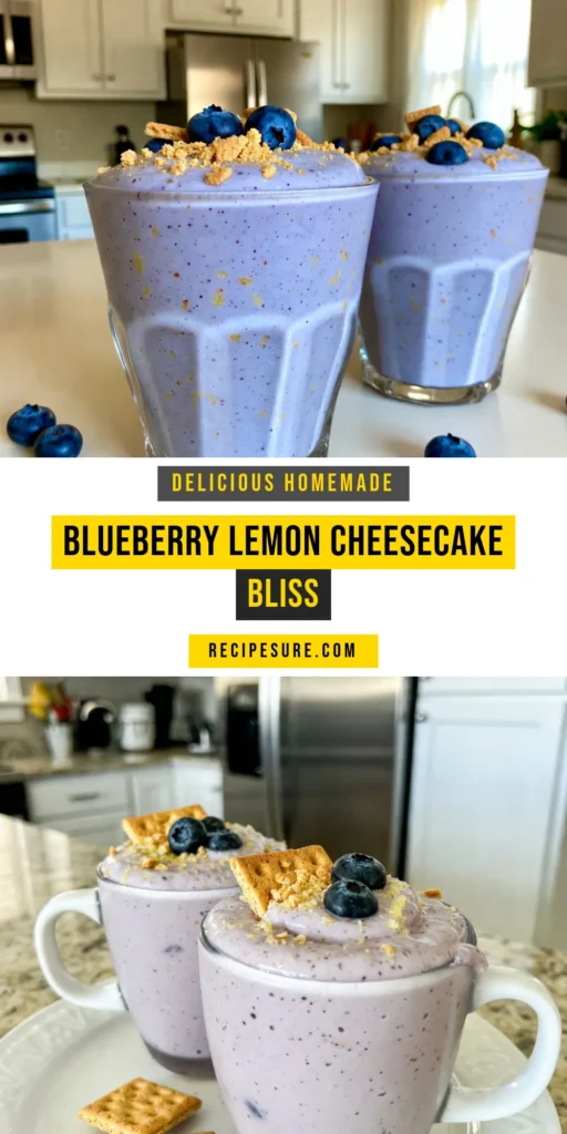Indulge in a creamy blueberry drink with this delicious blueberry lemon cheesecake smoothie! This cheesecake smoothie recipe combines fresh or frozen blueberries, ripe banana, and Greek yogurt for a healthy smoothie packed with flavor. Perfect for breakfast or a satisfying snack, this healthy smoothie recipe is quick to make in just 10 minutes. Blend your way to bliss and enjoy the zesty twist! Save and try this refreshing treat now! #BlueberryLemonSmoothie #HealthySmoothieRecipes #GreekYogurtSmoothies #CreamyBlueberryDrink