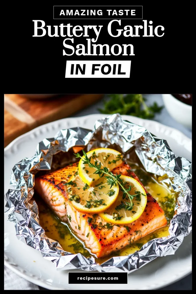 Indulge in a delicious and easy salmon dinner with this Garlic Herb Butter Salmon Foil recipe. This foil packet salmon recipe elevates baked salmon with garlic, using fresh herbs and lemon to create an unforgettable dish in just 30 minutes. Perfect for a weeknight meal, this garlic herb butter salmon is sure to impress. Try this simple, flavorful recipe tonight and savor every bite! Save this recipe for your next meal! #SalmonRecipes #EasyDinner #HealthyEating #FoilPacketCooking