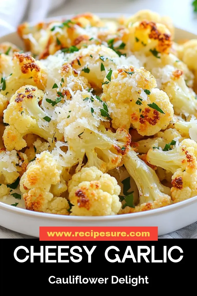 Savor the deliciousness of Garlic Parmesan Cauliflower with this easy roasted cauliflower recipe that is perfect as a healthy cauliflower side dish. Packed with flavor, this vegetarian garlic recipe will elevate your meals effortlessly. Enjoy crispy, cheesy goodness in just 35 minutes! Try it today and make your veggies exciting again! Save this recipe for your next meal prep! #GarlicParmesanCauliflower #RoastedCauliflowerRecipe #HealthySideDish #EasyRoastedVegetables