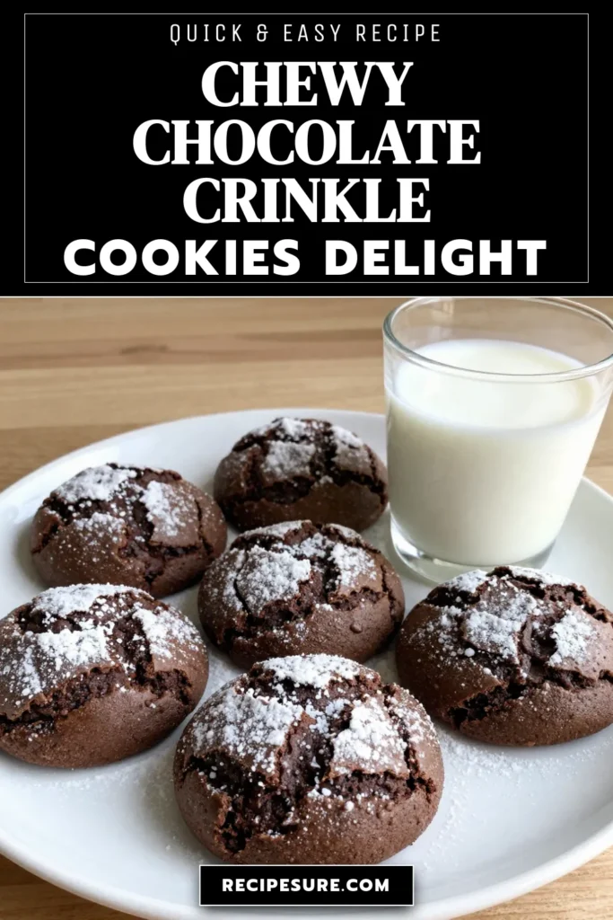 Indulge in the ultimate dessert with these chewy chocolate crinkle cookies! This easy chocolate cookie recipe creates soft chocolate cookies that are perfect for any occasion. With their delicious cocoa flavor and signature crinkled tops, these baked chocolate treats will impress everyone. Try this chocolate crinkle cookie recipe today and enjoy a delightful treat! Don't forget to save this recipe! #ChocolateCrinkleCookies #Baking #CookieRecipe #DessertIdeas