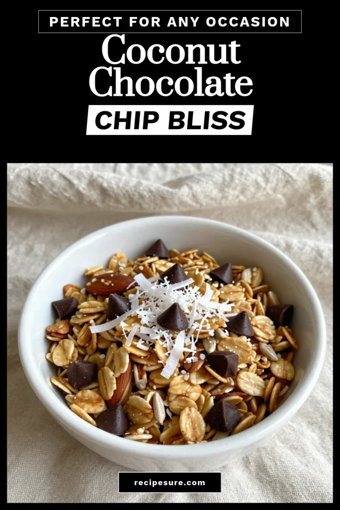 Indulge in this delicious Coconut Chocolate Chip Granola, a perfect homemade granola recipe that's easy to make and loaded with flavor. This healthy granola with coconut and dark chocolate is not just tasty but also vegan! Enjoy it as an easy granola snack or top it on yogurt. Perfect for breakfast or a midday treat. Discover the joy of making your own granola today! Save this easy recipe! #CoconutChocolateChipGranola #HealthyGranola #VeganGranola #GranolaRecipe