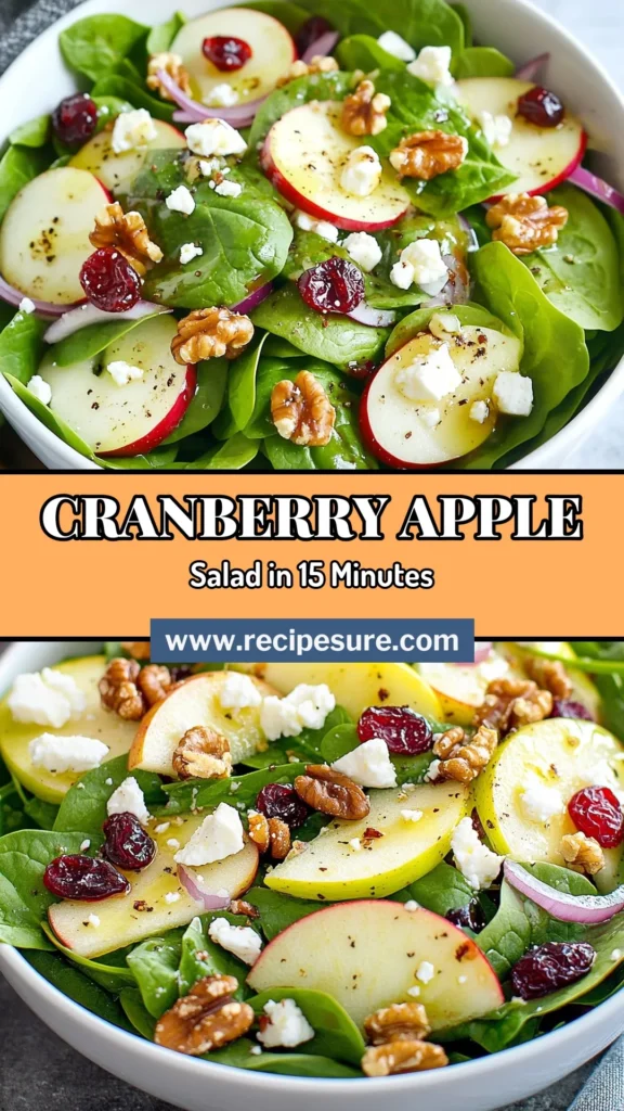 Discover the perfect balance of flavors with this delicious Cranberry Apple Spinach Salad! Packed with fresh spinach, sweet apples, and tangy feta, this healthy spinach salad recipe is a must-try for easy fall salads. Tossed in a homemade balsamic vinaigrette, it's an ideal side dish or light meal. Make this simple and nutritious spinach salad with feta tonight! Save this recipe for your next gathering! #HealthyRecipes #FallSalads #SpinachSalad #SaladRecipes