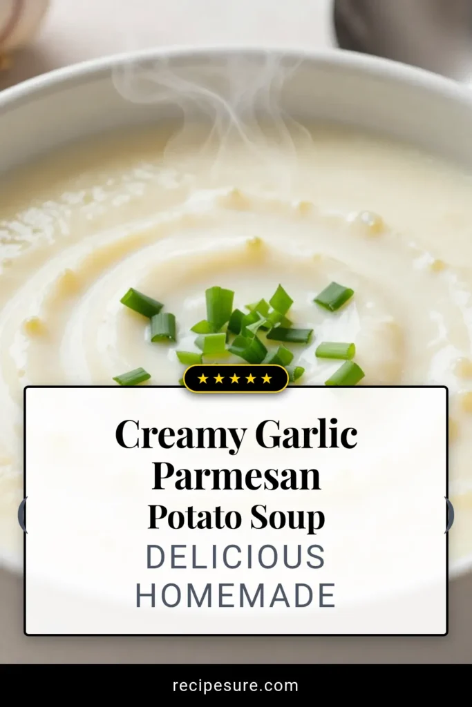 Discover the perfect comfort food with this Creamy Garlic Parmesan Potato Soup, touted as the best potato soup recipe! This easy vegan soup recipe is packed with flavor, featuring creamy potato soup with garlic and rich Parmesan. Ideal for chilly nights, this homemade garlic Parmesan soup is a must-try. Get the complete recipe to warm your soul and impress your family. Don't forget to save for later! #PotatoSoup #VeganSoup #ComfortFood #HomemadeSoup