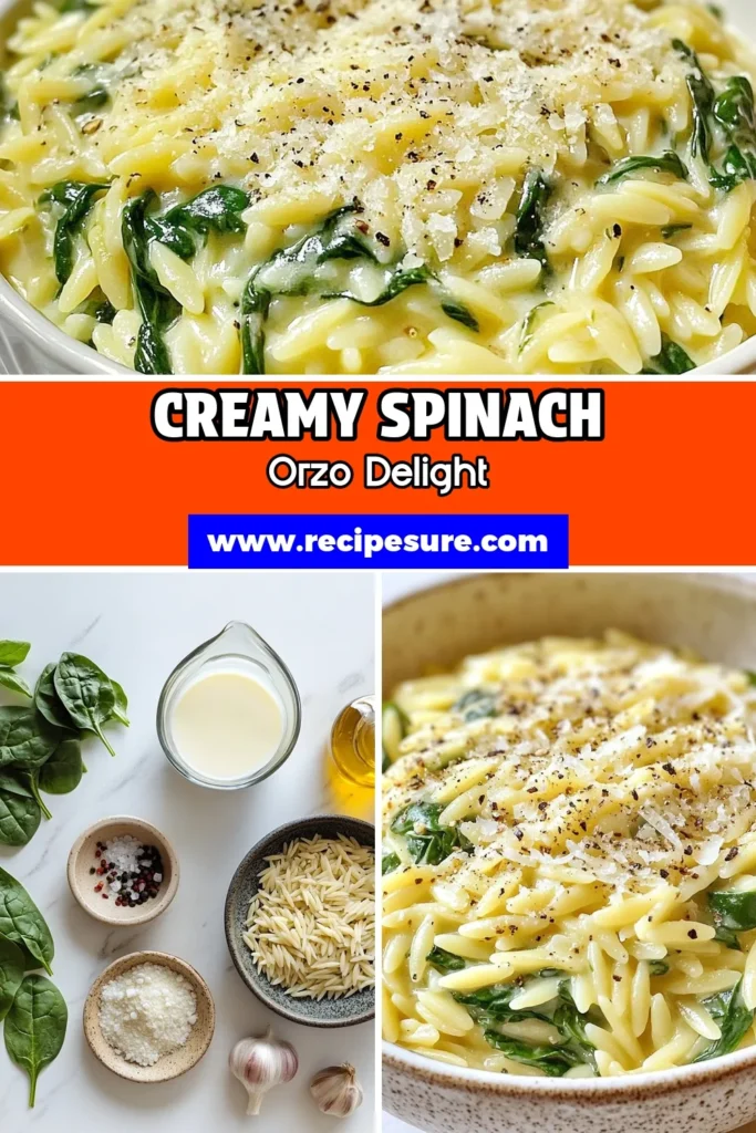 Looking for a quick and delicious meal? Try this creamy spinach orzo recipe that combines tender orzo pasta with fresh spinach and rich Parmesan cheese. This easy spinach pasta dish is perfect for a vegetarian dinner or a side. With creamy orzo and vegetables, it’s sure to please everyone! Save this recipe for your next meal and enjoy a burst of flavor in every bite! #CreamyOrzo #SpinachPasta #VegetarianRecipe #EasyDinnerIdeas