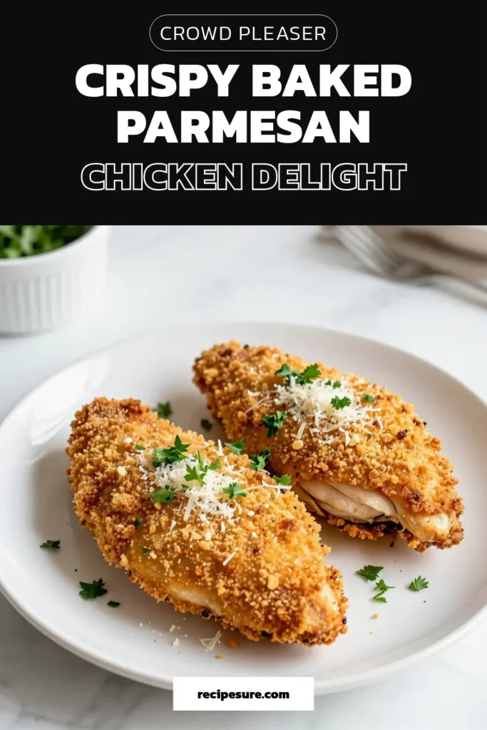 Discover the ultimate Baked Parmesan Chicken that's bursting with flavor and crunch! This Parmesan Crusted Chicken Recipe features crispy chicken breasts coated in a delicious mix of Parmesan cheese and panko breadcrumbs. Perfect for any night, this easy baked chicken recipe will impress your family. Try it tonight for a satisfying meal that everyone will love! Save this crispy panko chicken parmesan recipe for later! #BakedParmesanChicken #EasyBakedChickenRecipe #PankoChickenParmesan #CrispyChickenBreasts