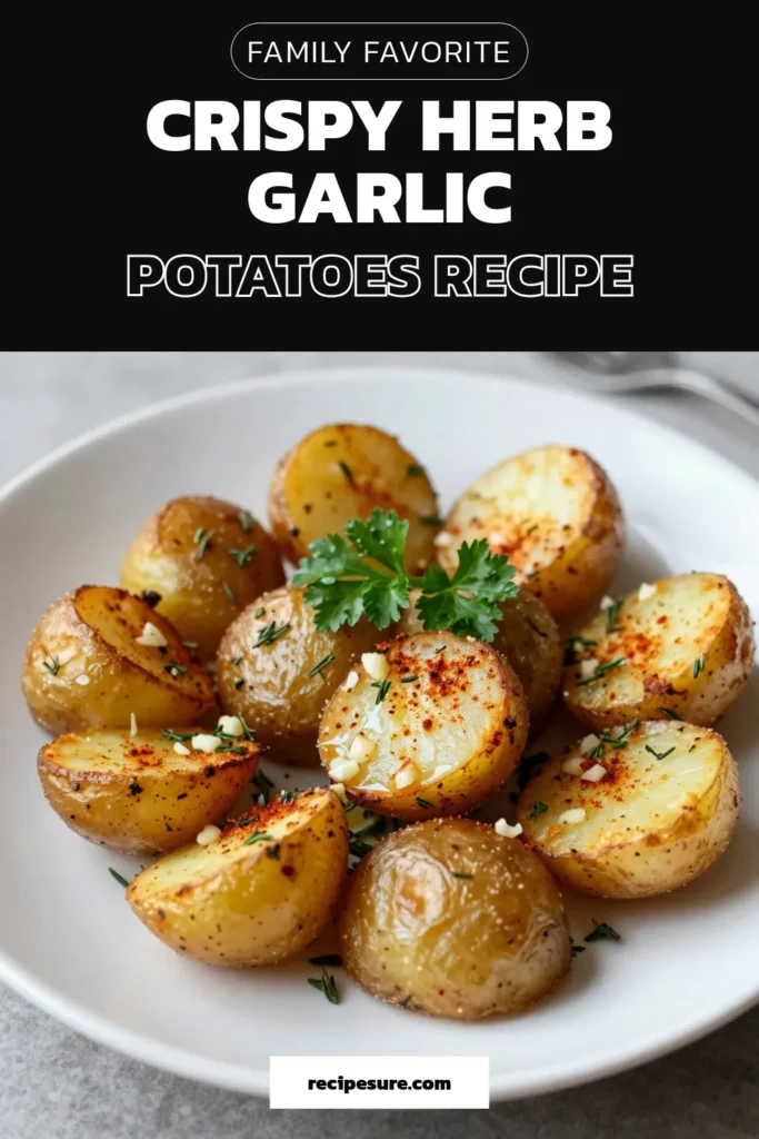 Discover the deliciousness of herb garlic roasted potatoes! This easy roasted potatoes recipe features tender roasted baby potatoes coated in garlic and fresh herbs, delivering a crispy oven roasted potatoes experience that's perfect for any meal. Elevate your dinner with this garlic herb potato dish, ready in just 40 minutes. Click to try this mouthwatering recipe today, and don’t forget to save for later! #HerbGarlicRoastedPotatoes #EasyRoastedPotatoes #RoastedBabyPotatoes #GarlicHerbPotatoDish