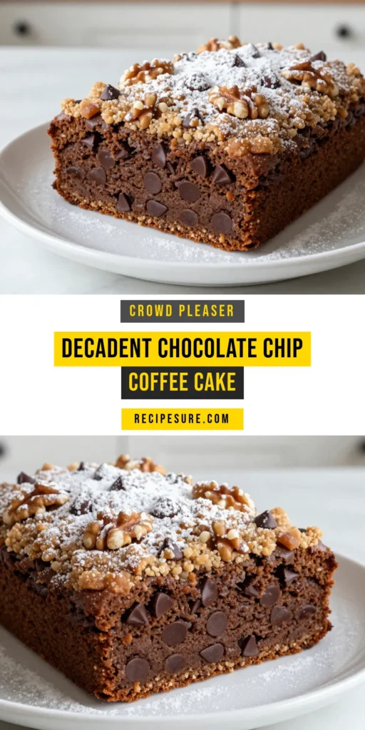 Indulge in this delightful Chocolate Chip Coffee Cake that's perfect for any occasion! This easy coffee cake recipe combines rich chocolate chips with a soft, fluffy texture for a mouthwatering treat. Whether you're a coffee lover or simply enjoy a sweet treat, this chocolate coffee cake recipe will not disappoint. Save this chocolate chip cake for your next baking adventure and share the joy! #CoffeeCake #ChocolateChipCake #BakingRecipes #DessertIdeas