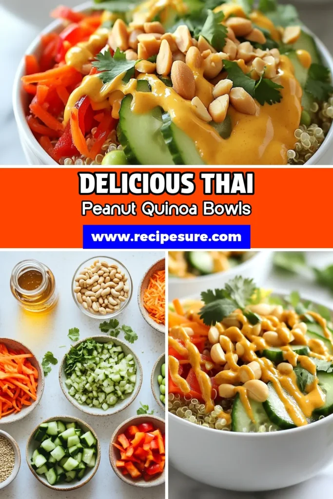 Discover the vibrant flavors of Thai Peanut Quinoa Bowls! This easy quinoa salad recipe combines protein-packed quinoa with fresh veggies and a creamy peanut sauce for a delicious, healthy meal. Perfect for meal prep, these vegan quinoa bowls are satisfying and nutritious. Make your own peanut sauce recipe for a delightful twist! Try this healthy Thai recipe today and elevate your dining experience. Save this recipe for later! #ThaiPeanutQuinoaBowls #QuinoaSaladRecipe #HealthyThaiRecipes #VeganQuinoaBowls