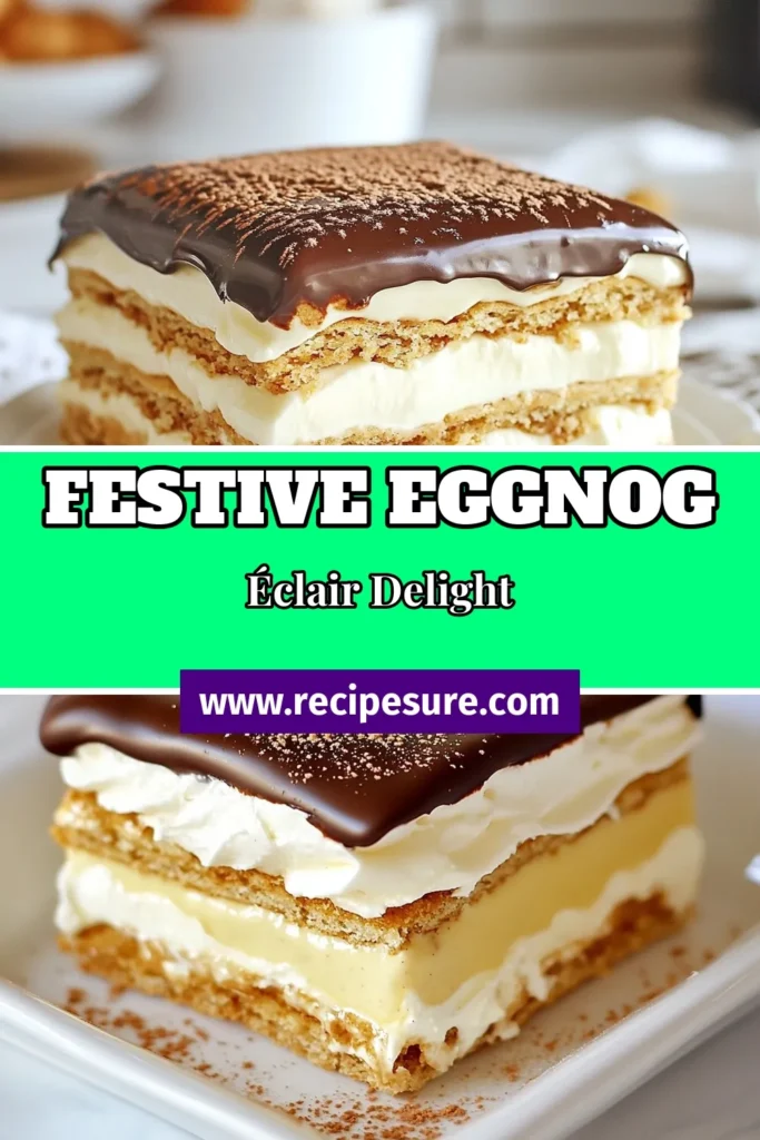 Indulge in the ultimate holiday treat with this delicious Eggnog Éclair Cake! This no-bake eggnog dessert combines creamy layers of vanilla pudding, festive graham crackers, and a rich chocolate ganache for a mouthwatering finish. Perfect for your holiday gatherings, this easy-to-make holiday dessert recipe will impress everyone at your table. Get ready to make this festive graham cracker dessert and spread the cheer! Save for later! #EggnogEclairCake #NoBakeDessert #HolidayRecipe #FestiveDessert