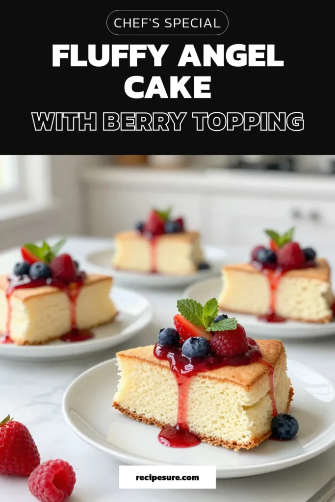 Indulge in this easy angel food cake recipe that's perfect for any occasion! This fluffy cake with berries is paired with a delightful berry compote dessert, making it a must-try homemade dessert with fruit. With simple ingredients and easy steps, you can create a light and airy treat that everyone will love. Don't miss out – save this classic angel food cake recipe now! #AngelFoodCake #BerryCompote #HomemadeDessert #BakingRecipes