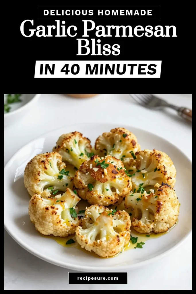 Enjoy this delicious Garlic Parmesan Roasted Cauliflower recipe for a flavorful and healthy side dish! Featuring tender Garlic Parmesan Cauliflower, this recipe is perfect for any meal. Toss cauliflower with garlic and olive oil, then roast until golden for the best Garlic Roasted Vegetables. Ready in just 40 minutes, it’s a must-try for lovers of Cauliflower with Parmesan Cheese. Save this Healthy Cauliflower Side Dish for your next dinner! #HealthyRecipes #Cauliflower #GarlicParmesan #RoastedVegetables