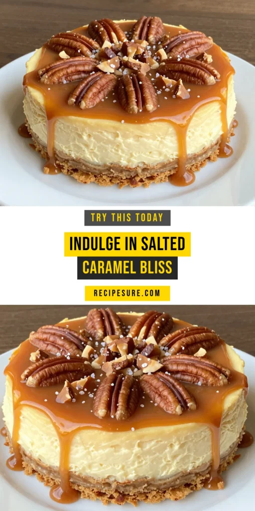 Indulge in the rich flavors of this Salted Caramel Pecan Cheesecake! This cream cheese cheesecake recipe combines a buttery graham cracker crust with a luscious no bake cheesecake filled with salted caramel and topped with crunchy pecans. Perfect as an easy cheesecake for dessert, it's a crowd-pleaser for any occasion. Get the recipe and start baking today! #SaltedCaramelPecanCheesecake #NoBakeCheesecake #EasyDessert #PecanToppedCheesecake