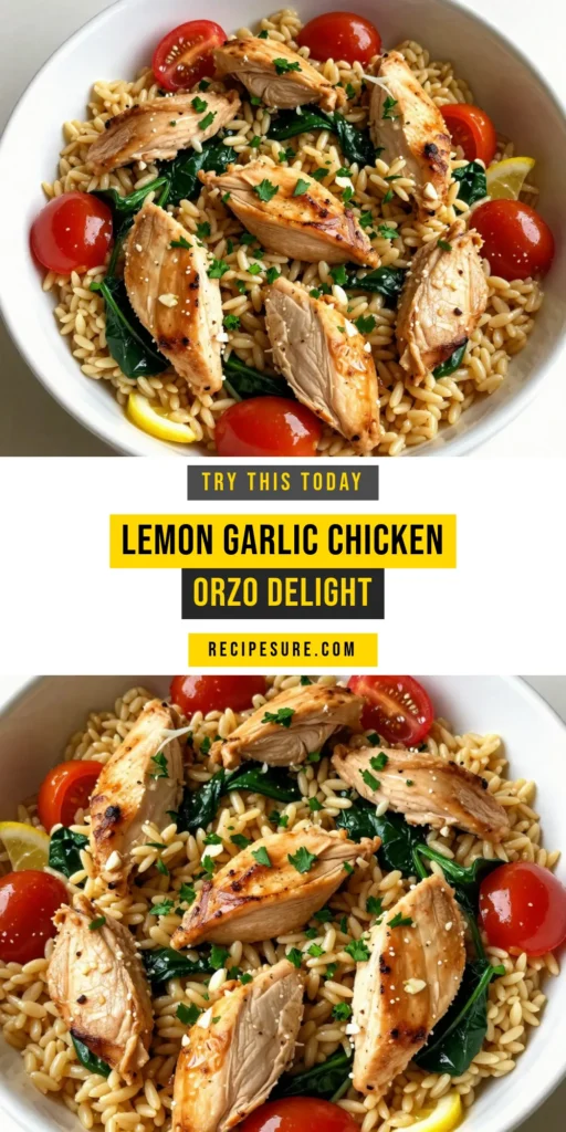 Discover a delicious Lemon Garlic Chicken Recipe with this one pot chicken orzo dish! Perfect for busy weeknights, this easy dinner recipe combines tender chicken, zesty lemon, and vibrant veggies all cooked in one skillet. Enjoy a healthy lemon chicken dish that your family will love. Try this orzo skillet dish and elevate your dinner routine. Click to save and cook this delightful meal tonight! #EasyDinnerRecipes #ChickenOrzo #HealthyEating #OnePotMeals