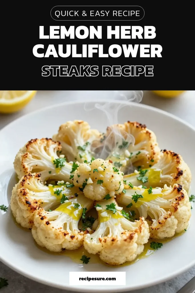 Discover the art of flavor with these Lemon Herb Cauliflower Steaks! This roasted cauliflower recipe is not only delicious but also a healthy vegetarian cauliflower dish that's perfect for any meal. Easy to make and packed with zesty lemon and aromatic herbs, it’s a must-try. Elevate your dinner tonight with this easy cauliflower recipe that everyone will love! Click for the full recipe and save for later! #CauliflowerSteaks #RoastedCauliflower #HealthyRecipes #VegetarianDishes