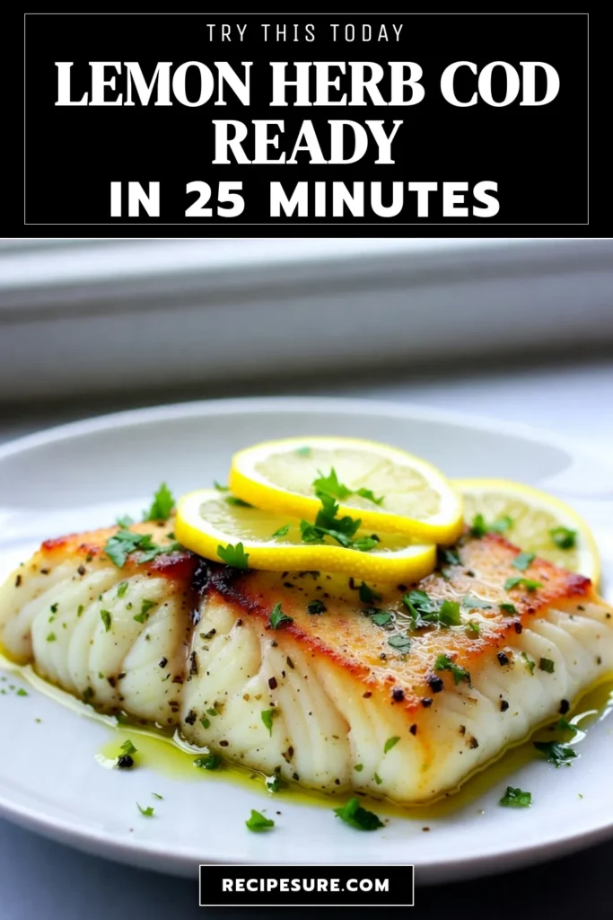 Discover the delightful Lemon Herb Baked Cod recipe that makes for an easy baked cod with lemon that's perfect for any meal! This healthy cod recipe features tender oven baked cod fillets seasoned with fresh lemon, garlic, and herbs. Enjoy a nutritious dish ready in just 25 minutes. Click to try this simple yet flavorful cod with lemon and herbs today! #HealthyEating #EasyRecipes #BakedCod #FishDinner