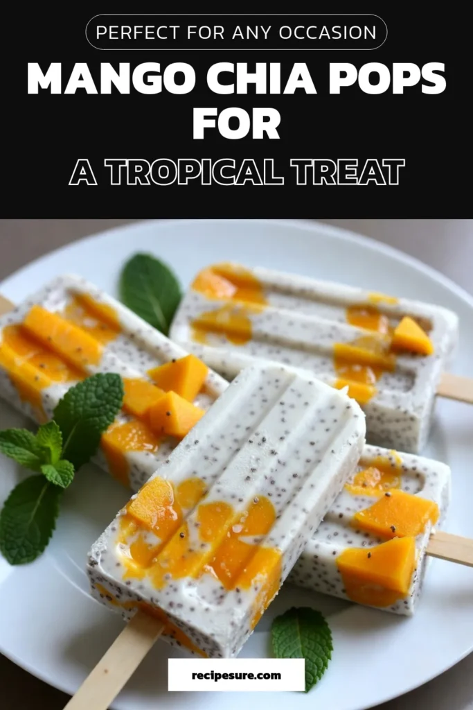 Beat the heat with these delicious Coconut Mango Popsicles! This healthy frozen treat combines creamy coconut milk with ripe mango and chia seeds for a delightful chia seed dessert recipe that's both dairy-free and refreshing. Perfect for tropical fruit lovers, these Coconut Mango Chia Pops are easy to make and guilt-free. Try them today and enjoy a taste of the tropics! Don’t forget to save this recipe! #CoconutMangoPopsicles #ChiaSeedDessert #HealthyFrozenTreats #DairyFreePopsicles