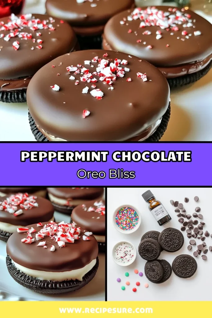 Indulge in the festive delight of Peppermint Chocolate Dipped Oreos! This easy peppermint desserts recipe combines creamy chocolate with crunchy Oreos and crisp peppermint for a perfect holiday treat. In just 40 minutes, you can whip up these no bake Oreo treats that are perfect for any celebration. Make these simple chocolate dipped Oreos your go-to holiday cookie recipe! Save this recipe for your next gathering! #PeppermintChocolateOreos #ChocolateDippedOreos #EasyPeppermintDesserts #HolidayCookieRecipes