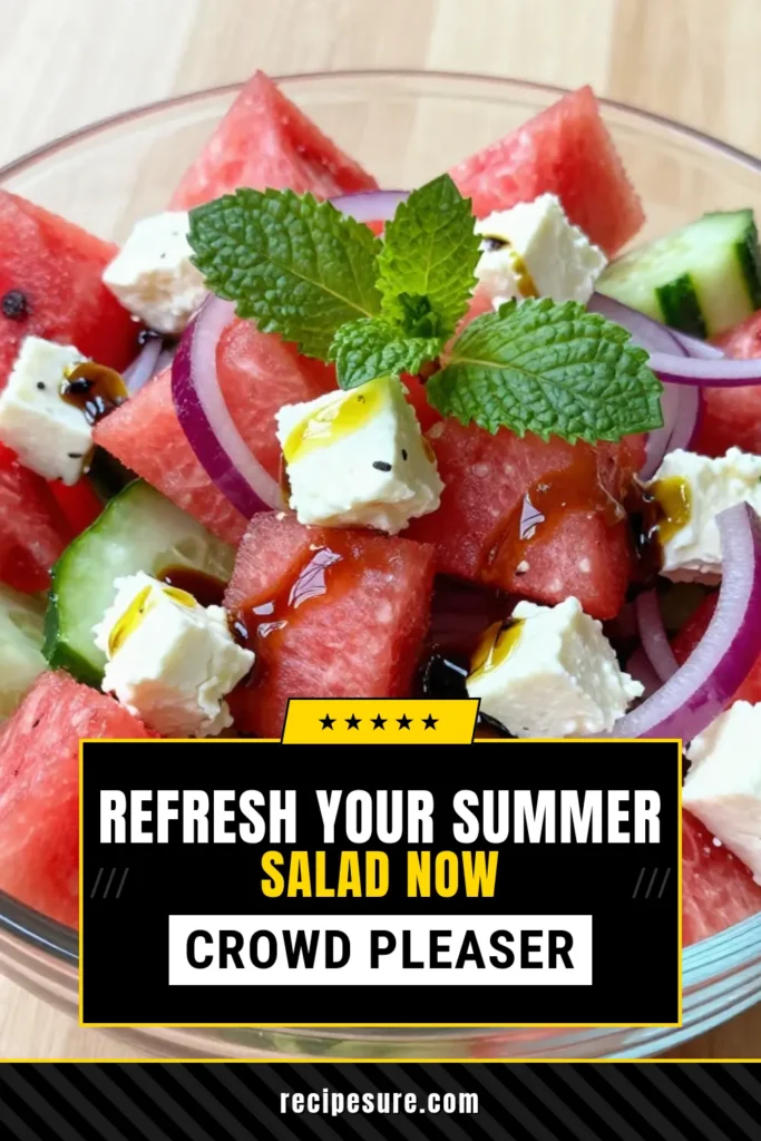 Try this Watermelon Cucumber Feta Salad for a deliciously refreshing summer treat! This feta cheese salad recipe combines juicy watermelon and crunchy cucumber for a perfect summer salad idea. It's easy to prepare and perfect for gatherings. This refreshing watermelon recipe is light, satisfying, and packed with flavor. Don't forget to save this refreshing cucumber and feta salad for your next picnic! #WatermelonSalad #FetaCheese #SummerRecipes #HealthySalad