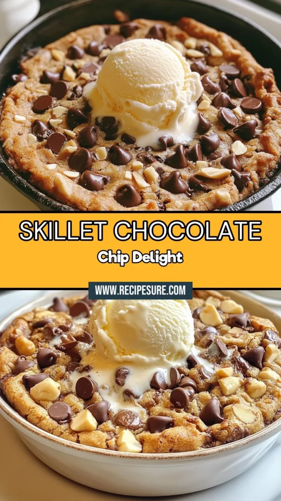 Indulge in this delicious Chocolate Chip Cookie Skillet, the ultimate easy cookie recipe for dessert lovers! Perfectly warm and gooey, this baked chocolate chip cookie is best enjoyed straight from the skillet with a scoop of vanilla ice cream. It's a crowd-pleaser for family gatherings or cozy nights in. Try this skillet dessert today and make every bite a sweet memory! Don’t forget to save the recipe! #ChocolateChipCookieSkillet #EasyCookieRecipe #SkilletDessert #WarmCookieWithIceCream
