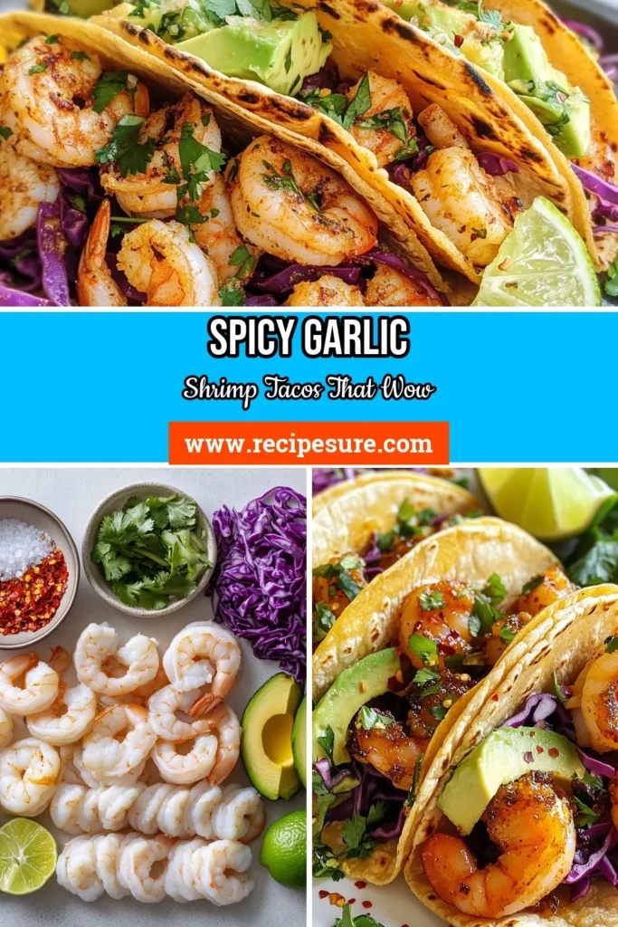 Savor the deliciousness of spicy garlic shrimp tacos with this easy shrimp taco recipe! In just 20 minutes, you can whip up these healthy taco recipes featuring succulent shrimp, zesty garlic, and a creamy avocado dressing for tacos that elevates every bite. Perfect for any night! Try this mouthwatering spicy garlic shrimp tacos dish and satisfy your taste buds. Don't forget to save this recipe for your next meal! #ShrimpTacos #HealthyRecipes #TacoTuesday #EasyDinners