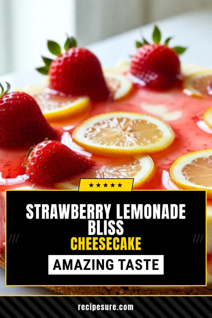 Beat the summer heat with this refreshing strawberry lemonade cheesecake! This no-bake cheesecake recipe combines creamy cheesecake with strawberries and tangy lemon for the perfect summer dessert. Easy to make and stunning to serve, it's ideal for picnics or gatherings. Impress your friends with this delightful lemon cheesecake dessert that’s both sweet and tart. Don’t forget to save and share this delicious treat! #SummerDesserts #NoBakeCheesecake #StrawberryLemonade #CheesecakeRecipe