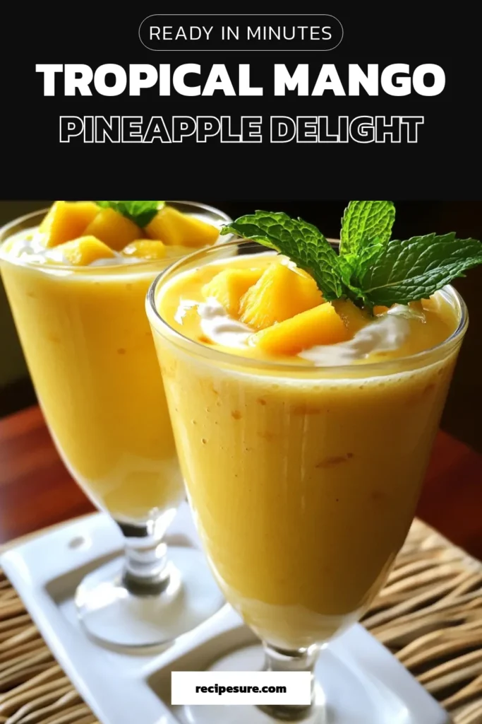 Indulge in this Tropical Smoothie Recipe with our delicious mango pineapple smoothie! Packed with healthy smoothie ingredients like ripe mango, fresh pineapple, and creamy coconut milk, this refreshing smoothie recipe is perfect for a hot day. Enhance your drink with Greek yogurt for extra creaminess. Blend, sip, and savor the tropics! Save this recipe for your next smoothie craving! #TropicalSmoothie #MangoPineapple #HealthySmoothie #CoconutMilkSmoothie