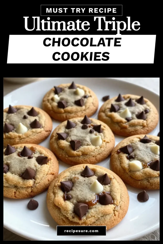 Indulge in these irresistible triple chocolate chip cookies that combine semi-sweet, milk, and white chocolate for the ultimate treat. This easy chocolate cookie recipe guarantees soft chocolate chip cookies that melt in your mouth. Perfect for any occasion, they are among the best chocolate chip cookies you can make at home. Try this simple homemade cookie recipe today and impress your friends and family with every bite. Save this recipe for your baking adventures! #TripleChocolateChipCookies #EasyChocolateCookieRecipe #HomemadeCookieRecipes #BestChocolateChipCookies